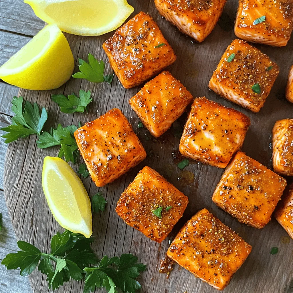 - 1 lb fresh salmon, cut into bite-sized cubes - 2 tablespoons Cajun seasoning - 1 tablespoon olive oil - 1 teaspoon garlic powder - 1 teaspoon onion powder - 1 teaspoon smoked paprika - Salt and freshly ground black pepper to taste - Lemon wedges for serving - Fresh parsley, finely chopped (for garnish) Using fresh ingredients is key for great flavor. Fresh salmon gives a firm texture and rich taste. The Cajun seasoning brings that spicy kick, while fresh parsley adds a bright note. Fresh lemon wedges enhance the dish with a zesty burst. When you use fresh ingredients, you boost the overall taste of your meal. It makes the salmon bites more enjoyable and healthy. Don’t worry if you can’t find all the exact ingredients. Here are some easy swaps: - Salmon: Any firm fish like trout or tilapia works well. - Cajun seasoning: You can use Creole seasoning for a different flavor. - Olive oil: Avocado oil or any light oil can also be used. - Spices: Swap smoked paprika for regular paprika or chili powder for heat. - Parsley: Use cilantro for a fresh twist. These alternatives can help you create a tasty dish even if you’re missing some items. To start, gather your ingredients. In a mixing bowl, combine: - 2 tablespoons Cajun seasoning - 1 tablespoon olive oil - 1 teaspoon garlic powder - 1 teaspoon onion powder - 1 teaspoon smoked paprika - A pinch of salt - A dash of black pepper Whisk these ingredients together until smooth. This marinade packs a punch of flavor. It will make your salmon bites super tasty. Now, take your fresh salmon. Cut it into bite-sized cubes. Add these cubes to the marinade. Make sure each piece is covered well. This helps the salmon soak up all those spices. Cover the bowl and refrigerate it for at least 15 minutes. This step is key for great taste. While your salmon marinates, preheat your air fryer to 400°F (200°C). Let it heat for about 5 minutes. This step is important for getting that crispy outside. After preheating, place the marinated salmon bites in the air fryer basket. Make sure they are in a single layer. Avoid crowding the basket. This way, they will cook evenly. Air fry the salmon bites for 8 to 10 minutes. Halfway through, shake the basket gently. This helps them cook evenly and get that lovely texture. When done, the salmon should be golden brown on the outside. Inside, it should be tender and flaky. Once cooked, remove the salmon bites from the air fryer. Let them rest for a minute. This helps the juices settle. To serve, arrange the salmon bites on a colorful platter. Add lemon wedges for a zesty touch. Finally, sprinkle fresh parsley on top for a nice finish. Enjoy these bites with a dipping sauce if you like! To make the best marinade, mix your spices well. Combine Cajun seasoning, garlic powder, onion powder, and smoked paprika. Add olive oil, salt, and pepper. This mix adds deep flavor to your salmon. Make sure you coat every piece of salmon in the marinade. Let it sit in the fridge for at least 15 minutes. This allows the flavors to soak in, making each bite tasty. When air frying, arrange the salmon bites in a single layer. Overcrowding leads to uneven cooking. If you stack them, some may not cook through. Shake the basket halfway through cooking. This helps the salmon get that nice, even brown on all sides. Trust me; it makes a big difference. To get a perfect texture, preheat your air fryer to 400°F (200°C). This step is crucial for crispiness. The salmon should be golden on the outside and tender on the inside. Timing is key—8 to 10 minutes is all you need. Let the bites rest for a minute after cooking. This allows the juices to settle, giving you a juicy bite every time. {{image_4}} You can customize these salmon bites with different seasonings. Try lemon pepper for a zesty twist. Italian herbs also work well for a fragrant flavor. If you like heat, add cayenne pepper for extra kick. You can even mix in some honey for a sweet and spicy combo. If you don’t have an air fryer, you can bake or pan-sear the salmon bites. For baking, preheat your oven to 400°F. Place the salmon on a lined baking sheet and cook for 12-15 minutes. For pan-searing, heat oil in a skillet over medium heat. Cook the salmon bites for about 3-4 minutes on each side until golden brown. These Cajun salmon bites pair well with many sides. Consider serving them with a fresh salad or coleslaw for crunch. Rice or quinoa adds a nice base, too. You can also serve a tangy dipping sauce, like a garlic aioli or a creamy ranch. Don't forget lemon wedges for that bright flavor! To store leftover salmon bites, let them cool first. Place them in an airtight container. This keeps them fresh. You can store them in the fridge for up to three days. If you want to keep them longer, consider freezing. To reheat the salmon bites, use your air fryer. Set it to 350°F (175°C). Heat them for about 3-5 minutes. This method keeps them crispy. You can also use a microwave, but the texture may change. If you use the microwave, heat for 30 seconds at a time. If you want to freeze the salmon bites, wrap them in plastic wrap. Then, place them in a freezer bag. Remove as much air as possible before sealing. Frozen salmon bites can last up to three months. When ready to eat, thaw them in the fridge overnight. Then, reheat using the air fryer for the best results. The best way to cut salmon for bites is to use a sharp knife. First, place the salmon skin-side down on a cutting board. Cut the salmon into strips about one inch wide. Then, slice those strips into bite-sized cubes. This method ensures even pieces that cook well. Yes, you can use frozen salmon. However, I recommend thawing it first. Thaw the salmon in the fridge overnight or use cold water for a quicker method. Once thawed, you can cut it into cubes and follow the recipe as usual. To check if the salmon is cooked through, use a fork. Gently flake the salmon at its thickest part. If it flakes easily and is opaque, it’s done. The internal temperature should be 145°F (63°C) for safety. Cajun salmon bites pair well with many sides. You can serve them with a fresh salad or a zesty coleslaw. Consider adding rice or quinoa for a filling meal. A dipping sauce like garlic aioli complements the flavors nicely. In this post, we explored the best ways to make tasty salmon bites. We reviewed the key ingredients, the steps to marinate and cook, and shared tips for perfect results. You can play with flavors and try different cooking methods to suit your taste. Remember, fresh ingredients make a big difference in flavor. With the right storage and reheating tips, you can enjoy these bites later too. Dive in, experiment, and enjoy your delicious creation!
