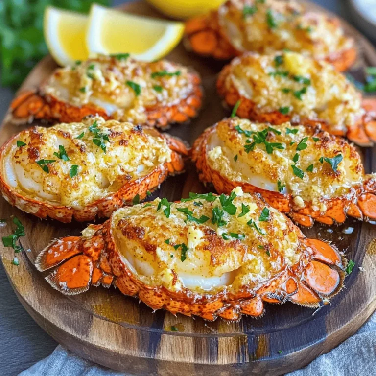 - 2 lobster tails, thoroughly thawed if previously frozen - 4 tablespoons unsalted butter, at room temperature - 4 cloves garlic, minced finely - 1 teaspoon fresh parsley, finely chopped - Juice of half a fresh lemon - Salt and freshly cracked pepper, to taste - Lemon wedges, for serving Using fresh lobster makes a big difference in flavor. Fresh lobster has a sweet, clean taste. It also offers a tender texture that frozen lobster lacks. You can often find fresh lobster tails at local fish markets. Ask the seller how long they have been in stock. Fresh garlic adds a punch of flavor too. Its sharpness cuts through the richness of the butter. When you use fresh garlic, it tastes more vibrant. Always choose firm cloves with no soft spots or sprouting. This ensures you get the best taste in your dish. You will need a few simple tools for this recipe: - Kitchen shears: These help you safely cut the lobster tails. - Baking sheet: This holds the lobster tails while they cook. - Small saucepan: Use this to melt the butter and mix in the garlic. These tools make the cooking process easy and fun. Having the right equipment helps you create the best garlic butter lobster tails! 1. Preheating the oven’s broiler: Start by preheating your oven’s broiler on high. This step is vital for a perfect finish. Make sure it’s fully heated before moving on to cooking. 2. Preparing the lobster tails: Grab your kitchen shears. Carefully slice the lobster tails in half lengthwise. Be gentle to keep the shells intact while exposing the sweet meat. Place the halved tails, shell side down, on a lined baking sheet. 1. Melting the butter and sautéing garlic: In a small saucepan, melt the unsalted butter over medium heat. Stir often to prevent the butter from burning. Once melted, add the minced garlic. Sauté for about 1-2 minutes. You want it to smell great but not brown. 2. Broiling the lobster tails: Now it’s time to cook the lobster. Generously spoon the garlic butter mixture over the lobster meat. Then, place the baking sheet under the broiler. Broil for 5-7 minutes. The lobster is ready when the meat turns opaque and a light golden color appears on top. 1. Plating the lobster tails: Carefully take out the baking sheet from the oven. Let the lobster tails cool for a minute. Then, transfer them to a rustic wooden platter for an impressive display. 2. Garnishing tips: Garnish your lobster tails with fresh parsley sprigs and lemon wedges. This adds a pop of color. Drizzle any leftover garlic butter over the lobster just before serving to enhance the flavor. Enjoy your delicious creation! To cook lobster evenly, always thaw lobster tails fully before cooking. This helps the meat cook through without drying out. Cut the lobster tails in half lengthwise to expose more meat. This allows for better heat distribution and quicker cooking. For garlic butter, melt the butter over medium heat. Stir it often to prevent burning. When the butter is melted, add minced garlic. Cook it for only 1-2 minutes until fragrant. Watch it closely; burnt garlic turns bitter. After the garlic is ready, mix in parsley and lemon juice for extra flavor. Serve lobster tails on a rustic wooden platter for a stunning display. This adds charm to your table. Garnish with fresh parsley sprigs and bright lemon wedges for color. Drizzle any leftover garlic butter over the lobster tails right before serving. This enhances the flavors and makes it look appealing. Avoid overcooking the lobster. Cook until the meat turns opaque and lightly golden. This usually takes about 5-7 minutes under the broiler. If you leave it too long, the meat can become rubbery and tough. Be careful not to burn the garlic. It should smell sweet and fragrant. If it starts to brown, remove it from the heat right away. Burnt garlic can ruin the taste of your dish, so stay attentive as it cooks. {{image_4}} You can make your lobster tails even better. Add spices like paprika or cayenne for heat. A small pinch of these spices brings out the lobster's natural flavor. You can also use herbs like thyme or rosemary. These herbs add a fresh taste to your dish. Try mixing and matching to find your favorite blend. Grilling lobster tails gives them a lovely smoky flavor. Simply brush them with garlic butter and place on the grill. Cook until the meat is opaque and the shells turn bright red. Another great method is using an air fryer. This method gives you a crispy texture on the outside while keeping the meat juicy. Adjust cooking time to ensure even results. Pair your lobster tails with side dishes for a complete meal. Steamed asparagus or garlic mashed potatoes work well. They complement the rich flavors of the lobster. For wine, choose a crisp white like Sauvignon Blanc. This wine balances the buttery taste and enhances the meal's overall experience. Consider lemon wedges for a fresh squeeze right before eating. After enjoying your Minute Garlic Butter Lobster Tails, you might have some leftovers. Here’s how to store them properly: - Refrigeration guidelines: Place the cooked lobster tails in an airtight container. They will stay fresh for up to 3 days in the fridge. Make sure to cool them to room temperature before sealing. - Freezing lobster tails: If you want to keep them longer, you can freeze the leftovers. Wrap each tail tightly in plastic wrap, then place them in a freezer bag. They can last up to 3 months in the freezer. Just remember to label the bag with the date. Reheating lobster tails can be tricky. You want to keep them moist and flavorful. Here are my tips: - Safely reheating without drying out: The best way is to use the oven. Preheat it to 350°F (175°C). Place the lobster tails in a baking dish with a little water. Cover the dish with foil to trap steam. Heat them for about 10-15 minutes. - Best methods for retaining flavor: If you prefer the microwave, use a low setting. Place the tails on a microwave-safe plate. Add a splash of water and cover with a damp paper towel. Heat in short bursts of 30 seconds until warm. Knowing how long cooked lobster tails last helps you avoid waste. Here’s what you need to know: - How long cooked lobster tails last: Cooked lobster tails can stay good in the fridge for 3 days. If frozen, they last up to 3 months. - Signs of spoilage: Always check for any off smells or changes in color. If the meat looks dull or slimy, it's best to throw it away. Fresh lobster should always smell like the sea, not fishy. Cooking lobster tails typically takes about 5 to 7 minutes under the broiler. You can also boil them, which takes about 8 to 10 minutes. Grilling takes a bit longer, around 10 to 12 minutes. Always watch closely to avoid overcooking. Yes, you can use frozen lobster tails. Thaw them in the fridge overnight for best results. If you're in a hurry, place them in cold water for about 30 minutes. Make sure they are fully thawed before cooking for even cooking. Look for the meat to turn opaque, a sign it is cooked. The top should have a light golden color. If the lobster is firm to the touch, it’s likely ready. You can also use a meat thermometer; the internal temperature should reach 145°F. Yes, you can prep the garlic butter mix ahead of time. Store it in the fridge until you’re ready to use it. You can also cut the lobster tails and keep them in the fridge. Just cook them fresh to enjoy the best flavors. In this post, I showed you how to make delightful garlic butter lobster tails. We discussed the best fresh ingredients, useful kitchen tools, and step-by-step cooking methods. Use my tips to enhance flavors and avoid common mistakes. Remember, fresh is always best for taste and quality. Now, you can impress anyone with a gourmet meal that's easy to prepare. Enjoy cooking and tasting your lobster tails!