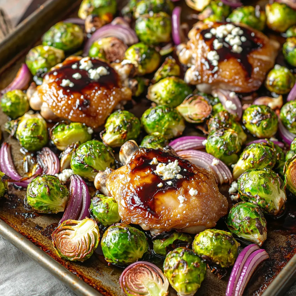 - 4 boneless, skinless chicken thighs - 1 pound Brussels sprouts, trimmed and halved - 1 large red onion, sliced into wedges - 1/4 cup balsamic vinegar - 2 tablespoons honey - 3 tablespoons olive oil - 3 cloves garlic, minced - 1 teaspoon dried thyme - 1 teaspoon dried oregano - Salt and freshly cracked black pepper, to taste For this dish, the main ingredients shine. Chicken thighs bring juicy flavor. Brussels sprouts add a crisp texture. Red onion gives a sweet touch. This trio makes a wonderful base. The marinade uses simple yet powerful flavors. Balsamic vinegar adds tang and depth. Honey brings a sweet balance. Olive oil helps keep everything moist. Garlic gives a warm aroma. Each ingredient works together for a tasty mix. For seasoning, dried thyme and oregano offer earthy notes. Salt and pepper enhance all flavors. Together, these ingredients create a delightful dish. You will love how they blend in the oven. - Preheat the Oven: Set your oven to 425°F (220°C). This heat is perfect for roasting. - Make the Marinade: In a small bowl, mix balsamic vinegar, honey, olive oil, minced garlic, dried thyme, dried oregano, and a pinch of salt and pepper. Whisk until smooth and thick. - Coat the Chicken Thighs: Place the chicken thighs in a bowl or bag. Pour half of the marinade over the chicken. Make sure every piece is coated well. - Recommended Marinating Time: Let the chicken sit for 15 minutes at room temperature. For more flavor, refrigerate it up to 4 hours. - Tossing Brussels Sprouts and Onions: In another bowl, take the halved Brussels sprouts and onion wedges. Pour the rest of the marinade on them. Toss until coated evenly. - Arranging on the Baking Sheet: Line a large baking sheet with parchment paper. Place the marinated chicken in the center. Spread the Brussels sprouts and onions around the chicken. - Baking Time and Temperature: Put the baking sheet in your preheated oven. Bake for 25 to 30 minutes. The chicken should reach 165°F (75°C), and the sprouts should be tender and caramelized. - Checking for Doneness: Use a meat thermometer to check the chicken. Make sure it’s fully cooked before serving. - Resting the Dish: After baking, take the sheet out of the oven. Let the chicken and vegetables rest for about 5 minutes. This helps keep them juicy. - Garnishing Tips: If you like, sprinkle crumbled feta cheese on top for extra flavor. The cheese adds a nice creamy touch to the dish. - How to Achieve Perfectly Roasted Chicken To get juicy chicken, choose boneless, skinless thighs. They are more tender than breasts. Marinate them well with the balsamic mix for strong flavor. Use a high oven temperature of 425°F. This helps brown the chicken and adds texture. Cook until the internal temperature hits 165°F. A meat thermometer makes this easy. - Ensuring Crispy Brussels Sprouts For crispy Brussels sprouts, trim and halve them evenly. Toss them in the same marinade as the chicken. Spread them in a single layer on the baking sheet. Avoid crowding; this keeps moisture down and allows for good browning. Watch them closely in the last few minutes of baking. They should be golden and crispy. - Alternatives for Chicken Thighs If you want a different meat, chicken breasts work well, too. You can also try turkey thighs for a leaner option. For a vegetarian twist, use firm tofu or tempeh. Just ensure to adjust the cooking time for any substitutions. - Other Vegetables to Use Brussels sprouts are great, but you can mix in other veggies. Try carrots, bell peppers, or zucchini. These can add color and flavor. Just make sure they cut to similar sizes for even cooking. - Best Sides to Pair with Your Dish This dish pairs well with rice or quinoa. Both can soak up the balsamic sauce nicely. A fresh salad adds a nice crunch. Consider a simple green salad or a grain-based salad for more texture. - Wine Pairing Tips A light red wine, like Pinot Noir, works well here. It complements the balsamic flavors. If you prefer white, a dry Sauvignon Blanc suits the dish too. Enjoying it with your meal can enhance the flavors even more. {{image_4}} Adding spices can change the taste of your dish. Try a pinch of smoked paprika or red pepper flakes for warmth. For a fresh twist, include herbs like basil or parsley. Creamy sauces can also add richness. Consider a drizzle of yogurt or a light cream sauce after baking. These can enhance the flavor and texture of your meal. If you want a low-carb option, swap out some veggies. Use zucchini, cauliflower, or asparagus instead of Brussels sprouts. Adjust the marinade too by reducing honey or using a sugar-free sweetener. This keeps the dish tasty while lowering carbs. You can mix in other proteins for variety. Try adding shrimp or salmon for a seafood twist. If you want a vegetarian option, substitute the chicken with chickpeas or tofu. This keeps the dish hearty and filling, while still being easy to make. - Refrigeration Tips: Place any leftover chicken and Brussels sprouts in a shallow, airtight container. Make sure to cool them to room temperature first. Store them in the fridge for up to 3 days. This keeps the flavors fresh and safe to eat. - Freezing Options: You can freeze leftovers, too! Pack the chicken and veggies in a freezer bag. Squeeze out as much air as possible. They can last up to 3 months in the freezer. Thaw them in the fridge before reheating. - Best Methods for Chicken: For chicken, the oven is best. Preheat it to 350°F (175°C). Place the chicken on a baking sheet and heat for about 15 minutes. This keeps it juicy and tasty. - Keeping Brussels Sprouts Fresh: To reheat Brussels sprouts, use a skillet. Heat a little olive oil over medium heat. Add the sprouts and cook for about 5 minutes, stirring often. This keeps them crispy. - How Long to Keep in Fridge: In the fridge, your dish is good for 3 days. After that, it might lose its taste and texture. - Signs of Spoilage: Look for a bad smell, slimy texture, or any discoloration. If you see these signs, it’s best to throw it away. Eating spoiled food can make you sick. You can tell the chicken is done when it reaches 165°F (75°C) inside. Use a meat thermometer for accuracy. The juices should run clear, and the meat should feel firm. Cut into the thickest part to check for pinkness. If there is no pink, it’s ready! Yes! You can marinate the chicken a few hours in advance. This helps the flavor develop. You can also chop the veggies the night before. Store everything in separate containers in the fridge until you are ready to cook. If you need a swap, try red wine vinegar or apple cider vinegar. Both give a nice tang. You can also mix in a bit of honey for sweetness. This will help mimic the flavor of balsamic vinegar. Yes, this recipe is gluten-free! All the ingredients used, like chicken, veggies, and spices, are naturally gluten-free. Just check any added ingredients, like feta, to make sure they are also gluten-free. To add heat, sprinkle red pepper flakes on the chicken and veggies before baking. You can also add a dash of hot sauce to the marinade. For more flavor, try adding chopped fresh jalapeños or a spicy mustard to the mix! This post covered a delicious meal featuring chicken thighs and roasted veggies like Brussels sprouts and red onion. We explored the marinade and seasoning that enhance the flavors. You learned step-by-step cooking tips and how to store leftovers properly. Remember, you can adjust ingredients and try new flavors too. Enjoy your cooking journey and make this dish your own!