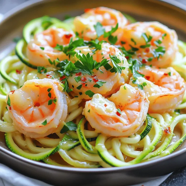 - 1 lb large shrimp, peeled and deveined - 4 medium zucchini, spiralized into zoodles - 3 tablespoons unsalted butter - 4 cloves garlic, minced - 1 teaspoon paprika - 1 teaspoon lemon zest - 1 tablespoon fresh lemon juice - 1 teaspoon fine sea salt - ½ teaspoon freshly ground black pepper - Fresh parsley, finely chopped (for garnish) - Red pepper flakes (optional, for an extra kick) To create this savory dish, you need fresh ingredients. Start with large shrimp. They add a sweet and juicy bite. Next, grab some zucchini. Spiralize them into zoodles. They serve as a light and healthy base. For flavor, butter is key. It brings richness and a smooth texture. Garlic enhances the dish with its strong aroma. Paprika adds warmth and a hint of spice. Lemon zest and juice brighten the flavors with a fresh punch. Seasoning is crucial. Sea salt brings out the taste of the shrimp. Black pepper adds depth. Fresh parsley is not just for looks; it adds freshness. If you enjoy heat, consider red pepper flakes for an extra kick. These ingredients come together to create a simple yet delightful meal. The balance of flavors makes this dish exciting and satisfying. Enjoy the ease of preparation with this recipe, and let the fresh ingredients shine! - Preheat your oven to 400°F (200°C). - Line a large baking sheet with parchment paper. - Melt 3 tablespoons of butter in a medium saucepan. - Sauté 4 cloves of minced garlic until fragrant. - Combine the garlic with 1 teaspoon paprika, 1 teaspoon lemon zest, 1 tablespoon fresh lemon juice, 1 teaspoon salt, and ½ teaspoon black pepper. Mix well. - Coat 1 lb of peeled and deveined shrimp in the garlic butter mixture. - Arrange the shrimp and 4 spiralized zucchini (zoodles) on the baking sheet. - Bake for 10-12 minutes, until shrimp are pink and zoodles are tender. To make your dish pop, use fresh lemon juice. It adds a bright, zestier taste. You can also add more garlic or spices. This will give the shrimp a bolder flavor. Don’t be shy to experiment with seasonings! Avoid overcooking the shrimp. Perfectly cooked shrimp should be pink and firm. Keep an eye on the timer. Aim for about 10-12 minutes in the oven. For the zoodles, they should be tender yet still firm. Overcooked zoodles can turn mushy, which is not what you want. For a beautiful look, arrange zoodles in shallow bowls. Top them with the shrimp. This makes the dish inviting. Drizzle the remaining garlic butter over everything. A sprinkle of fresh parsley adds a pop of color. Enjoy your beautifully plated meal! {{image_4}} You can swap shrimp with chicken or firm tofu. Chicken thighs work best for their juicy texture. Firm tofu absorbs flavors well and adds protein. You might also try scallops or mixed seafood. These options keep the dish fresh and exciting. Zucchini is great, but you can change it up. Use sweet potatoes or carrots for a different taste. Spiralized veggies add fun shapes to your meal. You can also toss in bell peppers, asparagus, or cherry tomatoes. Each brings its own flavor and crunch. Want to spice it up? Experiment with herbs like basil or cilantro. They add a burst of freshness. If you like heat, try different chili flakes or hot sauce. This will give your dish a kick and make it even more enjoyable. Store any leftovers in an airtight container in the fridge. This keeps them fresh. Consume within 2-3 days for best quality. After this time, the shrimp may lose flavor and texture. You can freeze shrimp to keep them for a longer time. Make sure to separate the shrimp from the zoodles. This helps with best preservation. When ready to eat, reheat the shrimp. Be careful not to overcook them. Use a skillet to gently reheat your dish. This method ensures even heating. Avoid using a microwave if possible, as it can make the shrimp rubbery. For the zoodles, add a splash of water to help them steam and warm up without losing their texture. Yes, you can prep shrimp and zoodles ahead of time. Store the shrimp in the fridge after coating them in the garlic butter mix. Spiralize the zucchini and keep it in a separate container. When you're ready to eat, just bake everything together. This saves time and keeps the meal fresh. You can pair this dish with a variety of sides. Here are some ideas: - A light green salad with lemon vinaigrette - Crusty bread to soak up the garlic butter - Quinoa or rice for added texture - Steamed asparagus or green beans for extra veggies These options create a complete meal and balance the flavors. Yes, you can use other proteins. Here are some alternatives: - Chicken breast, cut into bite-sized pieces - Firm tofu for a vegetarian option - Scallops for a seafood twist - Mixed seafood for added variety Each substitute will bring its own flavor and texture to the dish. This blog post provided a clear guide to making Sheet-Pan Garlic Butter Shrimp and Zoodles. We explored essential ingredients, from fresh shrimp to zucchini noodles, and learned how to enhance flavor with garlic and lemon. I shared tips for cooking, presentation, and even variations for alternate proteins and veggies. In conclusion, cooking can be fun and simple. This dish offers a delicious, healthy meal that is easy to prepare. Don't be afraid to experiment with flavors or ingredients to make it your own. Enjoy your cooking journey!