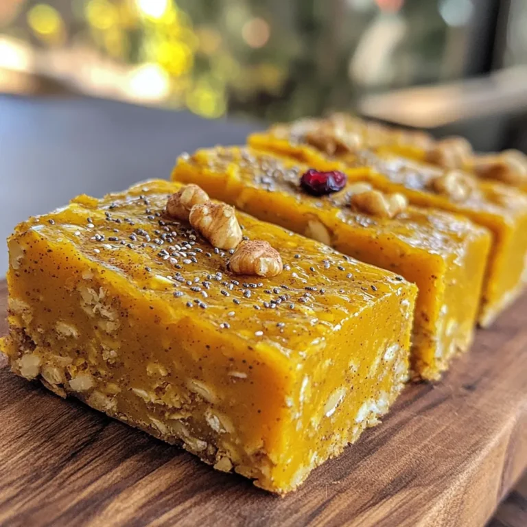 To make your Pumpkin Spice Energy Bars, you will need to gather these simple ingredients: - 1 cup rolled oats - 1 cup almond butter - 1/2 cup canned pumpkin puree - 1/4 cup honey or maple syrup - 1 teaspoon vanilla extract - 1 teaspoon pumpkin spice mix - 1/2 teaspoon salt - 1/2 cup chopped nuts (walnuts or pecans) - 1/4 cup dried cranberries or raisins - 2 tablespoons chia seeds or flaxseeds These ingredients blend together to create a tasty and healthy snack. The oats give you energy, while the pumpkin adds flavor and moisture. Almond butter provides healthy fats, and honey or maple syrup adds just the right sweetness. You can choose walnuts or pecans for crunch, and the chia seeds add extra nutrition. This mix makes each bar rich in flavor and satisfying. Feel free to explore different combinations or add your favorite nuts and dried fruits. Enjoy the process of creating something delicious! - Preheat the oven to 350°F (175°C). - Prepare an 8x8-inch baking pan by lining it with parchment paper. - In a large bowl, mix the rolled oats, almond butter, pumpkin puree, honey, and vanilla extract. - Add the pumpkin spice mix and salt to the bowl. - Use a sturdy spoon to mix everything well until it forms a thick batter. - Gently fold in the chopped nuts and dried cranberries along with the chia seeds. - Ensure everything is evenly mixed for the best flavor and texture. - Transfer the mixture to the baking pan and press it down firmly to compact it. - Place the pan in the oven and bake for 20-25 minutes. - Watch for the edges to turn golden brown and the center to set. - Remove the pan and let it cool for about 10 minutes. - Carefully lift the parchment paper to get the bars out of the pan. - Allow the bars to cool completely on a wire rack. - Once cool, cut them into bars of your choice. - Keep an eye on the baking time to avoid over-baking. - Mix the ingredients evenly to ensure a good texture. - If you want a sweeter finish, drizzle honey or sprinkle cinnamon on top before serving. - Customize with spices: You can add more cinnamon or nutmeg for a bolder taste. Try a dash of ginger for extra warmth. - Experiment with nuts: Use almonds or cashews for a different crunch. Mix in sunflower seeds for added texture. - Add dried fruits: Swap cranberries for apricots or figs for a sweet twist. - Drizzle ideas: A drizzle of honey or maple syrup adds shine and sweetness. Sprinkle cinnamon on top for a lovely finish. - Meal pairing: Enjoy these bars with yogurt for breakfast. They also work well as a snack with fruit. - Cost-effective: Making these bars at home saves money compared to store-bought options. - Control ingredients: You choose what goes in, so you can limit sugar and avoid preservatives. - Customization: Tailor the flavor and texture to suit your taste or dietary needs. {{image_4}} You can change these bars for the seasons. For holidays, add chocolate chips. They give a sweet touch that everyone loves. In the summer, use fresh fruits like berries or peaches. This adds a burst of flavor and freshness. If you need gluten-free bars, use certified gluten-free oats. They work just as well and taste great. For a vegan option, swap the honey for maple syrup. You can also use ripe bananas as a binder instead of almond butter. Try different spice blends to mix things up. Chai spice or apple pie spice can add a fun twist. You can also play with nut butters. Peanut butter or cashew butter can change the taste entirely. Each variation makes the bars unique and exciting! To keep your Pumpkin Spice Energy Bars fresh, store them in an airtight container. This keeps moisture out and flavor in. Line the container with parchment paper before adding the bars. This helps prevent sticking. If you want, you can also wrap each bar in plastic wrap for easy grab-and-go snacks. Refrigeration is your best friend here. Place the airtight container in the fridge. This helps the bars stay fresh for longer. At room temperature, these bars last about three days. If you store them in the fridge, they can last up to a week. Just remember to keep them sealed well. This keeps them tasty and fresh. Want to save some for later? You can freeze these energy bars. Wrap each bar tightly in plastic wrap. Then place them in a freezer-safe bag. This helps avoid freezer burn. When you're ready to eat, take a bar out. Let it thaw in the fridge overnight. If you want it warm, microwave it for about 10-15 seconds. This brings back the yummy flavors! To make these bars, start by preheating your oven to 350°F (175°C). Line an 8x8-inch baking pan with parchment paper. In a large bowl, mix rolled oats, almond butter, pumpkin puree, honey or maple syrup, and vanilla extract. Add pumpkin spice and salt, then stir until combined. Fold in chopped nuts and dried cranberries or raisins, along with chia seeds or flaxseeds. Transfer the mixture to the prepared pan, pressing it down firmly. Bake for 20-25 minutes until golden brown. Let it cool, then cut into bars. Yes, you can swap almond butter for sunflower seed butter or cashew butter. These options work well if you have nut allergies. Sunflower seed butter gives a nutty flavor without nuts. Cashew butter is creamy and mild, making it a good choice too. Just ensure to check the labels for any allergens. Yes, these bars are healthy! They contain rolled oats, which provide fiber and help with digestion. Pumpkin puree is rich in vitamins A and C. Almond butter adds healthy fats and protein. Chia seeds or flaxseeds boost omega-3 fatty acids. Dried cranberries or raisins offer natural sweetness and antioxidants. Overall, these bars support energy and health. You can find pre-made bars at many health food stores and supermarkets. Brands like RXBAR and LaraBar often have similar flavors. Check online retailers too, like Amazon or Thrive Market. Look for bars labeled with natural ingredients and lower sugar content for a healthier pick. A typical serving size is one bar. The recipe makes about 12 bars, so you can easily share. If you want smaller snacks, cut them into squares or rectangles. These bars are great for on-the-go energy or a quick breakfast. Store them in an airtight container for easy access! You learned how to make delicious Pumpkin Spice Energy Bars. We covered the key ingredients, step-by-step baking instructions, and tips to get it just right. Customization options let you make these bars your own, while easy storage tips keep them fresh. Homemade bars save money and let you control ingredients. Enjoy these tasty snacks anytime! Make them for a quick breakfast, an on-the-go treat, or a fun dessert. Explore your favorites in this simple and satisfying recipe.