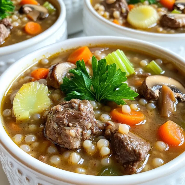 - 1 pound beef chuck, cut into 1-inch cubes - 1 cup pearl barley, thoroughly rinsed - 8 ounces cremini mushrooms, sliced - 1 large onion, finely chopped - 2 carrots, diced - 2 celery stalks, diced - 4 cloves garlic, minced - 1 teaspoon dried thyme - 1 teaspoon dried rosemary - 6 cups beef broth (preferably low sodium) - 2 tablespoons soy sauce - 2 tablespoons olive oil - Salt and pepper, to taste In this recipe, we focus on simple yet rich flavors. First, we use beef chuck for its tenderness and taste. The pearl barley adds a hearty texture, while the cremini mushrooms give a nice depth. Next, we add aromatics. Onion, carrots, and celery form the classic base. Garlic and spices like thyme and rosemary elevate the flavor. Finally, we include beef broth and soy sauce. These add umami and richness. Olive oil helps with browning the beef, while salt and pepper enhance every bite. This blend of ingredients creates a warm and cozy soup. It's perfect for chilly days. You can adjust the seasoning to fit your taste. Enjoy experimenting with flavors! Start by heating olive oil in a large skillet over medium-high heat. Add 1 pound of beef chuck, cut into 1-inch cubes. Sear the beef cubes until they turn brown on all sides. This should take about 5-7 minutes. Once browned, carefully transfer the beef to the slow cooker. In the same skillet, add the chopped onion, diced carrots, diced celery, and sliced mushrooms. Cook these vegetables for about 5 minutes. They should get tender and fragrant. Next, add 4 minced garlic cloves to the mix. Cook for another minute, stirring constantly. Then, transfer this tasty veggie mix to the slow cooker. Now, add 1 cup of rinsed pearl barley to the slow cooker. Pour in 6 cups of beef broth, preferably low sodium. Add 2 tablespoons of soy sauce for depth. Then, sprinkle in 1 teaspoon each of dried thyme and dried rosemary. Season well with salt and pepper. Stir everything together to make sure the flavors mix well. Searing the beef is key to great flavor. It creates a rich, brown crust. This crust adds depth to your soup. Heat olive oil in a skillet, then add the beef. Cook until browned on all sides, about 5-7 minutes. After browning, move it to the slow cooker. To get the best taste, adjust the seasoning. After cooking, taste the soup. You may want to add more salt or pepper. Each beef broth varies, so taste first. This step makes the soup truly yours. Using the right slow cooker setting matters. Cooking on low allows flavors to deepen. It also gives the beef time to become tender. On high, the soup cooks faster but may not reach full flavor. Ensure the beef is tender and the barley is cooked. Check the soup after the time is up. The beef should break apart with a fork. The barley should be soft but not mushy. Garnish your soup with chopped parsley. This adds a pop of color and freshness. It also enhances the dish’s aroma. Pair the soup with crusty bread. It’s perfect for dipping. The warm bread and soup together create a cozy meal. Enjoy the warmth and comfort of this dish. {{image_4}} You can switch up the meat in this soup. If you prefer, use chicken or turkey instead of beef. These options create a lighter taste while keeping the soup hearty. You can also try different grains. Quinoa or rice works well. They add a unique texture and flavor. To boost flavor, add fresh herbs or spices. Rosemary and thyme are great choices. You can also add veggies like potatoes or peas. These additions create more depth and nutrition. Feel free to experiment with your favorite flavors. If you need gluten-free options, you can use gluten-free grains. Quinoa is a good option here. You can also reduce the sodium content. Use low-sodium broth and less soy sauce. These tweaks help make the soup fit your diet while keeping it tasty. You can keep the soup in the fridge for up to five days. Store it in an airtight container to keep it fresh. Make sure the soup cools before sealing it up. This helps prevent bacteria growth and keeps flavors intact. To freeze the soup, let it cool completely. Transfer it to freezer-safe bags or containers. Label the bags with the date. The soup can last up to three months in the freezer. When you're ready to eat, thaw it overnight in the fridge. Heat it on the stove or in the microwave until hot. This soup is perfect for meal prep. You can make a big batch and divide it into individual portions. Use small containers for easy grab-and-go meals. This way, you can enjoy a warm, hearty meal anytime. Plus, it saves time on busy days. To make this soup gluten-free, substitute the soy sauce with gluten-free tamari. Check the beef broth for gluten-free labels. Use gluten-free grains like quinoa instead of barley, if you prefer. This way, you can still enjoy a rich flavor without gluten. Yes, you can leave out the mushrooms. If you want mushroom flavor, try adding some dried mushroom powder. You can also use other vegetables like zucchini or bell peppers for added taste and texture. This keeps your soup hearty and satisfying. Look for the beef to be very tender when it's done. The barley should be soft and fully cooked. If you can easily shred the beef with a fork, you know it's ready. This means the flavors have melded well, creating a delicious dish. In this blog post, we explored how to make Slow Cooker Beef Barley Mushroom Soup. We covered key ingredients like beef chuck, pearl barley, and spices. You learned the importance of browning beef and sautéing vegetables. We also shared tips on cooking techniques and serving suggestions. In the end, this soup offers warmth and comfort. Feel free to experiment with ingredients and make it your own. Enjoy every delicious bowl!