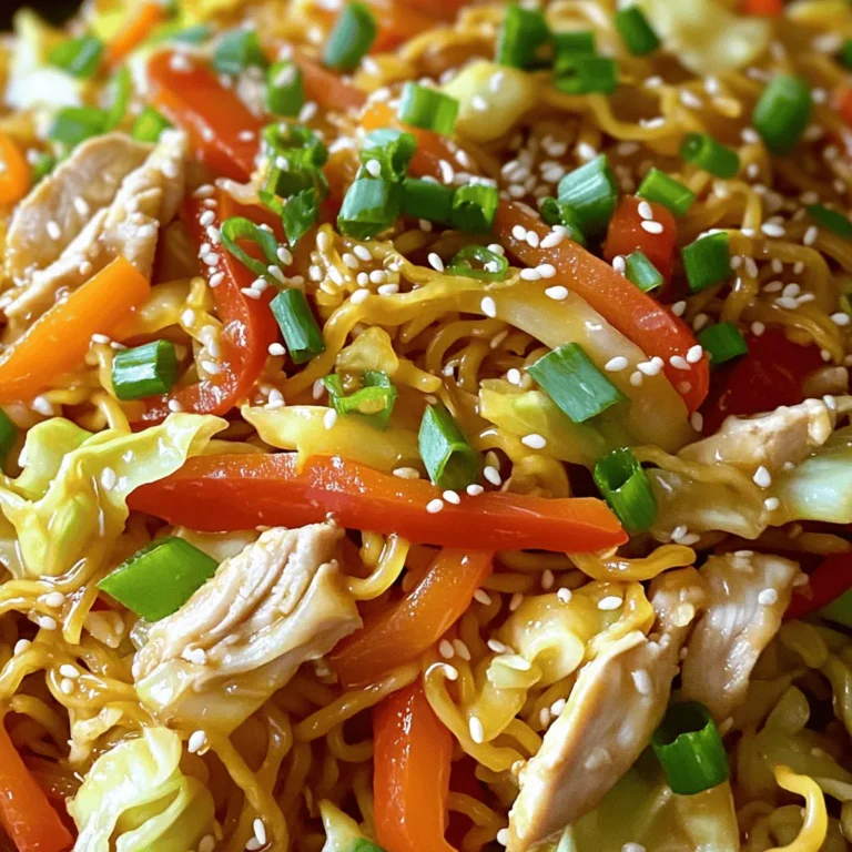 - 2 boneless, skinless chicken breasts, thinly sliced - 200g chow mein noodles (fresh or dried) - 2 cups shredded green cabbage - 1 small onion, thinly sliced - 1 bell pepper, thinly sliced (choose your favorite color) - 1 carrot, peeled and julienned - 2 cloves garlic, minced - 3 green onions, chopped (reserve some for garnish) - 2 tablespoons soy sauce - 1 tablespoon oyster sauce - 1 tablespoon sesame oil - Salt and pepper to taste - Sesame seeds for garnish - Additional chopped green onions - Gather the marinade ingredients: soy sauce, oyster sauce, sesame oil, and garlic. - In a bowl, mix the sliced chicken with the marinade. - Cover the bowl with plastic wrap. - Place it in the fridge for at least 15 minutes. Marinating the chicken is key. It adds great flavor and keeps the meat juicy. - You can use fresh or dried chow mein noodles. - If using dried noodles, boil them in salted water for 4-5 minutes. - If using fresh noodles, rinse them in hot water for a few minutes. Make sure not to overcook the noodles. You want them firm, or al dente. - Heat 1 tablespoon of vegetable oil in a large pan or wok over medium-high heat. - Add the sliced onion, bell pepper, and julienned carrot. - Cook these for 3-4 minutes until they soften. - Add shredded cabbage and stir-fry for another 2 minutes. Keep stirring to avoid burning. This step brings out the bright colors and flavors of the veggies. - Move the veggies to one side of the pan to create space. - Add another tablespoon of oil on the empty side, then add the marinated chicken. - Cook the chicken on medium-high heat, stirring occasionally for 5-6 minutes until cooked through. Mix the chicken and veggies well. You want everything to blend nicely. - Add the cooked chow mein noodles to the pan. - Use tongs or a spatula to gently toss everything together. - Cook for an additional 2-3 minutes, ensuring it is heated through. Make sure the noodles are coated well with the chicken and veggies. - Taste the chow mein and adjust seasoning with salt and pepper. - Stir in chopped green onions for freshness. - Serve hot, garnished with sesame seeds and extra green onions. Presentation matters! A colorful plate is always more inviting. To get great taste, marinate your chicken. Marinating helps the chicken soak up the flavors. Use soy sauce, oyster sauce, sesame oil, and minced garlic. Mix the chicken well and let it sit for at least 15 minutes. This step is key for a tasty meal. Choosing the right sauces is also important. Soy sauce adds saltiness, while oyster sauce brings sweetness. Sesame oil gives a nice nutty flavor. These three sauces work together to make your dish shine. For chow mein noodles, you can use fresh or dried. If using dried noodles, boil them in salted water for 4-5 minutes. This makes them firm, or al dente. If you have fresh noodles, just rinse them in hot water for a few minutes. Both methods keep the noodles from getting mushy. To avoid mushy noodles, don’t overcook them. Drain them well after cooking. Set them aside to cool slightly. This helps them stay firm when mixed with the chicken and vegetables. The best veggies for chow mein are bell peppers, carrots, and cabbage. These add color and crunch to your dish. You can also add green onions for extra flavor. When cutting vegetables, slice them thin. This helps them cook evenly. Stir-fry veggies for just a few minutes. You want them to be tender but still crisp. This keeps your chow mein fresh and tasty. {{image_4}} You can switch the chicken for shrimp or tofu. Shrimp cooks quickly and adds a nice touch. Just stir-fry them for a few minutes until they turn pink. Tofu is a great option too. Use firm tofu, press it to remove moisture, then cube and sauté it. For a vegetarian choice, skip the meat altogether. Load up on more vegetables like bell peppers, broccoli, or snap peas. This way, you still get a full meal without meat. Feel free to change the vegetables based on what you have. Seasonal veggies are great and add variety. In spring, toss in asparagus or peas. In winter, try carrots or Brussels sprouts. Mushrooms add a nice umami flavor. You can use button, shiitake, or any kind you like. Bean sprouts give a crunchy texture and a fresh taste. Add them last in the cooking process for the best bite. If you like heat, add chili sauce or flakes. Start with just a little, then taste and adjust. You can always add more, but it’s hard to take it out. For a milder spice, use sweet chili sauce. It adds flavor without too much heat. Be sure to adjust your other seasonings to keep the balance right. To store your Chicken Chow Mein, let it cool first. This step helps keep it fresh. Once cool, place it in a container. Use an airtight container for the best results. Glass or plastic containers work well. Make sure to seal it tightly to keep moisture in. You can reheat chow mein in two main ways: the microwave or the stove. - Microwave: Place the chow mein in a microwave-safe dish. Cover it with a lid or wrap. Heat for 1-2 minutes, stirring halfway. - Stove: Heat a skillet over medium heat. Add a splash of water or oil to keep it moist. Stir until warmed through. Both methods keep your chow mein tasty and prevent it from drying out. If you want to freeze your chow mein, it’s easy. First, cool it completely. Then, place it in a freezer-safe bag or container. Remove as much air as you can before sealing. This helps prevent freezer burn. When ready to eat, thaw the chow mein in the fridge overnight. Reheat it in the microwave or on the stove as described above. Enjoy your homemade takeout anytime! Yes, you can make Chicken Chow Mein gluten-free. Use gluten-free soy sauce instead of regular soy sauce. Make sure your noodles are gluten-free too. Some brands offer gluten-free chow mein noodles. Check the labels before buying. You can store Chicken Chow Mein in the fridge for up to three days. Keep it in an airtight container to maintain freshness. Reheat it in the microwave or on the stove when you're ready to eat. If you need a substitute for oyster sauce, use soy sauce mixed with a bit of sugar. You can also try hoisin sauce for a similar flavor. Both options work well in this recipe. Absolutely! You can add more vegetables to your Chicken Chow Mein. Broccoli, snap peas, and mushrooms are great options. Just remember to adjust cooking times to ensure everything cooks well. Yes, you can make a vegetarian version of Chicken Chow Mein. Replace chicken with tofu or tempeh. Use vegetable broth instead of oyster sauce to add flavor. The rest of the recipe stays the same; just swap the protein. In this post, we covered how to make Chicken Chow Mein, from ingredients to storage. You learned about marinating chicken, cooking noodles, and stir-frying vegetables. We discussed tips for flavor and texture, plus variations to suit your tastes. Making chow mein at home is simple and fun. Choose your ingredients and cook it your way. Enjoy this tasty dish fresh, or store leftovers for later. With practice, you’ll impress everyone at your table!