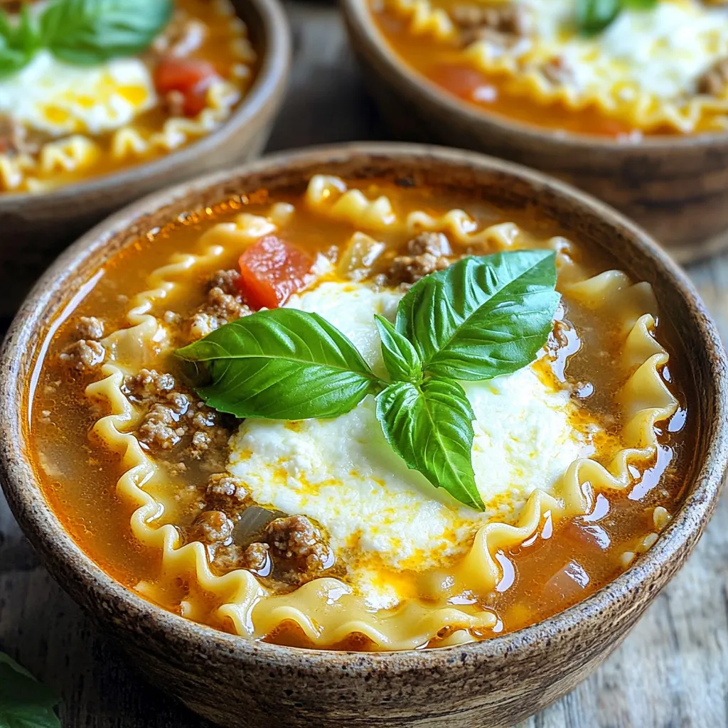 - 1 pound ground beef or ground turkey - 4 cups vegetable or chicken broth - 1 cup ricotta cheese - 1 cup shredded mozzarella cheese - 1/2 cup grated Parmesan cheese - 1 tablespoon olive oil - 1 medium onion, finely diced - 3 cloves garlic, minced - 2 cups diced tomatoes (fresh or canned) - 1 tablespoon Italian seasoning - 1 teaspoon dried basil - 1 teaspoon salt - 1/2 teaspoon black pepper - 8 lasagna noodles, broken into bite-sized pieces You can choose ground beef or ground turkey for the meat. Both work great. I often use turkey for a lighter option. The broth adds depth. You can pick vegetable or chicken broth based on your taste. For the cheese, I love using ricotta for its creaminess. Mozzarella gives that gooey factor. Don’t forget the Parmesan! It adds a salty kick. This mix of ingredients makes the soup rich and tasty. Each bite gives you the feel of classic lasagna. Enjoy creating your own version of this hearty dish! First, heat 1 tablespoon of olive oil in a large pot over medium-high heat. Add 1 pound of ground beef or turkey. Use a wooden spoon to break the meat apart as it cooks. Brown it for about 5 to 7 minutes until it's no longer pink. Next, add 1 medium onion, finely diced, along with 3 cloves of minced garlic. Sauté for about 3 to 4 minutes. Stir the mixture often. You want the onion to be soft and clear. Now it's time to add some flavor. Stir in 2 cups of diced tomatoes, which can be fresh or canned. Pour in 4 cups of vegetable or chicken broth. Add 1 tablespoon of Italian seasoning, 1 teaspoon of dried basil, 1 teaspoon of salt, and 1/2 teaspoon of black pepper. Bring this mix to a gentle simmer. Once it simmers, toss in 8 lasagna noodles that you’ve broken into bite-sized pieces. Cook for around 10 to 12 minutes. Stir occasionally to keep the noodles from sticking. They should be tender and cooked through. Reduce the heat to low. Add 1 cup of ricotta cheese to the pot. Stir gently until it blends well. The soup should look creamy. Sprinkle 1 cup of shredded mozzarella cheese evenly over the soup. Cover the pot and let it cook for 2 to 3 minutes. This helps the cheese melt and bubble. Finally, remove the pot from heat. Just before serving, add 1/2 cup of grated Parmesan cheese on top. Enjoy your warm, hearty meal! To prevent your noodles from sticking, break them into smaller pieces. Add them once your soup is simmering. This helps them cook evenly. Stir occasionally to keep them from clumping. For seasoning, taste as you go. Start with salt, pepper, and Italian seasoning. You can always add more, but you can’t take it out. Fresh herbs like basil add great flavor too! For a beautiful presentation, serve the soup in deep bowls. Top it with fresh basil leaves and a sprinkle of Parmesan cheese. This adds color and flavor. Pair your lasagna soup with warm, crusty bread. It is perfect for dipping and adds to the comfort of the meal. You can also serve a light salad on the side for balance. {{image_4}} You can easily change the protein in this soup. Instead of ground beef, try ground turkey. It gives the soup a lighter taste. For a vegetarian version, use lentils or mushrooms. These options add great flavor and texture without meat. You can also use plant-based sausage for a hearty bite. Adding more veggies can boost nutrition. Try bell peppers, spinach, or zucchini. These veggies blend well and make the soup colorful. If you like some heat, add red pepper flakes or cayenne. Start with a small amount, then adjust to your taste. This way, you can make the soup perfect for you. To keep your lasagna soup fresh, store it in the fridge. Use a tight container. This helps avoid spills and keeps the soup tasty. It will last about three days in the fridge. If you want to store it longer, you can freeze portions. Use freezer-safe bags or containers. Make sure to label each bag with the date. This way, you can enjoy it later without worry. It can last up to three months in the freezer. When you reheat your soup, you want to keep the texture nice. The stovetop is best for this. Pour the soup into a pot and warm it over low heat. Stir it often to help it heat evenly. If you use a microwave, put the soup in a safe bowl. Heat it in short bursts, stopping to stir. This helps warm it without making it dry. No matter how you reheat it, enjoy every spoonful! Can I make this soup ahead of time? Yes, you can make this soup ahead of time. I suggest cooking the soup and letting it cool. Store it in the fridge for up to three days. When ready to eat, reheat it on the stove. Add a little water or broth if it seems thick. How do I make the soup gluten-free? To make this soup gluten-free, use gluten-free lasagna noodles. You can find these in most grocery stores. Just follow the cooking instructions on the package. The rest of the recipe remains the same. What to do if I don’t have ricotta cheese? If you don’t have ricotta cheese, you can use cottage cheese instead. Blend it to a smooth texture before adding it to the soup. You can also try cream cheese for a richer flavor. Both options work well in this recipe. This blog post explored how to make a tasty soup with ground meat, broth, and cheese. We covered each step, from sautéing the meat to mixing in the ricotta. I shared tips to avoid sticky noodles and how to make it shine when served. You learned easy swaps for different proteins and even a vegetarian option. In conclusion, this comforting soup is flexible and fun to make. Try it out and enjoy each bite!