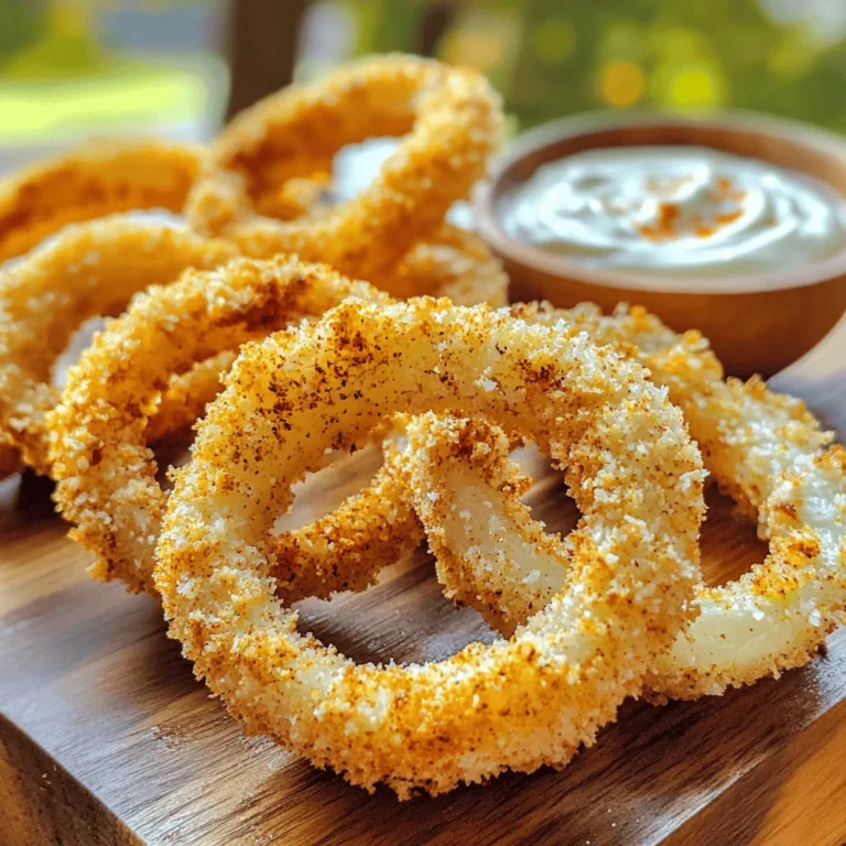 - 2 large onions, sliced into 1/4-inch thick rings - 1 cup all-purpose flour - 1 teaspoon garlic powder - 1 teaspoon smoked paprika - 1 teaspoon salt - 1/2 teaspoon black pepper - 2 large eggs, beaten - 1 cup panko breadcrumbs - 1/2 teaspoon cayenne pepper (optional) - Cooking spray In this recipe, I use two large onions. I slice them into rings, about a quarter-inch thick. This thickness gives the rings a great bite while frying. I mix one cup of all-purpose flour with garlic powder, smoked paprika, salt, and black pepper. This seasoned flour coats the onions and adds flavor. I use two beaten eggs as a binding agent. The eggs help the coating stick well. For crunch, I use one cup of panko breadcrumbs. If you want some heat, add half a teaspoon of cayenne pepper. Finally, a light spray of cooking spray helps make the onion rings crispy. - Finely chopped chives - Fresh parsley For a pop of color, I like to garnish the onion rings with finely chopped chives or fresh parsley. These herbs add freshness and make the dish look even more inviting. - Preheat air fryer to 375°F (190°C). - Slice onions into rings and separate them. Start by preheating your air fryer. This step is key. A hot air fryer makes the onion rings crispy. While it heats, slice two large onions into 1/4-inch thick rings. Gently pull apart the rings. Set them aside on a plate. - Prepare the seasoned flour mixture. - Beat the eggs as a binding agent. - Combine panko breadcrumbs and cayenne. Next, let’s make the coating. In a bowl, mix 1 cup of all-purpose flour with 1 teaspoon of garlic powder, 1 teaspoon of smoked paprika, 1 teaspoon of salt, and 1/2 teaspoon of black pepper. This mixture adds great flavor. In another bowl, beat two large eggs. These will help the coating stick. In a third bowl, mix 1 cup of panko breadcrumbs with 1/2 teaspoon of cayenne pepper. This adds a nice kick if you want it. - Dip onion rings into flour, eggs, and panko. - Arrange rings in the air fryer basket. - Air fry for 10-12 minutes, flipping halfway. Now it’s time to coat the onion rings. First, dip each ring into the flour mixture. Shake off any extra flour. Next, coat it in the beaten egg. Let the excess egg drip off. Finally, roll the ring in the panko mixture. Make sure it’s fully covered. Once coated, place the rings in a single layer in the air fryer basket. Try not to stack them. Lightly spray the tops with cooking spray. This adds more crispiness. Air fry the rings for 10-12 minutes. Flip them halfway through for even cooking. They should turn golden brown and crispy. Enjoy the process; the smell will be amazing! To get those onion rings just right, keep a few tips in mind. First, arrange your onion rings in a single layer in the air fryer basket. This helps hot air circulate around each ring. If the rings stack on top of each other, they may not crisp up well. Next, lightly spray the tops with cooking spray. This adds moisture and helps the breading turn golden brown. Want a kick? Adjust the spice level with cayenne pepper. Add just half a teaspoon for a mild kick. If you like it hotter, add more to suit your taste. You can also mix in other herbs and spices. Try adding Italian seasoning or even some chili powder for a fun twist. Dipping sauces make a big difference. Serve your onion rings with the zesty ranch dip. It enhances the flavor and adds a creamy touch. You can also try ketchup or a spicy aioli for variety. To make your dish look nice, garnish the onion rings and ranch dip with finely chopped chives or parsley. This adds a pop of color and makes it all more inviting. {{image_4}} You can add flavor to your breading. One fun way is to mix in some grated Parmesan cheese. This adds a nice, cheesy taste to your onion rings. Just stir about half a cup into your panko breadcrumbs. For those who need gluten-free options, use gluten-free flour and gluten-free breadcrumbs. It still tastes great! Different onions give different tastes. Sweet onions like Vidalia add a mild flavor and sweetness. Yellow onions are more robust and savory. You can also try different sizes of onions. Small onions make bite-sized rings, while large ones give hearty bites. While ranch is classic, you can try other dips. For a zesty twist, try a spicy mayo or a yogurt dip. To make your own dressing, mix mayonnaise with lemon juice and a bit of garlic. This gives a fresh and creamy taste. You can even play with herbs like dill or chives to create a unique flavor. To store your leftover onion rings, use an airtight container. This keeps them fresh. You can also wrap them in foil. In the fridge, they last about 2-3 days. Avoid keeping them longer, as they may lose their crunch. To reheat your onion rings, use the air fryer or oven. Set the air fryer to 375°F (190°C). Cook for about 5 minutes. This helps them stay crispy. Avoid using the microwave, as it can make them soggy. For best results, place them in a single layer when reheating. Enjoy your crispy onion rings again! To make your onion rings crispier, you can try a few tricks. First, ensure you coat each ring well in the panko mixture. This gives the rings a nice crunch. Second, use cooking spray lightly on each ring before frying. This helps them achieve a golden brown color. Lastly, avoid overcrowding the air fryer. Cook in a single layer for best results. Yes, you can use other types of onions! Sweet onions, like Vidalia or Walla Walla, add a nice flavor. Yellow onions are great for a classic taste. Red onions also work, giving a milder flavor and vibrant color. Each type will change the taste slightly, so feel free to experiment! You can prepare the onion rings ahead of time, but they taste best fresh. After coating them, store them in the fridge for a few hours. Just remember to cook them right before serving. If you want to freeze them, freeze the coated rings in a single layer. Once frozen, store them in a bag, and cook straight from the freezer. If you don’t have panko breadcrumbs, you can use regular breadcrumbs. They won’t be as crunchy, but they’ll still work. You can also crush crackers or cornflakes for a fun twist. Just make sure whatever you use is well-seasoned to keep the flavor strong. Making homemade ranch dressing is easy! Mix 1/2 cup of ranch dressing with a splash of fresh lemon juice. Stir until well combined. This adds a zesty flavor that pairs perfectly with the onion rings. If you want, you can also add herbs like dill or parsley for more taste. This blog post explored the steps to make crunchy air-fried onion rings. We discussed key ingredients like onions, flour, and panko breadcrumbs. You learned how to coat and cook the rings for the best crispiness. I shared helpful tips and variations to customize the flavor. Remember, creativity in dips and spices can make this dish your own. Enjoy serving these delicious rings as a fun snack or side dish. Now, it's time to try this simple recipe and impress your friends and family!