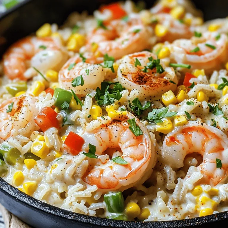 - 1 lb (450g) shrimp, peeled and deveined - 1 cup long-grain white rice - 1 medium onion, finely diced - 2 cloves garlic, minced - 1 red bell pepper, finely diced - 1 green bell pepper, finely diced - 1 cup corn kernels (fresh or frozen) - 2 cups chicken broth - 1 cup heavy cream - 2 tablespoons Cajun seasoning - 1 tablespoon olive oil - Salt and freshly ground black pepper to taste When I gather my ingredients for the Creamy Cajun Shrimp Rice Skillet, I feel excitement. Fresh shrimp, tender rice, and vibrant veggies set the stage for a delicious meal. The shrimp brings a sweet, briny flavor that pairs perfectly with the spices. The long-grain white rice absorbs all that tasty goodness, making each bite a delight. Onions and bell peppers add crunch and sweetness. Corn makes the dish pop with color and a hint of sweetness. Chicken broth and heavy cream create a rich, creamy base that comforts the soul. The Cajun seasoning adds a warm, zesty kick, making this dish special. - Fresh parsley - Extra Cajun seasoning I love to finish my dish with fresh parsley. It adds a bright, fresh touch. A sprinkle of extra Cajun seasoning gives it that extra flair. These garnishes not only look good but also enhance the flavors. Enjoying this dish is more than just eating; it is an experience. To start, peel and devein your shrimp. Hold the shrimp firmly and twist off the head. Use your fingers to pull off the shells. Make a shallow cut along the back to remove the dark vein. Rinse the shrimp under cold water. Next, dice your vegetables. Take the onion and chop it finely. Then, dice the red and green bell peppers into small pieces. This helps them cook evenly and adds color to your dish. Now, it's time to cook. Heat olive oil in a large skillet over medium heat. Once hot, add the diced onion. Sauté the onion for 3 to 4 minutes until it is soft and fragrant. Add minced garlic to the skillet. Stir in your diced bell peppers and corn. Cook for another 3 to 4 minutes. The veggies should be tender and bright. Push the cooked veggies to one side of the skillet. Add the shrimp to the empty space. Sprinkle Cajun seasoning, salt, and pepper over the shrimp. Cook for 2 to 3 minutes on each side. The shrimp will turn pink and opaque when done. Mix the shrimp with the veggies. Now, add uncooked rice to the skillet. Stir it well to mix with the shrimp and veggies. This ensures even cooking. Pour the chicken broth into the skillet. Raise the heat until it boils. Once boiling, cover the skillet with a lid, lower the heat, and let it simmer for 15 to 20 minutes. The rice should absorb the broth and become tender. When the rice is cooked, stir in the heavy cream. This makes your dish creamy and rich. Taste it and add more salt and pepper if needed. Turn off the heat. Let the skillet sit for a couple of minutes. This helps the dish thicken before serving. To keep shrimp from overcooking, watch the heat closely. Cook shrimp for about 2-3 minutes on each side. They should turn pink and opaque. If you cook them too long, they can become tough. After adding the rice and broth, reduce the heat to low. Simmer for 15-20 minutes. This helps the rice absorb all the flavors. Want to add more flavor? Try these ideas: - Add a pinch of smoked paprika for depth. - Toss in a few dashes of hot sauce for heat. - A squeeze of fresh lemon juice brightens the dish. These tweaks can make your Creamy Cajun Shrimp Rice Skillet even better! To make your dish look amazing, serve it in shallow bowls. Top it with fresh chopped parsley for color. A light sprinkle of extra Cajun seasoning adds a nice touch. Pair it with warm, crusty bread to soak up that creamy sauce. This makes for a beautiful and tasty meal! {{image_4}} You can switch shrimp for chicken or sausage. Chicken adds a mild taste. Cook it until golden brown before adding other ingredients. Sausage gives a nice, spicy kick. Slice it thin and brown it well for the best flavor. Both options work well with the creamy sauce. Want a vegetarian dish? Use tofu or chickpeas instead of shrimp. For tofu, press it to remove extra water. Cut it into cubes and sauté until golden. If you choose chickpeas, use canned ones for ease. Drain and rinse them before adding to the skillet. Both options soak up flavor nicely. Love heat? Add extra spice to your dish. A dash of hot sauce can do wonders. You can also sprinkle in some cayenne pepper or red pepper flakes. Start with a little and taste as you go. This way, you can make it as spicy as you like! To store leftovers, let the dish cool. Place it in an airtight container. Store in the fridge for up to three days. Make sure to keep it covered to avoid drying out. This will help keep the shrimp and rice moist. For freezing, use a freezer-safe container. Allow the dish to cool completely before freezing. It can last for up to two months in the freezer. When ready to eat, thaw it in the fridge overnight before reheating. This helps keep the flavor and texture intact. To reheat, you can use the microwave or stovetop. For the microwave, heat in short bursts, stirring in between. This helps it warm evenly. On the stovetop, add a splash of chicken broth and heat over low flame. Stir gently to keep the dish creamy. Enjoy the same great taste you had when it was freshly made! It takes about 40 minutes to make this dish. The prep time is around 10 minutes. Cooking the shrimp and rice takes about 30 minutes. Yes, you can make this recipe ahead of time. Store the dish in an airtight container in the fridge. It will last for up to three days. To reheat, warm it on the stove or in the microwave. Add a splash of broth or cream to keep it creamy. You can use alternatives like coconut milk or almond milk. For a lighter option, use half-and-half or Greek yogurt. Each choice gives a different taste, so pick what you like best. To make it spicier, add more Cajun seasoning or some red pepper flakes. You can also add diced jalapeños for a fresh kick. For a milder dish, reduce the seasoning or use less spicy peppers. Adjust it to match your taste! This blog post covered how to make Creamy Cajun Shrimp Rice Skillet. We discussed essential ingredients, step-by-step instructions, and helpful tips. You can customize the dish with protein swaps or add heat. In the end, this recipe is simple and flexible. It's a great way to impress family and friends with minimal effort. Try it out, and enjoy a tasty meal!