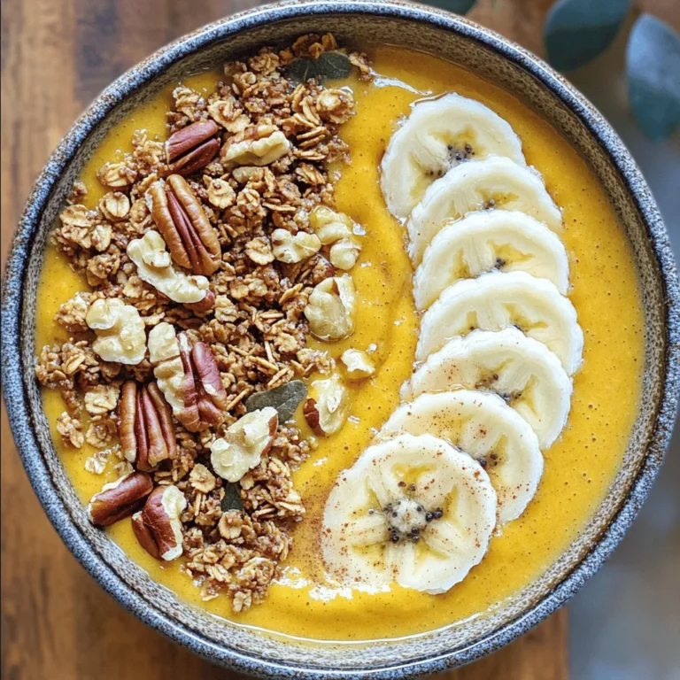 - 1 cup canned pumpkin puree - 1 frozen banana - 1 cup almond milk (or your preferred milk) - 1/2 teaspoon pumpkin pie spice - 1 tablespoon maple syrup (adjust to taste) - 1/4 cup Greek yogurt for creaminess - 1/4 cup granola - 1 ripe banana, sliced - 2 tablespoons chopped pecans - A sprinkle of ground cinnamon - A drizzle of honey I love using canned pumpkin puree. It saves time and packs great flavor. The frozen banana adds a smooth texture. Almond milk keeps it light and creamy. You can swap the almond milk for any milk you like. For a richer taste, add Greek yogurt. It gives the bowl a nice creaminess. Adjust the maple syrup to make it sweeter if you prefer. Toppings make this bowl special. Granola adds crunch. Sliced bananas bring freshness. Chopped pecans give a nutty flavor. Ground cinnamon adds warmth. A drizzle of honey ties it all together with sweetness. Feel free to mix and match toppings. This allows you to make your smoothie bowl just how you like it! First, gather your main ingredients for the smoothie. You need: - 1 cup canned pumpkin puree - 1 frozen banana - 1 cup almond milk (or your preferred milk) - 1/2 teaspoon pumpkin pie spice - 1 tablespoon maple syrup - 1/4 cup Greek yogurt (optional) Place all these ingredients into a high-speed blender. Blend on high until everything is smooth and creamy. If the smoothie is too thick, add a little more almond milk. Blend again until you reach the texture you want. Now it’s time to serve. Pour the lovely pumpkin smoothie into two bowls. Make sure each bowl has a nice, thick layer of smoothie. This gives a good base for your toppings. For the toppings, start with: - 1/4 cup granola - 1 ripe banana, sliced - 2 tablespoons chopped pecans - A sprinkle of ground cinnamon - A drizzle of honey Arrange these toppings on top of the smoothie. Start with the granola for crunch. Then add the banana slices and pecans for extra flavor. Make your smoothie bowl pop with color. Use bright bowls to catch the eye. Add an extra slice of banana or a whole pecan on top for style. This makes your smoothie bowl not just tasty but also a feast for the eyes. Enjoy your nourishing pumpkin pie smoothie bowl! You can change the sweetness of your smoothie bowl. If you want it sweeter, add more maple syrup. Try starting with one tablespoon. Taste it and add more if you like. For milk, almond milk is great, but you can use any milk you like. Coconut milk adds a nice tropical twist. Oat milk gives it a creamy texture. Choose what fits your taste. Adding Greek yogurt makes your smoothie bowl creamy. It adds protein, too, which is great for breakfast. If you want a dairy-free option, use coconut yogurt. It has a smooth texture and a hint of sweetness. If you have leftovers, store them in an airtight container. The fridge is best, and you can keep it for up to two days. To refresh your smoothie, add a splash of milk and blend it again. This helps bring back the creaminess. Enjoy it cold or warmed up if you like. {{image_4}} You can change the taste by adding chocolate or vanilla. A tablespoon of cocoa powder gives it a rich twist. Alternatively, you can add a splash of vanilla extract for warmth. Both options enhance the smoothness and depth of flavor. Another fun choice is to incorporate nut butter. Almond or peanut butter adds creaminess and healthy fats. Just a tablespoon will make your smoothie bowl more filling. Using pumpkin spice is a must for this recipe. It brings that cozy fall flavor we all love. You can mix in a little more pumpkin spice if you want a stronger taste. It makes every bite feel like a warm hug. For a unique twist, you can substitute sweet potato for pumpkin. Simply cook and mash the sweet potato before blending. This change adds a different sweetness and nutrition to your bowl. If you're looking for vegan-friendly options, skip the Greek yogurt. Use coconut yogurt for creaminess instead. It keeps the smoothie rich while being plant-based. For gluten-free toppings, choose certified gluten-free granola. You can also sprinkle seeds like chia or sunflower for crunch. These options keep your bowl tasty and safe for everyone. After enjoying your pumpkin pie smoothie bowl, store any leftovers in airtight containers. Glass jars work great, as they keep the smoothie fresh. You can also use plastic containers with tight lids. I recommend using your leftovers within two days for the best taste. If you want to save some for later, freezing is a smart choice. Pour the smoothie into ice cube trays or silicone molds for easy servings. Once frozen, pop the cubes into a freezer-safe bag. This way, you can enjoy a quick smoothie later. When you're ready to eat, move the cubes to the fridge overnight to thaw. For best results, blend the thawed smoothie to restore its creamy texture. You can refresh the texture and flavor of your smoothie bowl easily. Simply put it in a bowl and microwave it for about 20 seconds. Stir it well to check the warmth. Make sure it's not too hot before eating. Always check the smell and texture to ensure it's still good. If it seems off, it's best to discard it. Yes, you can make this smoothie bowl ahead of time. To prepare it in advance, blend the ingredients and store them in the fridge. Use a sealed container to keep it fresh. The mixture will stay good for 1-2 days. When you are ready to eat, just stir it up. You may want to add a splash of almond milk if it thickens too much. To thicken your smoothie bowl, consider these tips: - Add more frozen banana. This will create a creamier texture. - Use less almond milk. Start with the amount in the recipe and adjust as needed. - Add Greek yogurt for a richer mix. This will add protein and creaminess. If you do not have pumpkin puree, here are some tasty alternatives: - Use butternut squash puree. It has a similar flavor and texture. - Sweet potato puree is another great choice. It adds natural sweetness and creaminess. - Cooked carrots or even applesauce can work in a pinch for a unique twist. This smoothie bowl is quite healthy! Here are some benefits: - Canned pumpkin is high in fiber and vitamins. It supports digestion and boosts immunity. - Almond milk is low in calories and dairy-free. It’s a great milk alternative for many. - Greek yogurt adds protein, helping you feel full. This makes it a great breakfast or snack option. Enjoy this delightful bowl packed with goodness! This blog post covered everything you need to create a delicious smoothie bowl. We discussed the main ingredients, like pumpkin puree and bananas, along with tasty toppings. I shared tips to customize the bowl and variations to keep it fun. As you try this recipe, remember you can adjust it to fit your tastes. With a little creativity, each bowl becomes a unique treat. Enjoy experimenting and finding your favorite mix!