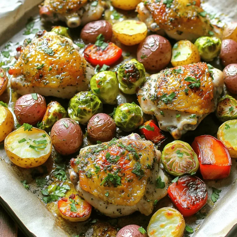 - 4 bone-in, skin-on chicken thighs - 2 cups baby potatoes, halved - 1 ½ cups Brussels sprouts, halved - 1 red bell pepper, sliced into strips - 1 large yellow onion, cut into wedges - 4 cloves garlic, finely minced - 3 tablespoons extra-virgin olive oil - 1 teaspoon dried basil - 1 teaspoon dried thyme - 1 teaspoon smoked paprika - Salt and freshly ground black pepper, to taste - Fresh parsley, chopped, for garnish I love using dried basil, thyme, and smoked paprika. These herbs add depth. Salt and pepper brighten the flavors. Fresh parsley on top gives a nice touch. It adds color and freshness to the dish. You can mix and match herbs based on what you have. If you don't have chicken thighs, use bone-in breasts. They work fine too. Swap baby potatoes for sweet potatoes or carrots. Brussels sprouts can be replaced with green beans. For garlic, try garlic powder if you are in a pinch. Adjust seasonings to what you enjoy best. First, turn your oven to 425°F (220°C). This high heat helps cook the chicken and veggies quickly, giving them a nice golden color. Next, line a large baking sheet with parchment paper. This makes cleanup easy and stops food from sticking. In a big bowl, add the halved baby potatoes, halved Brussels sprouts, red bell pepper strips, and onion wedges. Mince the garlic and toss it in too. Pour in the olive oil, then sprinkle the dried basil, dried thyme, and smoked paprika over the mix. Finish with salt and black pepper. Toss everything well until the veggies are coated. This helps them roast well and take on flavor. Take the chicken thighs and season them with salt, black pepper, and a little smoked paprika. This adds a tasty kick. Place the chicken skin-side up on the other side of the baking sheet. Make sure to leave space for the veggies. This way, they can roast evenly. To get crispy chicken skin, start with bone-in, skin-on thighs. Pat the skin dry with paper towels. This helps moisture escape. Season well with salt and smoked paprika. The salt draws out extra moisture. Roast the chicken skin-side up on a hot baking sheet. High heat is key; I use 425°F (220°C). This makes the skin crisp and golden. Cut your veggies into similar sizes. This ensures they cook at the same rate. I like to use baby potatoes, Brussels sprouts, and bell peppers. Toss them with olive oil and spices in a large bowl. Spread them out in a single layer on the baking sheet. Avoid crowding; it helps them caramelize better. Stir halfway through cooking for even roasting. Adding fresh parsley boosts flavor and color. I chop it finely and sprinkle it over the dish right before serving. You can also add lemon wedges. They give a fresh burst of flavor. For a twist, try grated Parmesan or crushed red pepper flakes. These add depth and a little heat to your meal. {{image_4}} You can mix and match veggies in this dish. Try using carrots for a sweet crunch. Zucchini adds a nice soft texture. Cauliflower can also work well and soak up flavors. Sweet potatoes bring a hint of sweetness to the meal. Keep the balance of colors for a pretty plate. If chicken isn’t your favorite, beef or pork can be great swaps. Bone-in pork chops roast well and stay juicy. You can also use chicken breasts for a leaner option. If you love seafood, salmon fillets cook fast and taste amazing with these herbs. Just remember to adjust the cooking time. Want to change the taste? Try different spice blends. Italian herbs like oregano and rosemary give a fresh taste. For a kick, add chili powder or cumin. If you prefer a sweet touch, use a dash of cinnamon. Experiment and find your own favorite mix for good meals. After your meal, let the dish cool. Then, place the chicken and veggies in an airtight container. This keeps them fresh. Store them in the fridge for up to three days. If you want to keep them longer, consider freezing. To reheat, take the leftovers from the fridge. Preheat your oven to 350°F (175°C). Place the chicken and veggies on a baking sheet. Heat for about 15-20 minutes or until warm. You can also use the microwave. Just heat in short bursts until hot. If you freeze the leftovers, use a freezer-safe container. Label it with the date. You can freeze them for up to three months. To eat, thaw in the fridge overnight. Then, reheat as mentioned above. Enjoy your meal again! The chicken should be cooked to an internal temperature of 165°F (74°C). This ensures it is safe to eat. Use a meat thermometer to check the temperature. Insert it into the thickest part of the thigh. The skin will be crispy and golden brown when done. Yes, you can use boneless chicken. Boneless chicken cooks faster than bone-in. Adjust the cooking time to about 25-30 minutes. Check for the same internal temperature of 165°F (74°C) to ensure safety. The flavor will still be great with the herbs and veggies. Leftovers will last in the fridge for about 3-4 days. Store them in an airtight container. Make sure to cool the dish before sealing it. Reheat thoroughly before eating. Enjoy the flavors again without wasting food! In this article, we explored the key ingredients, steps, and tips for baking chicken. We covered how to prep your oven, season your chicken, and ensure your vegetables cook evenly. I shared easy ways to achieve crispy skin and suggested fun garnishes. For variety, we discussed alternative veggies and proteins. Lastly, I provided storage tips for leftovers. By following these steps, you can create delicious meals. Enjoy experimenting with flavors and make the dish your own!