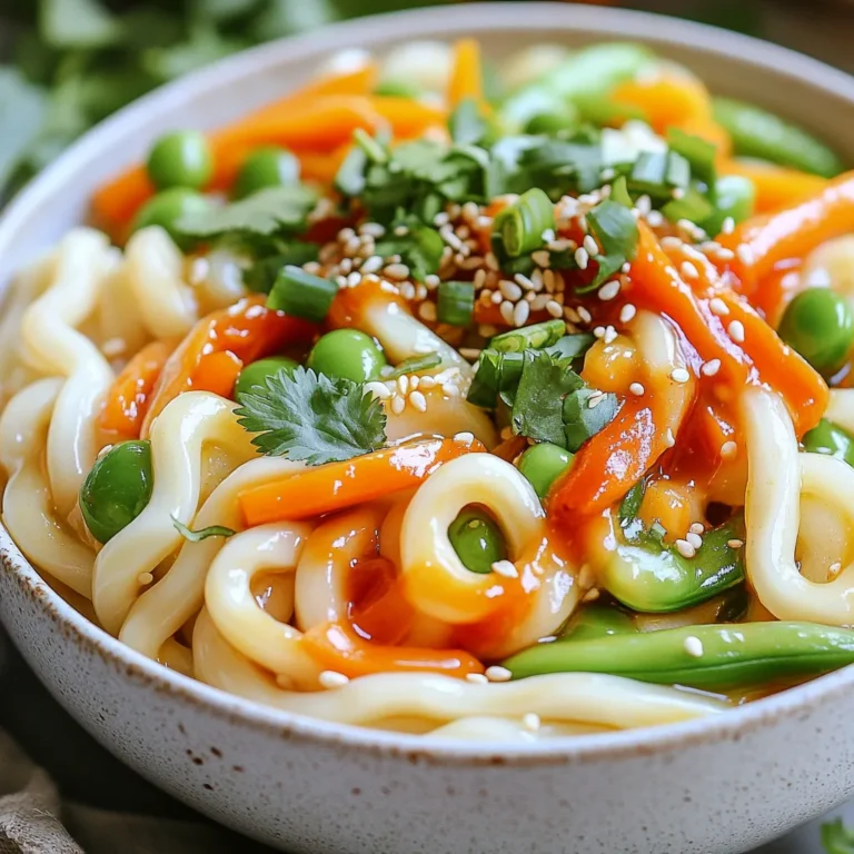 To make Minute Spicy Sesame Udon Bowls, gather these items: - 8 ounces udon noodles - 2 tablespoons sesame oil - 1 tablespoon soy sauce - 2 teaspoons sriracha (adjust to taste) - 1 tablespoon tahini - 1 teaspoon freshly grated ginger - 2 green onions, finely chopped - 1 carrot, peeled and julienned - ½ cup snap peas, trimmed and halved - Sesame seeds, for garnish - Fresh cilantro leaves, for garnish You can mix and match some ingredients. Here are a few options: - Udon Noodles: Use soba or rice noodles if you prefer. - Sesame Oil: Swap with olive oil for a milder taste. - Sriracha: Replace with chili paste or leave it out if you want less heat. - Tahini: Almond butter or peanut butter works in a pinch. - Vegetables: Use bell peppers, zucchini, or broccoli if you like. Fresh ingredients offer the best taste and texture. However, frozen veggies can save time and reduce waste. If you use frozen snap peas or carrots, just make sure to thaw them before cooking. Fresh ginger gives a stronger flavor, but you can use ground ginger if needed. Fresh herbs like cilantro add bright flavor, but dried herbs can also work in a hurry. To start, you need to boil water. Get a large pot and fill it with water. Bring it to a rolling boil. Once boiling, add the udon noodles. Follow the package instructions, usually 3 to 5 minutes. After they cook, drain the noodles. Rinse them under cold water. This stops the cooking and keeps them from sticking. Next, grab a medium bowl for the sauce. Add 2 tablespoons of sesame oil to the bowl. Then, mix in 1 tablespoon of soy sauce. Add 2 teaspoons of sriracha too. You can change this amount for more or less heat. Then, add 1 tablespoon of tahini and 1 teaspoon of freshly grated ginger. Use a whisk to blend everything until it’s smooth. Set this sauce aside for later. Now it’s time to sauté. Heat a medium skillet over medium heat. Toss in the chopped green onions first. Then, add the julienned carrot and halved snap peas. Stir the veggies often for about 3 to 4 minutes. You want them to be tender but still crunchy. Once your veggies look good, it’s time to combine. Add the cooled udon noodles to the skillet. Pour the sauce over everything. Use tongs or a spatula to toss it gently. Make sure the noodles and veggies are well coated. Heat it all for about 2 to 3 minutes. Now, divide the dish into two bowls. Sprinkle sesame seeds on top. Add fresh cilantro leaves for color and flavor. Enjoy your meal! To change the heat in your udon bowls, use less or more sriracha. You can start with one teaspoon. Taste the sauce and add more if you want it spicier. If you need it milder, add a bit more tahini. It will balance the heat well. Add more flavor by mixing in some garlic or a splash of rice vinegar. You can also toss in cooked proteins like chicken or tofu. For crunch, add crushed peanuts or walnuts. Fresh herbs like basil or mint can brighten the dish too. Make your dish look great by layering the veggies on top of the noodles. This adds color and texture. Use a small bowl or ramekin for the sesame seeds and herbs. Serve with lime wedges on the side for a fresh twist. {{image_4}} You can easily add protein to your spicy sesame udon bowls. Tofu is a great option. Just cube firm tofu and sauté it until golden. You can also use chicken. Cook bite-sized pieces in the skillet for 5-7 minutes. Shrimp is another tasty choice. Add peeled shrimp to the pan and cook until they turn pink, about 3-4 minutes. These proteins mix well with the sauce and add a nice heartiness. To make this dish vegan, focus on protein sources. Instead of chicken or shrimp, use tofu or tempeh. Both options have a great texture and soak up flavor. Ensure your soy sauce is vegan-friendly. Most brands are, but it's worth checking. Use maple syrup instead of honey if you want sweetness. You can also add more veggies for a boost, like mushrooms or bell peppers. Feel free to mix up the veggies in your udon bowls. Broccoli adds a nice crunch and a pop of green. Bell peppers bring sweetness and color. You can even use zucchini, sliced thin. Simply sauté these choices with the green onions and carrots. Get creative! Use what you have on hand. This dish is all about flexibility, so have fun experimenting with flavors and textures. To keep your leftover udon bowls fresh, let them cool down first. Then, transfer them to an airtight container. Store the container in the fridge. The udon bowls will stay good for up to three days. Make sure to separate the sauce if you want the noodles to stay firm. When you are ready to enjoy your leftovers, you can easily reheat them. Place the udon in a microwave-safe bowl. Add a splash of water to keep them moist. Cover the bowl with a microwave-safe lid or wrap. Heat on high for about one to two minutes. Stir halfway through to ensure even heating. You can also reheat them in a skillet over low heat. Just add a bit of sesame oil or water and stir until warm. If you want to save your udon bowls for later, freezing is a great option. Pack the cooled noodles and veggies in a freezer-safe container. Make sure to leave some space for expansion. You can freeze them for up to one month. When you are ready to eat, thaw them in the fridge overnight. Reheat as explained above. Keep in mind that texture may change slightly after freezing, but the flavor will still be delicious. It takes just 15 minutes to make these udon bowls. You will spend 10 minutes prepping and cooking. The noodles cook in about 3-5 minutes, and the rest comes together quickly. Yes, you can make this dish ahead of time. Just cook the noodles and veggies, then store them separately. When you are ready to eat, heat them up and add the sauce. This keeps everything fresh and tasty. You can serve these bowls with grilled chicken, shrimp, or tofu for extra protein. A side of steamed veggies or a fresh salad also pairs well. For crunch, add some toasted nuts or seeds. No, udon noodles are not gluten-free. They are made from wheat flour. If you need a gluten-free option, try rice noodles or gluten-free pasta instead. Yes, you can use other noodles. Soba noodles or rice noodles work great. Just adjust the cooking time as needed. Each type will bring its own unique texture and flavor to your dish. In this post, we explored how to make tasty spicy sesame udon bowls. We covered the key ingredients, the step-by-step cooking method, and helpful tips. You learned how to adjust spice levels and present your dish attractively. We also discussed protein options and storage tips. By following these steps, you can create a delicious meal that fits your taste. Enjoy your cooking adventure and share these tips with others!