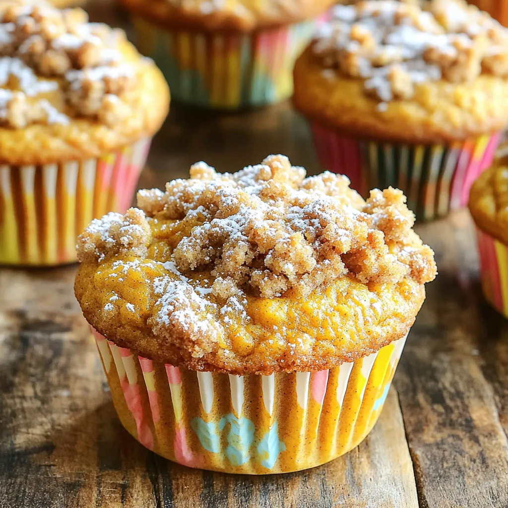 - 1 ½ cups all-purpose flour - 1 teaspoon baking soda - ½ teaspoon baking powder - ½ teaspoon salt - 1 teaspoon ground cinnamon - ½ teaspoon ground nutmeg - ½ teaspoon ground ginger - 1 cup pumpkin puree (canned or fresh) - ¾ cup brown sugar, packed - ½ cup granulated sugar - ½ cup vegetable oil - 2 large eggs - 1 teaspoon vanilla extract - ½ cup all-purpose flour - ⅓ cup brown sugar, packed - ½ teaspoon ground cinnamon - ¼ cup cold unsalted butter, cubed The ingredients for pumpkin streusel muffins blend nicely. You need a mix of dry and wet items. The dry mix gives the muffin structure, while the wet ingredients add flavor and moisture. The flour is the base. It gives the muffins their shape. The baking soda and baking powder help them rise. The spices, like cinnamon, nutmeg, and ginger, bring warmth and taste. The pumpkin puree is key for moisture and a rich pumpkin flavor. The sugars add sweetness and help with browning. The vegetable oil keeps the muffins soft and tender. Eggs bind everything together and add richness. The streusel topping adds a crunchy layer on top. It’s a simple mix of flour, brown sugar, cinnamon, and butter. When baked, it turns golden and crunchy. This topping makes your muffins look and taste like a bakery treat. Gather these ingredients, and you're ready to make something special. Each bite will be a warm, cozy delight! First, preheat your oven to 350°F (175°C). This temperature helps our muffins bake evenly. Next, line a muffin tin with paper liners. If you don’t have liners, lightly grease each cup with non-stick spray. This keeps the muffins from sticking. In a large mixing bowl, combine the dry ingredients. Use a whisk to blend 1 ½ cups of flour, 1 teaspoon of baking soda, ½ teaspoon of baking powder, and ½ teaspoon of salt. Add 1 teaspoon of ground cinnamon, ½ teaspoon of ground nutmeg, and ½ teaspoon of ground ginger. Mixing these well ensures that the spices and leavening agents spread evenly throughout the batter. In another bowl, mix the wet ingredients. Start with 1 cup of pumpkin puree. Add ¾ cup of packed brown sugar and ½ cup of granulated sugar. Then, pour in ½ cup of vegetable oil, crack in 2 large eggs, and add 1 teaspoon of vanilla extract. Whisk these together until the mixture is smooth and creamy. This step is key for a rich, flavorful muffin. Now, slowly pour the dry mixture into the wet mixture. Stir gently as you combine them. Be careful not to over-mix; this keeps your muffins light and fluffy. If you want to add some crunch, fold in ½ cup of chopped pecans at this stage. In a small bowl, combine ½ cup of flour, ⅓ cup of packed brown sugar, and ½ teaspoon of ground cinnamon. Cut in ¼ cup of cold, cubed unsalted butter. Use your fingertips or a pastry cutter to mix until you see a coarse, crumbly texture form. This streusel will add a crunchy topping to your muffins. Now it’s time to fill the muffin tin. Scoop the batter into each cup, filling them about ⅔ full. This gives them room to rise. Generously sprinkle the streusel topping over each muffin. It adds flavor and texture. Place the muffin tin in your preheated oven. Bake the muffins for 18-20 minutes. To check if they are done, insert a toothpick into the center of a muffin. It should come out clean or with just a few crumbs attached. Once baked, let the muffins cool in the tin for about 5 minutes. Carefully transfer them to a wire rack to cool completely. These muffins taste great warm, especially with a drizzle of maple syrup or a light dusting of powdered sugar. Enjoy! To get soft and fluffy muffins, watch your mixing. Combine the wet and dry ingredients gently. Over-mixing makes them dense. Mix until just combined and stop. Also, do not skip the baking powder and baking soda. They help the muffins rise. You can swap ingredients if needed. Use apple sauce instead of oil for a healthier option. If you don’t have brown sugar, white sugar works too. Want it dairy-free? Replace eggs with flax eggs. Just mix one tablespoon of flaxseed meal with three tablespoons of water. For a great streusel topping, keep the butter cold. This helps create a nice crumb. Use your fingertips to mix the butter in. This keeps the butter from melting too fast. Don't be shy with the topping; add enough for a good crunch. {{image_4}} You can switch up the nuts or fruits to make these muffins your own. Instead of pecans, try walnuts or almonds for a different crunch. You can also add dried fruits like cranberries or raisins. These additions bring new flavors and textures. Just chop them up and fold them into the batter. You can add about half a cup of nuts or fruits to keep the balance right. This way, every muffin can have its own surprise! Want to make these muffins gluten-free? You can use a gluten-free flour blend. Make sure it has a good mix of flours and starches. This helps keep the muffins light and fluffy. Replace the all-purpose flour with the gluten-free blend in equal amounts. Check that your baking powder and baking soda are also gluten-free. This way, everyone can enjoy these tasty muffins! If you want to make dairy-free muffins, it’s easy! Swap the butter in the streusel topping for coconut oil or a dairy-free margarine. For the muffin batter, use a dairy-free milk like almond or oat milk instead of regular milk. This change keeps the muffins moist and delicious without any dairy. You won’t lose any flavor, and everyone can enjoy them! To keep your pumpkin streusel muffins fresh, place them in an airtight container. You can store them at room temperature for up to three days. If you want them to last longer, consider refrigerating them. This can help preserve their moist texture. Just remember that they may dry out if left too long in the fridge. You can freeze these muffins for up to three months. First, let them cool completely. Then wrap each muffin tightly in plastic wrap. After that, place them in a freezer-safe bag or container. Label the bag with the date. When you’re ready to enjoy them, just take out the muffins and let them thaw at room temperature. Reheating is easy! You can warm the muffins in the oven or microwave. For the oven, set it to 350°F (175°C) and heat for about 5-10 minutes. If you're in a hurry, use the microwave. Heat each muffin for about 15-20 seconds. Enjoy them warm for the best taste! Yes, you can use fresh pumpkin. First, cook the pumpkin until soft. Then, puree it until smooth. This adds a lovely flavor and texture. Just make sure to drain any excess water from the puree. Fresh pumpkin can make your muffins extra special! Check the muffins around 18 minutes. Insert a toothpick into the center of a muffin. If it comes out clean or with a few crumbs, they are done. If the toothpick has wet batter, bake for a few more minutes. Keep an eye on them to avoid over-baking. These muffins pair well with warm drinks like coffee or tea. A dollop of whipped cream adds sweetness and creaminess. You can also serve them with a drizzle of maple syrup for extra flavor. They are great for breakfast or as a snack! In this blog post, we explored how to make perfect pumpkin streusel muffins. We covered the key ingredients, step-by-step instructions, and helpful tips for great texture. You learned about fun variations and storage methods too. Baking muffins can be simple and enjoyable with the right approach. Keep these tips in mind to create delicious treats every time. Enjoy sharing your tasty muffins with friends and family!