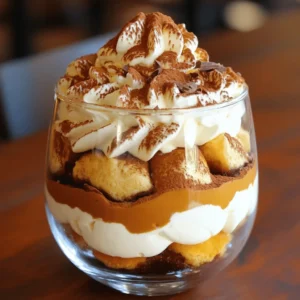 - 1 cup strong brewed coffee, at room temperature - 2 tablespoons pumpkin spice syrup (store-bought or homemade) - 1 cup mascarpone cheese - 1 cup heavy cream - 1/2 cup powdered sugar - 1 teaspoon vanilla extract - 1 cup ladyfinger cookies (savoiardi) - 1/2 teaspoon pumpkin spice blend - Unsweetened cocoa powder for dusting - Optional garnishes (chocolate shavings, ground cinnamon) You will need simple items for this tasty dessert. I love using strong brewed coffee for bold flavor. Pumpkin spice syrup adds sweetness and warmth. Mascarpone cheese gives the dessert its creamy texture. Heavy cream whips up fluffy and light. Powdered sugar sweetens without adding grit. Vanilla extract boosts flavor. Ladyfinger cookies soak up the coffee and become soft. The pumpkin spice blend enhances the scent and taste. Unsweetened cocoa powder tops it off and adds a slight bitterness. Lastly, optional garnishes like chocolate shavings and ground cinnamon make it pretty. Each ingredient plays a part in making this treat special. Gather these items, and you’ll be ready to create a delicious pumpkin spice latte tiramisu! To start, brew strong coffee. Use a coffee maker or French press. Let it cool to room temperature. Then, mix in two tablespoons of pumpkin spice syrup. Stir well until combined. This mixture adds rich flavor to your tiramisu. Next, take a mixing bowl and add one cup of heavy cream. Use an electric mixer. Whip the cream on medium speed. Watch for soft peaks to form. Gradually add half a cup of powdered sugar and one teaspoon of vanilla extract. Continue to whip until you see stiff peaks. The cream should be light and fluffy. Now, take another bowl. Add one cup of mascarpone cheese. Gently blend in the whipped cream from before. Use a spatula for this step. Fold the mascarpone into the cream carefully. You want to keep the airiness of the whipped cream. Next, quickly dip ladyfinger cookies into the coffee mixture. Make sure they soak just enough to get moist. Arrange half of the soaked ladyfingers in a single layer at the bottom of your dish. Spread half of the mascarpone mixture over the ladyfingers. Smooth it out gently. Sprinkle half of the pumpkin spice blend over the top. For the second layer, repeat the process. Use the remaining dipped ladyfingers and then the rest of the mascarpone mixture. Smooth it out for a neat finish. To finish, dust the top with unsweetened cocoa powder. Add a sprinkle of ground cinnamon for extra flavor. If you like, add chocolate shavings for a decorative touch. Cover the dish with plastic wrap. Refrigerate for at least four hours, or overnight for the best taste. Chilling time is very important for the best tiramisu. It helps the flavors blend and the layers firm up. I recommend chilling it for at least four hours or, better yet, overnight. This gives the coffee and cream time to mix into a rich treat. To avoid soggy ladyfingers, dip them quickly in the coffee mixture. Just a quick dip will make them moist without turning them mushy. You want them soft but still holding their shape. Serving your tiramisu in clear glasses makes for a stunning display. You can see the beautiful layers, which adds to the experience. Each guest can enjoy their own portion, making it feel special. For garnishing, a sprinkle of ground cinnamon adds a warm touch. You can also add a dollop of whipped cream on top for extra flair. If you want to impress, chocolate shavings give a nice richness. If you want to change the sweetness, you can use alternative sweeteners like maple syrup or agave. These options can offer a different taste and reduce the sugar content. For a non-dairy version of mascarpone, consider using cashew cream or coconut cream. These alternatives keep the flavor rich while being dairy-free, making the tiramisu suitable for more diets. {{image_4}} You can change the spice mix to fit the season. Try adding nutmeg or cardamom. These spices can bring new notes to your dessert. You can also use flavored liqueurs for a fun twist. For example, a splash of coffee liqueur can enhance the coffee flavor. Or use pumpkin liqueur for extra pumpkin spice fun. If you need a gluten-free option, use gluten-free ladyfingers. They are easy to find in stores. For a dairy-free version, try using cashew cream instead of mascarpone. You can also use coconut cream for a rich texture. Both options work well and keep the dessert creamy. You can add layers of chocolate for a richer taste. Just sprinkle some chocolate chips or shavings between the layers. You might also want to swirl in some caramel. This adds a lovely sweetness. If you enjoy nuts, consider adding crushed walnuts or pecans. They add crunch and flavor, making your tiramisu unique. For best results, use an airtight container to chill your tiramisu. Glass or plastic containers work well. Make sure the lid seals tightly to keep air out. If you don't have a container, cover your dish with plastic wrap. Press it down gently to avoid air pockets. This keeps the dessert fresh and tasty. Your pumpkin spice latte tiramisu stays fresh in the fridge for about three days. After that, the flavors may fade. If you want to store it longer, you can freeze it. Wrap it tightly in plastic wrap and then in foil. It can last up to two months in the freezer. When ready, thaw it overnight in the fridge before serving. You can make this tiramisu a day ahead. Just follow these steps: - Prepare the coffee mixture and mascarpone as usual. - Layer the dessert in your serving dish. - Cover it well with plastic wrap. - Chill it overnight in the fridge. This way, the flavors blend better, and it tastes great! Yes, you can use instant coffee. However, the taste may not be as rich. - Instant coffee lacks the depth of flavor found in brewed coffee. - If you choose instant, dissolve it in hot water first. - Aim for a strong brew to keep the coffee flavor bold. This tiramisu pairs well with many treats. Here are some ideas: - Whipped cream adds a light touch. - A scoop of vanilla ice cream brings creaminess. - Serve with spiced cookies for a crunchy contrast. - A warm cup of coffee or tea complements the flavors nicely. A runny tiramisu often happens due to a few common mistakes: - If the mascarpone cheese is not whipped well, it won't hold. - Over-soaking the ladyfingers can cause a soggy dessert. - Ensure to chill it enough time to set properly. To fix it, make sure to whip the cream to stiff peaks and soak the ladyfingers briefly. This blog post guided you through making delicious Pumpkin Spice Latte Tiramisu. You learned about key ingredients, step-by-step instructions, and tips to perfect texture and presentation. Remember to chill it well for the best results. Explore variations and adapt the recipe to suit your tastes. Storing properly keeps it fresh longer, so don’t skip that part. Enjoy sharing this treat with friends or family during the season! With these tips, you can create a delightful dessert that everyone will love.