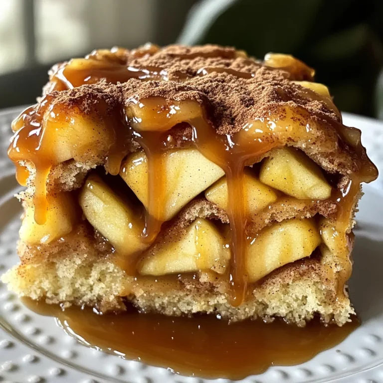 To make the Caramel Apple Cinnamon Roll Cake, you will need: - 2 cups all-purpose flour - 1 tablespoon baking powder - ½ teaspoon salt - 1 teaspoon ground cinnamon - ½ cup unsalted butter, softened - 1 cup granulated sugar - 2 large eggs - 1 teaspoon vanilla extract - 1 cup milk - 2 cups apples, peeled, cored, and diced - ½ cup brown sugar - 1 tablespoon ground cinnamon (for the filling) - 1 cup caramel sauce These ingredients blend together to create a moist and flavorful cake. The apples bring a nice tartness, while the caramel adds a sweet finish. When choosing apples for this cake, you want to think about their flavor. Tart apples work best in this recipe. They balance the sweetness of the cake and caramel. - Tart vs. Sweet Varieties: Tart apples cut through the sweetness. They give your cake a zesty kick. Sweet apples can make the cake overly sugary. - Best Options: I recommend using Granny Smith apples. Their tartness enhances the flavor. Honeycrisp apples are another great choice. They add a nice crunch and sweetness. - Preheating the Oven: Start by setting your oven to 350°F (175°C). This step warms it up for perfect baking. - Greasing the Baking Dish: Take a 9x13 inch baking dish. Use cooking spray or butter to coat it well. This keeps the cake from sticking. - Combining Dry Ingredients: In a large bowl, sift together 2 cups of all-purpose flour, 1 tablespoon of baking powder, ½ teaspoon of salt, and 1 teaspoon of ground cinnamon. Sifting helps mix the dry items evenly. - Creaming Butter and Sugar: In another bowl, beat ½ cup of softened butter with 1 cup of granulated sugar. Use an electric mixer for about 3-5 minutes. The mix should be light and fluffy. - Incorporating Wet Ingredients: Add 2 large eggs one at a time to the creamed mix. After that, mix in 1 teaspoon of vanilla extract and 1 cup of milk. Blend this until it’s smooth. - Adding Apples and Filling: Fold in 2 cups of diced apples carefully. You want them to spread throughout the batter without breaking. - Layering the Batter and Filling: Pour half the batter into the greased dish. Sprinkle half of a mixture made from ½ cup of brown sugar and 1 tablespoon of ground cinnamon over it. Pour the rest of the batter on top, then add the remaining sugar-cinnamon mix. - Baking Time and Cool Down: Bake the cake for 30-35 minutes. Check it with a toothpick to see if it comes out clean or with a few crumbs. - Drizzling Caramel Sauce: After cooling for 10-15 minutes, drizzle 1 cup of caramel sauce over the top. This adds a sweet and rich flavor. - Avoiding Overmixing: When you mix the batter, do it gently. Overmixing can make the cake tough. Stir until the dry and wet ingredients are just combined. You want some lumps for a soft cake! - Checking Doneness: To check if your cake is done, use a toothpick. Insert it into the center. If it comes out clean or with a few moist crumbs, your cake is ready. If it’s wet, let it bake longer. - Ideal Pairing with Ice Cream or Whipped Cream: This cake shines when served warm. A scoop of vanilla ice cream or a dollop of whipped cream adds a creamy touch. The cold cream balances the warm cake perfectly. - Best Ways to Present the Cake: For a great look, cut the cake into squares. Place each piece on a dessert plate. Drizzle more caramel on top and add a sprinkle of cinnamon for flair. This will wow your guests! - Storing Leftover Cake: If you have extra cake, store it in an airtight container. Keep it at room temperature for up to three days. This helps maintain its soft texture and flavor. - How to Reheat for Best Taste: To reheat, place a slice in the microwave for 10-15 seconds. This warms the cake without drying it out. For an extra treat, add more caramel before reheating! {{image_4}} Adding Nuts: Walnuts or Pecans You can add nuts for crunch. Walnuts or pecans work great. They add a nice texture. Chop them up and mix them into the batter or sprinkle on top. This gives a lovely nutty flavor to your cake. Swapping Apples for Pears If you want a twist, try pears instead of apples. Pears add a sweet and juicy flavor. Use ripe pears for the best taste. This swap can make your cake feel fresh and new. Gluten-Free Alternatives To make this cake gluten-free, use almond flour or a gluten-free blend. Just ensure your baking powder is also gluten-free. This way, everyone can enjoy the cake! Dairy-Free Options For a dairy-free version, swap the butter for coconut oil or a vegan butter. Use almond milk or soy milk in place of regular milk. It still tastes great and will keep the cake moist. Adding Chocolate Chips Want a chocolatey kick? Toss in some chocolate chips. They melt into the batter and add sweetness. Dark chocolate works well, but feel free to use any kind you like. Integrating More Spices Try adding other spices for extra flavor. Nutmeg or ginger can bring warmth to the cake. Just a pinch can elevate your cake to a new level of deliciousness. Yes, you can make this cake ahead of time. To store it, let it cool fully first. Wrap it tightly in plastic wrap or foil. This keeps it fresh. You can store it at room temperature for two days. For longer storage, place it in the fridge for up to one week. Absolutely! Freezing this cake is easy. After cooling, slice it into pieces. Wrap each slice in plastic wrap. Then, place the wrapped slices in a freezer bag. This way, they stay fresh for up to three months. To enjoy, just take a slice out and thaw it in the fridge overnight. If you don't have caramel sauce, there are great substitutes. You can use honey or maple syrup for sweetness. Another option is making a quick homemade caramel. Just melt sugar in a pan until golden brown. Add a little butter and cream for richness. To make fewer servings, you can scale down the ingredients. For example, use one cup of flour instead of two. Reduce the eggs to one instead of two. You can use a smaller baking dish too. A 9x9 inch dish works well for this. Adjust the baking time, checking for doneness a bit earlier. - Prep Time: 15 Min - Cook Time: 35 Min - Total Time: 50 Min - Servings: 12 - Calories: 320 - Fats: 12g - Carbs: 48g - Proteins: 4g This cake often gets high marks from users. Many love its rich flavors and soft texture. Reviews highlight how the caramel pairs well with apples. Some say it is the best cake they have ever made. Others enjoy how easy it is to prepare. Feedback shows that the recipe is a hit at gatherings. You can find ratings on food sites or blogs. They help show how well this cake is liked. We've explored the essential ingredients for a delicious caramel apple cinnamon roll cake. You learned how to prep, mix, and bake this delightful treat. I shared tips for perfecting cake texture and suggested ways to present and store your creation. Plus, I offered variations and answered common questions. Embrace your creativity and keep experimenting! This cake can be your canvas for endless flavor combinations. Enjoy every bite and share the joy with others.