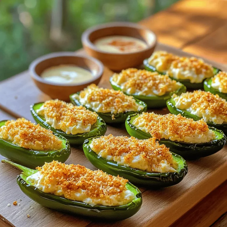- 12 fresh jalapeño peppers - 8 oz cream cheese, softened to room temperature - 1 cup shredded sharp cheddar cheese - 1/2 cup panko breadcrumbs - 1 teaspoon garlic powder - 1 teaspoon onion powder - 1/2 teaspoon smoked paprika - Salt and pepper, to taste - Olive oil spray Selecting fresh jalapeños is key for great poppers. Look for peppers that feel firm and bright. They should not have wrinkles or soft spots. Choose medium-sized jalapeños for a good balance of heat and flavor. The heat can vary by size, so be mindful of your spice level. If you want to switch things up, consider these substitutions: - Use Greek yogurt or sour cream instead of cream cheese for a tangy twist. - Try pepper jack or mozzarella for a different cheese experience. These simple swaps can change the flavor and make your dish unique. Now, get ready to make the crunchiest, most flavorful jalapeño poppers ever! First, preheat your air fryer to 375°F (190°C). This step helps cook the poppers evenly. While it heats up, check the basket. Make sure it is clean and dry. A clean basket ensures good air circulation. To prepare the jalapeños, start by slicing each pepper in half lengthwise. Use a small spoon or knife to scoop out the seeds and white membranes. This helps reduce the heat. If you love spice, leave some seeds in for a kick. Now, let’s make the cheese filling. In a bowl, mix 8 oz of softened cream cheese with 1 cup of shredded cheddar cheese. Add 1 teaspoon each of garlic powder and onion powder. Then, sprinkle in 1/2 teaspoon of smoked paprika. Don’t forget to season with salt and pepper. Mix until everything is smooth and creamy. Take a jalapeño half and fill it with the cheese mixture. Press it in well so the filling stays inside. In another bowl, place 1/2 cup of panko breadcrumbs. Lightly spray the tops of the stuffed peppers with olive oil. This helps the breadcrumbs stick better. Dip the oiled side into the breadcrumbs, covering it evenly. Now, it's time to air fry! Place the stuffed jalapeños in a single layer in the air fryer basket. Make sure they are not touching. This helps them cook evenly. Air fry for about 10-12 minutes. Keep an eye on them until they turn golden brown and the cheese is bubbly. Once they are ready, use tongs to take them out. Let them cool for a few minutes on a plate. This waiting time helps the flavors develop. For a lovely presentation, serve them on a bright platter. Add some chopped herbs on top for color. Pair with ranch or blue cheese dip for a refreshing contrast. To get that perfect crunch, use olive oil spray. This spray helps the breadcrumbs get golden and crispy. Just a light spritz on top of the poppers makes a big difference. For even coating, sprinkle the panko breadcrumbs on after spraying. Dip each oiled jalapeño half in the breadcrumbs. Make sure to cover all the tops. This step ensures that every bite is crunchy. To boost flavor, add spices or herbs to the cheese filling. Garlic powder and onion powder are great choices. You can also try adding fresh herbs like cilantro or parsley. Experiment with cheese blends too. Sharp cheddar is tasty, but mixing it with pepper jack adds spice. Go ahead and play around with flavors to find your favorite. Avoid overstuffing the jalapeños. If you pack them too tightly, the filling can spill out while cooking. Keep the filling generous, but not overflowing. Do not overcrowd the air fryer basket. Give each jalapeño space to cook evenly. If they are too close, they won’t crisp up right. Cook them in batches if needed for the best results. {{image_4}} Want more heat? Keep some jalapeño seeds in the mix. The seeds add an extra kick. You can also try spicy cheese options. Pepper jack or habanero cheddar both work great. These choices will spice up your poppers nicely. If you're vegan, swap in vegan cream cheese. This keeps the flavor while meeting dietary needs. For a gluten-free option, use gluten-free panko breadcrumbs. You can find these at many grocery stores. These simple changes let everyone enjoy the dish. Try a Southwest twist by adding black beans to the filling. This gives your poppers a hearty feel. You can also make Mediterranean-style poppers. Just add crumbled feta for a tangy touch. These variations keep things fun and exciting in the kitchen. To store leftover jalapeño poppers, let them cool down completely. Place them in an airtight container. You can refrigerate them for up to three days. If you want to keep them longer, freezing is a good option. Wrap each popper tightly in plastic wrap, then place them in a freezer bag. This keeps them fresh and prevents freezer burn. Reheating in the air fryer is the best method. Preheat your air fryer to 350°F (175°C). Place the jalapeño poppers in a single layer in the basket. Heat them for about 5-7 minutes until they are warm and crispy again. If you don’t have an air fryer, you can use an oven. Set it to 350°F (175°C) and bake the poppers on a tray for about 10-15 minutes. Jalapeño poppers last about three days in the fridge. If frozen, they can last up to three months. Always check for signs of spoilage. If they smell off or look discolored, it’s best to toss them. Trust your senses; they guide you well! You should air fry jalapeño poppers for about 10-12 minutes. This time works for most air fryer models. Some models may cook faster, so check them after 8 minutes. If you want a crispier finish, you can add an extra 2-3 minutes. Always ensure they turn golden brown and the cheese bubbles. Yes, you can prep jalapeño poppers ahead of time. Stuff the jalapeños and coat them with breadcrumbs. Place them in the fridge for up to 24 hours. When ready, just air fry them as needed. If you want to freeze them, wrap them well in plastic wrap. They will last for about three months in the freezer. You can serve jalapeño poppers with many tasty sides. Some great options are: - Ranch dressing - Blue cheese dip - Salsa - Guacamole - Fresh veggies like carrot and cucumber sticks These sides add more flavor and coolness to balance the heat. Jalapeño poppers can be a fun snack, but they have some calories. Each popper has cream cheese and cheddar cheese, which adds fat. However, they can fit into a balanced diet if you enjoy them in moderation. You can make them healthier by using low-fat cheese or adding more veggies. To make jalapeño poppers milder, here are some tips: - Remove all seeds and membranes from the peppers, as they hold most heat. - Use mild cheese instead of sharp cheddar. - Mix in some sour cream or yogurt into the cheese filling to cool it down. - Choose larger jalapeños, which tend to be less spicy than smaller ones. You now have all the details to make tasty air fryer jalapeño poppers. We covered key ingredients, from jalapeños to seasonings. I shared tips for picking fresh peppers and suggestions for substitutions. You learned step-by-step instructions to prepare, stuff, and air fry these snacks. Remember the tricks for crunch and flavor, and explore variations to suit your taste. Store leftovers wisely and reheat for best results. Enjoy experimenting with these delicious poppers!