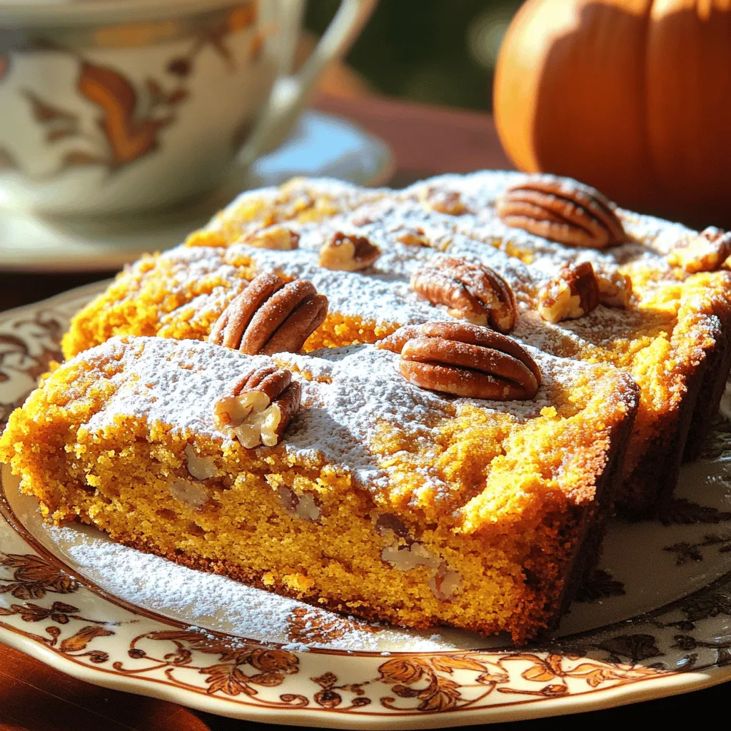 To make the perfect Pumpkin Pecan Coffee Cake, you need these key ingredients: - 1 cup canned pumpkin puree - 1/2 cup unsalted butter, softened - 1 cup brown sugar, firmly packed - 1/2 cup granulated sugar - 3 large eggs, at room temperature - 1 teaspoon pure vanilla extract - 2 cups all-purpose flour - 1 teaspoon baking powder - 1/2 teaspoon baking soda - 1/2 teaspoon salt - 1 teaspoon ground cinnamon - 1/2 teaspoon ground nutmeg - 1/2 cup pecans, coarsely chopped - 1/2 cup powdered sugar (for glaze) - 1-2 tablespoons milk (for glaze) These ingredients come together to create a moist and flavorful cake. When you prepare this cake, be precise with your measurements. Here are some easy swaps: - If you want a dairy-free version, use vegan butter. - You can replace granulated sugar with coconut sugar for a healthier option. - Use almond flour instead of all-purpose flour for a gluten-free cake. - If you don’t have pecans, walnuts work well too. These substitutions can change the taste and texture, so choose wisely. Choosing the right ingredients is key. Here are some tips: - Always use fresh canned pumpkin; it makes a big difference. - Pick unsalted butter for better control of the cake’s saltiness. - Look for high-quality vanilla extract; it enhances the flavor. - Choose whole pecans that are fresh and crunchy for the best bite. Good ingredients lead to a great cake. Enjoy the process of selecting them! Start by preheating your oven to 350°F (175°C). This step is key for even baking. Take a 9x13 inch baking pan and grease it well. Use unsalted butter or cooking spray to coat the bottom and sides. Then, dust the pan with flour. This will help the cake release easily when it's done. In a large mixing bowl, combine 1/2 cup of softened butter, 1 cup of packed brown sugar, and 1/2 cup of granulated sugar. Use an electric mixer on medium speed. Mix until the blend is light and fluffy, which should take about 3-4 minutes. Next, add 3 large eggs, one at a time, mixing well after each addition. Then, pour in 1 cup of canned pumpkin puree and 1 teaspoon of pure vanilla extract. Mix until the batter is smooth. In another bowl, whisk together 2 cups of all-purpose flour, 1 teaspoon of baking powder, 1/2 teaspoon of baking soda, 1/2 teaspoon of salt, 1 teaspoon of ground cinnamon, and 1/2 teaspoon of ground nutmeg. This mix adds flavor and helps the cake rise. Gradually add the dry mixture to the pumpkin mix. Use low speed to combine, and stop when you see a few lumps. Finally, gently fold in 1/2 cup of coarsely chopped pecans with a spatula. This adds a nice crunch. Pour the batter into your prepared baking pan. Spread it evenly using a spatula. Bake for 30-35 minutes. Check for doneness by inserting a toothpick into the center. If it comes out clean, the cake is ready. Once baked, remove the pan from the oven. Let it cool in the pan for about 10-15 minutes. Then, transfer the cake to a wire rack to cool completely. This helps the cake set and makes it easier to slice. To get a fluffy pumpkin pecan coffee cake, use room temperature ingredients. This helps the batter mix well. Cream the butter and sugars together until light and fluffy. This step is key for airiness. Avoid overmixing the batter. A few lumps are okay; they help keep it soft. A common mistake is forgetting to measure ingredients correctly. Use the spoon and level method for flour. Too much flour can make your cake dense. Also, make sure your baking powder and soda are fresh. Old leavening agents can ruin the rise of your cake. To make a smooth glaze, mix powdered sugar with milk gradually. Start with one tablespoon of milk. Add more if needed until you reach your desired thickness. Drizzle the glaze over the cake while it is still warm. This helps the glaze soak in and adds sweetness. {{image_4}} You can easily make this cake gluten-free. Use a good gluten-free flour blend. Look for one that works well in baking. It should have a mix of flours and starches. Replace the all-purpose flour with an equal amount of your blend. This swap keeps the cake moist and tasty. Always check the blend for best results. Want to spice it up? Add some extra flavors! Chocolate chips work great with pumpkin. Use ½ cup of semi-sweet or dark chocolate chips. Dried fruit, like cranberries or raisins, adds a nice chew. Try adding ½ cup to the batter. If you're feeling adventurous, mix in some orange zest. It gives a fresh twist! Switch up the glaze for more fun! Instead of a basic glaze, use cream cheese frosting. It adds a rich flavor that pairs well with pumpkin. For a nutty touch, sprinkle more chopped pecans on top. You can also use a simple dusting of powdered sugar. This makes for a pretty presentation. Try to find what you love! To keep your pumpkin pecan coffee cake fresh, store it in an airtight container. Place it at room temperature for up to three days. If you want to keep it longer, refrigeration is a good option. Just remember that it may dry out a bit. You can also freeze this cake for up to three months. First, let it cool completely. Then, wrap it tightly in plastic wrap and place it in a freezer bag. When you're ready to enjoy it, thaw it in the fridge overnight. To reheat, slice the cake and place it in the microwave. Heat on low for about 15-20 seconds. If you prefer, you can warm it in the oven at 350°F for about 10 minutes. This brings back its soft texture and warm flavors. Enjoy with a cup of coffee! Yes, you can use fresh pumpkin. Just make sure to cook and puree it first. Fresh pumpkin has a different texture, so it might change the cake a bit. You can steam or roast the pumpkin. After cooking, let it cool and then blend it until smooth. This will give you about the same amount as a can. The best way to check is with a toothpick. Insert it into the center of the cake. If it comes out clean, the cake is done. If you see wet batter on the toothpick, it needs more time. Start checking at 30 minutes, but it might take up to 35 minutes. This cake stays fresh for about 3-4 days on the counter. Keep it in an airtight container to keep it moist. You can also store it in the fridge for about a week. Just remember to warm it slightly before eating for the best taste. This blog post covered all the steps to make a great Pumpkin Pecan Coffee Cake. We talked about key ingredients, how to prep and bake, and tips for a fluffy texture. You can try fun variations and different toppings, too. Remember to store your cake properly to keep it fresh. With these tips, you’ll bake a cake that everyone loves. Enjoy your baking adventure!