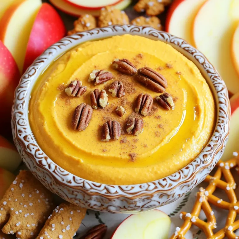 - 8 oz cream cheese, softened - 1 cup pumpkin puree - 1/2 cup powdered sugar - 1 teaspoon pure vanilla extract - 1 teaspoon pumpkin pie spice blend - 1/4 teaspoon sea salt - 1/4 cup sour cream - 1/4 cup chopped pecans or walnuts - Serving suggestions: apple slices, ginger snap cookies, pretzel sticks This Pumpkin Spice Cream Cheese Dip is a treat you will love. The main ingredients create a creamy base. Softened cream cheese blends well with pumpkin puree. The powdered sugar gives sweetness, while vanilla adds depth. Each bite tastes like fall. To enhance the flavor, I add pumpkin pie spice. This spice blend brings warmth and a cozy feel. The sea salt balances the sweetness. Sour cream adds creaminess and a little tang. Together, they make the dip rich and flavorful. You can top the dip with nuts for added crunch. Chopped pecans or walnuts work best. For serving, I suggest fresh apple slices, ginger snap cookies, or crunchy pretzel sticks. These options pair well and make for a fun presentation. - Step 1: Mix cream cheese and pumpkin puree Start by placing 8 ounces of softened cream cheese and 1 cup of pumpkin puree in a large mixing bowl. Use an electric mixer to beat the mixture on medium speed. Blend for about 2 to 3 minutes until it’s smooth and creamy. - Step 2: Incorporate powdered sugar Gradually add in 1/2 cup of powdered sugar. Keep mixing until the dip becomes fluffy and the sugar blends in well. This step adds the sweetness and makes the dip delightful. - Step 3: Add vanilla extract, pumpkin pie spice, and sea salt Pour in 1 teaspoon of pure vanilla extract, 1 teaspoon of pumpkin pie spice, and 1/4 teaspoon of sea salt. Mix on low speed to combine everything. This adds warmth and depth to the flavor. - Step 4: Fold in sour cream Carefully fold in 1/4 cup of sour cream with a spatula. This step gives the dip a creamy texture and a nice tanginess that balances the sweetness. - Step 5: Adjust sweetness with powdered sugar Taste the dip. If you want it sweeter, add more powdered sugar. Mix well after each addition to ensure it’s evenly sweet. - Step 6: Chill and serve Transfer the dip to a serving bowl, smoothing the top with a spatula. Chill it in the refrigerator for at least 30 minutes. This helps the flavors blend together nicely. Before serving, feel free to garnish with chopped pecans or walnuts for extra crunch. To get the right texture, mix the softened cream cheese and pumpkin puree well. Use an electric mixer for smoothness. Aim for a creamy and fluffy dip. If the dip feels too thick, add more sour cream. This will help create that velvety feel. Adjusting sweetness is easy. Start with half a cup of powdered sugar. Taste the dip after mixing. If you want it sweeter, add more sugar. Mix it well after each addition. This ensures the sweetness is just right for your taste. Choose a nice serving bowl. A colorful or patterned bowl can make your dip stand out. Smooth the dip's top for a clean look. You can drizzle honey or maple syrup on top. This adds a touch of sweetness and makes it more inviting. For garnishing, sprinkle chopped pecans or walnuts on top. This adds crunch and flavor. Arrange apple slices, ginger snap cookies, or pretzel sticks around the bowl. This not only looks good but makes it easy for guests to grab a snack. Try different spices to mix up the flavor. Cinnamon, nutmeg, or allspice can work well. Each spice adds a new twist to your dip. You can also swap some ingredients. If you don’t have pumpkin puree, try sweet potato puree. It gives a similar taste with a unique flavor. If you want a lighter dip, use low-fat cream cheese. You can also consider sugar substitutes like stevia. These changes keep the dip tasty while making it healthier. Enjoy exploring these flavor twists! {{image_4}} To make this dip lighter, you can use low-fat cream cheese. It keeps the creamy texture but cuts some calories. For sweetness, try sugar substitutes like stevia or monk fruit. These options let you enjoy the dip without added sugar. Want to mix things up? You can add chocolate or caramel to the dip. These flavors pair well with pumpkin spice. If you're feeling adventurous, try savory herbs like rosemary or thyme. You can even stir in some cheese for a unique twist. As seasons change, so can your dip! For holidays, add cranberries or nutmeg for a festive touch. In summer, swap pumpkin for fresh fruits like peaches or berries. This keeps your dip fresh and fun year-round. Pumpkin Spice Cream Cheese Dip lasts about 4 to 5 days in the fridge. To keep it fresh, store it in an airtight container. This prevents air from drying out the dip. You can also cover the bowl tightly with plastic wrap. Yes, you can freeze this dip! It keeps well for up to 2 months in the freezer. To freeze, place it in a freezer-safe container. Be sure to leave some space at the top, as it may expand. When you’re ready to use it, thaw it in the fridge overnight. When you take the dip out of storage, it may lose some creaminess. To revive its texture, mix in a little sour cream or cream cheese. If the flavor seems off, add a touch more powdered sugar or pumpkin pie spice. This will help balance the taste and bring back that fall flavor. How long does Pumpkin Spice Cream Cheese Dip last? This dip lasts about 3 to 5 days in the fridge. Store it in an airtight container. Can I make this dip a day in advance? Yes, you can make this dip a day ahead. It tastes better after chilling overnight. What to do if the dip is too thick? If the dip is too thick, add a little milk or cream. Mix until you reach the right texture. How to fix a dip that's too sweet? To fix a dip that's too sweet, add a pinch of salt. This balances the sweetness nicely. Caloric details of the dip This dip has about 150 calories per serving. This can change with added ingredients. Allergen information (nuts, dairy) The main allergens are dairy and nuts if you use pecans or walnuts. Always check for allergies before serving. This post covered how to make a delicious pumpkin spice cream cheese dip. We discussed the main ingredients, flavor enhancers, and optional garnishes. I shared tips for perfecting the dip's texture and ways to present it. You learned about healthy variations and how to store the dip properly. With these steps, you can create a tasty treat for any event. Enjoy experimenting with flavors and sharing your dip with friends and family!