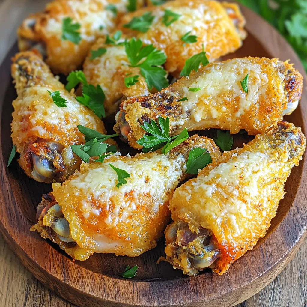 To make these wings, you need: - 2 pounds chicken wings - 3 tablespoons olive oil - 4 cloves garlic, finely minced - 1 teaspoon sea salt - 1/2 teaspoon freshly cracked black pepper - 1 teaspoon smoked paprika - 1/2 teaspoon dried Italian seasoning - 1/4 cup finely grated Parmesan cheese - Fresh parsley, chopped (for garnish) These ingredients create a rich flavor. The garlic and Parmesan shine through, making each bite a treat. To boost flavor, consider adding: - A dash of cayenne for heat - Lemon zest for brightness - A splash of hot sauce for spice These extras can make your wings unique. Experiment and find your perfect mix. For best results, use: - An air fryer - A large mixing bowl - Paper towels for drying - A serving platter for display Having the right tools makes cooking easier. An air fryer ensures crispy wings without a lot of oil. Set your air fryer to 400°F (200°C) and let it heat for 5 minutes. This step helps the wings cook evenly and become crispy. Rinse 2 pounds of chicken wings under cold water. Use paper towels to pat them dry. Removing moisture is key for crispiness. In a large bowl, mix together 3 tablespoons of olive oil, 4 minced garlic cloves, 1 teaspoon of sea salt, 1/2 teaspoon of black pepper, 1 teaspoon of smoked paprika, and 1/2 teaspoon of dried Italian seasoning. Add the wings to the bowl and toss them well. Make sure each wing gets covered in the seasoning. Place the seasoned wings in a single layer in the air fryer basket. Cook for 25 to 30 minutes. Shake the basket halfway through cooking for even results. The wings should be golden brown and crispy. Once the wings are cooked, sprinkle 1/4 cup of grated Parmesan cheese over the hot wings. Cook for another 2 to 3 minutes to melt the cheese. This adds a rich flavor and nice texture. Carefully transfer the wings to a serving platter. Garnish with chopped fresh parsley for color and flavor. Serve immediately for the best taste. To get crispy chicken wings, start with dry wings. Rinse them well, then pat them dry. Moisture makes wings soggy, not crispy. Use olive oil to coat them lightly. This helps the skin crisp up. Set your air fryer to 400°F (200°C) for the best results. Cook the wings in a single layer. This allows hot air to flow freely around them. Shake the basket halfway through cooking. This ensures even crispiness on all sides. For great flavor, mix your seasonings well. Use garlic, salt, pepper, smoked paprika, and Italian herbs. Coat the wings thoroughly in this mix. You want every bite to burst with flavor. Don't skip the Parmesan cheese. Sprinkle it on hot wings right after cooking. This adds a tasty finish. Adjust seasoning to your taste. Add more salt or pepper if you like it spicier. Even cooking is key for perfect wings. Make sure not to overcrowd the basket. Each wing needs space for air to flow. If you have many wings, cook them in batches. Shake the basket during cooking, too. This helps wings cook evenly. Check the wings at 25 minutes. They should be golden brown and crispy. If not, give them a few more minutes. {{image_4}} If you love a kick, try adding heat. Mix in cayenne pepper or hot sauce. Start with a teaspoon and adjust to your taste. You can also add chili flakes for extra spice. The heat pairs well with garlic and Parmesan. Get creative with your seasonings. Try adding lemon zest for a fresh twist. You can also use BBQ rub for a smoky flavor. If you want a different herb taste, swap Italian seasoning for a mix of rosemary and thyme. Each option gives a new layer to your wings. Cooking times change based on wing size. Smaller wings may only need 20 minutes. Larger wings can take up to 35 minutes. Always check for doneness. The wings should reach an internal temperature of 165°F. Adjust your cooking time to get perfectly crispy wings every time. To store leftover wings, let them cool first. Place the wings in an airtight container. Cover them tightly to keep them fresh. You can keep them in the fridge for up to three days. If you want to store them longer, freezing is a great option. When you’re ready to eat your wings, reheating is easy. Preheat your air fryer to 350°F (175°C). Place the wings in a single layer in the basket. Heat them for about 10 minutes. This method makes them crispy again. You can also use an oven. Set it to 375°F (190°C) and bake for 15 minutes. Freezing wings is a smart way to save them. First, let them cool completely. Place the wings in a freezer bag or container. Squeeze out as much air as possible before sealing. They can last up to three months in the freezer. When you’re ready to eat, thaw them in the fridge overnight before reheating. Yes, you can use frozen chicken wings. Just remember to adjust the cooking time. Cook them for about 5-10 minutes longer than fresh wings. Make sure to check that they are fully cooked. The internal temperature should reach 165°F (74°C). If you don't have Parmesan cheese, try using Pecorino Romano. It has a similar taste but is a bit saltier. You can also use nutritional yeast for a dairy-free option. It adds a cheesy flavor without any cheese. Cook chicken wings in the air fryer for 25-30 minutes. Shake the basket halfway through to keep the wings cooking evenly. They should be golden brown and crispy when done. You can make wings without oil, but they may not be as crispy. The oil helps the seasonings stick and adds flavor. If you want to skip oil, use a cooking spray instead. This will help with crispiness. Garlic parmesan wings taste great with ranch or blue cheese dressing. For a spicy kick, try buffalo sauce. Honey mustard also adds a nice sweet touch. Choose your favorite for dipping! In this guide, I shared how to make delicious Air Fryer Garlic Parmesan Chicken Wings. We covered key ingredients, step-by-step instructions, tips for perfect crispiness, and fun variations. With just a few tools and some easy steps, you can enjoy these tasty wings. Remember, you can adjust the flavors and enjoy leftovers, too. Try different seasonings or dipping sauces to make them your own. Now, get cooking and enjoy your delicious meal!