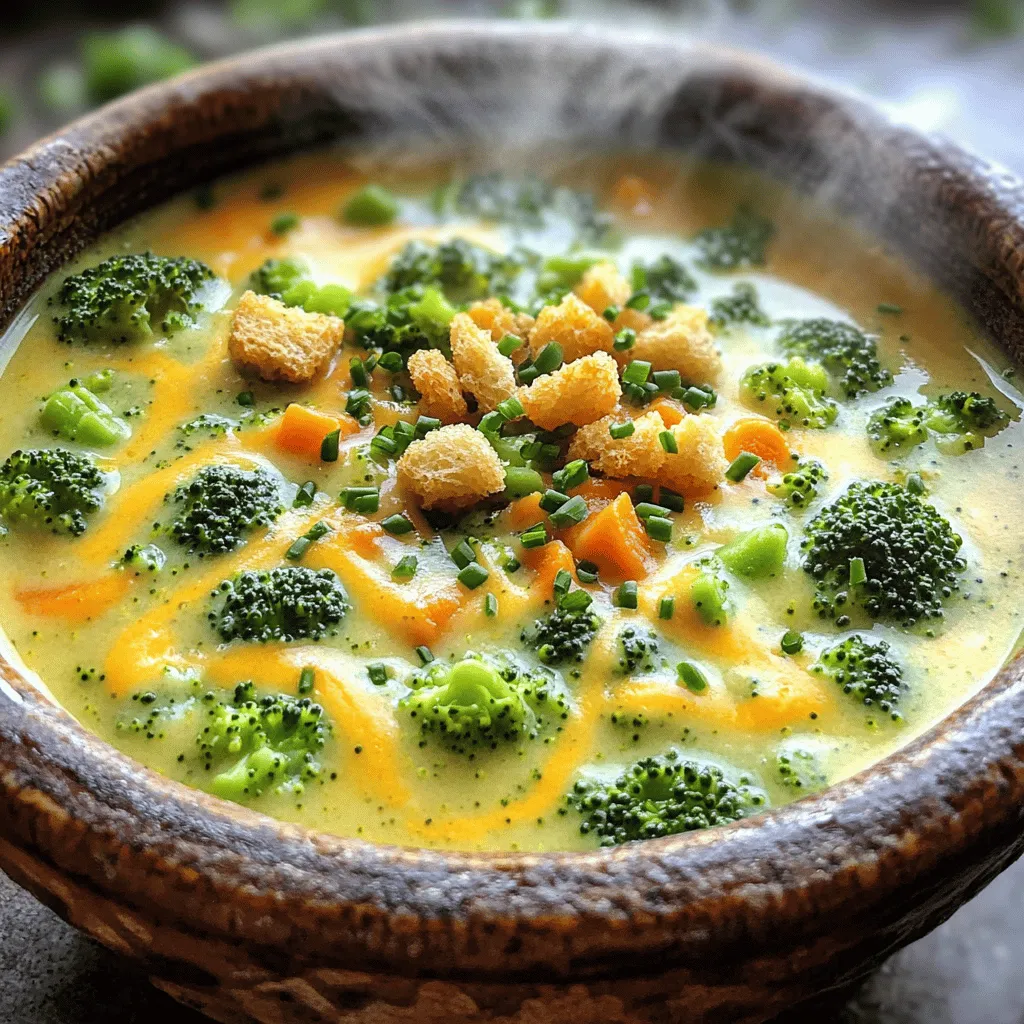 For this soup, fresh vegetables are key. You need: - 4 cups fresh broccoli florets - 1 cup diced carrots - 1 cup diced celery - 1 medium onion, finely chopped - 3 cloves garlic, minced Using fresh veggies gives the soup a bright flavor. The broccoli adds nutrition and a lovely green color. Carrots and celery add sweetness and crunch. The onion and garlic bring warmth to the dish. The broth and cream create a rich base. You will need: - 4 cups vegetable broth - 1 cup heavy cream Vegetable broth makes the soup light yet flavorful. Heavy cream adds richness and smoothness, making every bite a treat. Together, they form a perfect canvas for the cheese and veggies. Cheese is the star of this soup. Use: - 2 cups sharp cheddar cheese, shredded Sharp cheddar delivers a strong, tangy flavor. It melts beautifully, creating a creamy texture in the soup. You can also mix in a little mild cheddar if you want a softer taste. Seasonings enhance the flavor. You will need: - 1 teaspoon dried thyme - Salt and pepper to taste - Optional garnishes: croutons and chopped chives Thyme adds a lovely herbal note. Salt and pepper balance the flavors. Croutons add crunch, while chives bring a fresh touch to the soup. These little details make a big difference in your bowl of goodness. Start by heating olive oil in a skillet over medium heat. Add the chopped onion and garlic. Cook them for about two minutes. Then, add diced carrots and celery. Sauté everything for five minutes until soft and fragrant. This step brings out the flavors in your soup. Once the veggies are ready, transfer them to your slow cooker. Add fresh broccoli florets. Pour in the vegetable broth next. It is important to use enough broth to cover the veggies. This helps to create a rich and tasty soup. Now, add dried thyme, salt, and pepper to taste. Stir the mixture well, then cover the slow cooker. You can cook on low for 6-8 hours or high for 3-4 hours. The goal is for the veggies to become tender and the flavors to meld nicely. After the cooking time, carefully blend the soup. An immersion blender works best for this. You can also use a regular blender in batches. Blend until you reach your desired texture. You can leave it smooth or add some chunks for extra bite. Once blended, stir in heavy cream. This makes the soup creamy and rich. Next, gradually add shredded sharp cheddar cheese. Stir until the cheese is fully melted. Taste and adjust with more salt and pepper if needed. Ladle the soup into bowls. For a special touch, top with croutons and chopped chives. This adds color and texture. Enjoy your creamy broccoli cheddar soup with warm bread or a side salad. Pick bright green broccoli florets. Look for firm, tight heads and avoid yellowing. Fresh broccoli gives the soup a nice crunch and bright flavor. Try to choose broccoli that feels heavy for its size. For a creamy soup, blend until smooth. If you want some texture, blend only half the soup. Use an immersion blender for easy blending right in the pot. You can also transfer batches to a regular blender. Add a pinch of nutmeg for warmth. You can also try some crushed red pepper for a kick. Fresh chives or parsley on top adds color and a fresh taste. Always taste and adjust salt and pepper before serving. Don't skip sautéing the onions and garlic. This step builds flavor and depth. Avoid overcooking the soup; you want tender veggies, not mush. Lastly, don’t add cheese too soon; it should melt in the warm soup, not curdle. {{image_4}} You can easily boost the soup's nutrition by adding protein. Chicken or turkey works well. Just cook the meat first and add it to the slow cooker. You can also use cooked bacon or sausage for a smoky flavor. If you want a vegetarian option, consider adding white beans or lentils. These add great texture and protein. If you need a dairy-free version, swap out the heavy cream and cheese. Use coconut milk or almond milk instead. Nutritional yeast can give a cheesy flavor without dairy. Look for vegan cheese if you want that creamy texture. You might need to adjust the seasoning, as dairy-free options can taste different. For those who love heat, add red pepper flakes or jalapeños. These will give your soup a nice kick. If you prefer herbs, add fresh basil, cilantro, or parsley. These can brighten the soup's flavor. Experiment with different spices like paprika or curry powder for a unique taste. After cooking your broccoli cheddar soup, let it cool. You can leave it at room temperature for about 30 minutes. Once cooled, transfer the soup to an airtight container. Store it in the fridge for up to 4 days. Make sure to seal it well so it stays fresh. If you want to save some for later, freezing is a great choice. First, let the soup cool completely. Pour it into a freezer-safe container, leaving some space at the top. This allows for expansion as it freezes. You can freeze the soup for up to 3 months. To enjoy your frozen soup, thaw it in the fridge overnight. When you’re ready to heat it, pour the soup into a pot. Warm it over low heat, stirring often. If the soup seems thick, add a splash of vegetable broth or water to reach your desired consistency. You can also use the microwave, heating it in short bursts. Yes, you can use frozen broccoli. Frozen broccoli works well in this soup. Use about 4 cups of frozen florets. Just add them to the slow cooker with the broth. Make sure to adjust the cooking time, as frozen broccoli cooks faster. To make this soup gluten-free, check the vegetable broth. Many broths contain gluten. Use a gluten-free broth instead. The rest of the ingredients are naturally gluten-free, so you can enjoy this soup safely. Yes, you can make this soup on the stove. Sauté the veggies in a pot. Then, add the broth and broccoli. Simmer until the veggies are tender. Use an immersion blender to puree the soup. Finally, stir in the cream and cheese. This soup pairs well with many sides. Try serving it with crusty bread or a fresh salad. You can also offer croutons or a sprinkle of chives on top. These additions enhance the flavors and make the meal complete. This soup lasts about 3 to 4 days in the fridge. Store it in an airtight container. Make sure to let it cool before sealing. When ready to eat, simply reheat it on the stove or in the microwave. This blog focused on how to make delicious broccoli cheddar soup. We explored the right fresh veggies, rich broth, and the perfect cheese. I shared easy steps to cook and blend your soup, plus tips for great results. Variations can add protein or spice to suit your taste. Lastly, proper storage ensures you enjoy your soup later. With these insights, you can craft a tasty dish that warms the soul. Happy cooking!