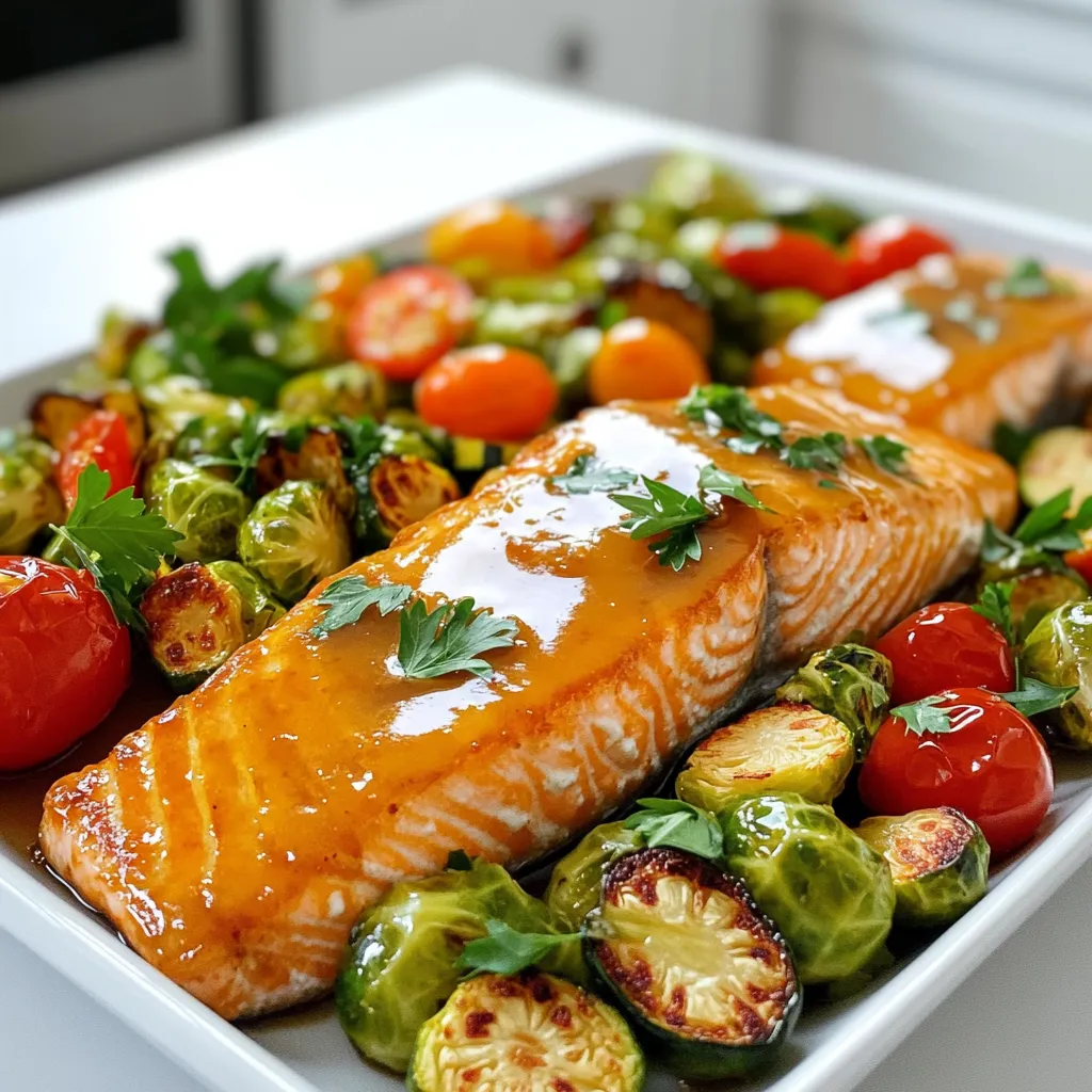 - 4 salmon fillets - 1/4 cup pure maple syrup - 2 tablespoons Dijon mustard - 2 tablespoons soy sauce (or tamari for gluten-free) - 1 tablespoon olive oil - 1 teaspoon garlic powder - 1 teaspoon onion powder - Salt and pepper to taste - 1 cup Brussels sprouts, halved - 1 red bell pepper, sliced into strips - 1 zucchini, sliced into half-moons - 1 cup cherry tomatoes, halved - Fresh parsley, chopped for garnish (optional) When it comes to cooking, using fresh, high-quality ingredients makes a big difference. For this recipe, I always choose salmon fillets that are bright and firm. The maple syrup gives a sweet flavor. I like using pure maple syrup, as it is natural and rich. Dijon mustard adds a tangy kick, while soy sauce brings depth. For the veggies, I often choose Brussels sprouts, bell peppers, zucchini, and cherry tomatoes. These vegetables roast well and add color to the dish. Halving or slicing them helps them cook evenly. I enjoy using fresh parsley for garnish, as it adds a nice touch. - Calories per serving: Approximately 350 - Macronutrient breakdown: - Protein: 30g - Carbs: 25g - Fats: 15g The ingredients in this dish offer many health benefits. Salmon is a great source of protein and healthy fats. It has omega-3 fatty acids, which are good for heart health. The vegetables provide fiber, vitamins, and minerals. For example, Brussels sprouts are high in vitamin C and K. Using this balanced mix of ingredients, you can enjoy a meal that is not only tasty but also nutritious. This recipe is a perfect choice for a quick weeknight dinner that satisfies your hunger and nourishes your body. - Preheat to 400°F (200°C). - Line the baking sheet with parchment paper. Start by preheating your oven. This step ensures even cooking. Lining the baking sheet makes cleanup easy. It also helps the food not stick. - Combine maple syrup, Dijon mustard, soy sauce, and seasonings. - Tips for achieving the perfect consistency. In a small bowl, mix together the maple syrup, Dijon mustard, soy sauce, and olive oil. Add garlic powder, onion powder, salt, and pepper. Whisk until smooth. For the right consistency, make sure there are no lumps. The glaze should be thick enough to coat the salmon but not too thick. - Positioning salmon and brushing with glaze. - Tossing and seasoning the vegetables. Place the salmon fillets in the center of the sheet pan. Brush each fillet with the maple glaze. Set aside some glaze for later. In a big bowl, toss the Brussels sprouts, red bell pepper, zucchini, and cherry tomatoes with olive oil, salt, and pepper. This step helps the veggies to get nice and flavorful. - Cooking time and temperature considerations. - Signs the salmon and veggies are properly cooked. Put the pan in the oven and bake for 15-20 minutes. The salmon should flake easily with a fork when done. The veggies should be tender and slightly caramelized. Keep an eye on them so they do not overcook. - Using the reserved glaze in the last minutes. - Enhancing flavor without overcooking. In the last five minutes of baking, brush the reserved glaze over the salmon and veggies. This step boosts the flavor without overcooking. It adds a nice shiny finish to your dish as well. To get the right texture for your salmon, cook it until it flakes easily with a fork. This usually takes 15 to 20 minutes at 400°F. Avoid overcooking, as this makes the fish dry. A common mistake is not brushing enough glaze on the salmon. Make sure to coat it well, and save some glaze to add later. For the best veggies, choose fresh Brussels sprouts, red bell peppers, zucchini, and cherry tomatoes. These vegetables roast well and add great flavor. Cut the Brussels sprouts in half, slice the bell pepper into strips, and cut the zucchini into half-moons. Halve the cherry tomatoes for even cooking. Even cuts help all the veggies cook at the same time. Pair your maple glazed salmon and veggies with fluffy rice or quinoa for a full meal. A crisp green salad also works well. For an eye-catching display, serve the dish right on the baking sheet or transfer it to a large, colorful platter. Garnish with fresh parsley for a pop of color and an added touch of freshness. {{image_4}} You can swap salmon for other fish. Cod or trout works well with the glaze. If you want a vegetarian option, try tofu. It soaks up the flavor just like salmon. For the veggies, use what is fresh and in season. Carrots, asparagus, or broccoli are great choices. You can mix and match based on what you like. Think about color and texture for a fun dish. To give this dish a twist, add spices or herbs. Ginger, dill, or even cumin can change the taste. Fresh herbs like thyme or rosemary can add a nice touch. If you want heat, add a pinch of red pepper flakes. You can also mix in some sriracha or chili paste. This will create a spicy version that adds excitement to each bite. This recipe is easy to make allergy-friendly. Use tamari instead of soy sauce for gluten-free needs. Ensure your Dijon mustard is also gluten-free. For a dairy-free version, there’s no need for any dairy here. Just stick to the recipe as is. It’s perfect for those with dairy sensitivities. You can enjoy a tasty meal without worry. After enjoying your maple glazed salmon and veggies, let leftovers cool. Place them in an airtight container. This keeps the dish fresh and tasty. Store it in the fridge. It will last for up to three days. Be sure to check for any signs of spoilage before eating. If you want to save more leftovers, you can freeze them. Wrap each salmon fillet and the veggies in plastic wrap. Then, put them in a freezer bag. This prevents freezer burn. You can freeze the dish for up to three months. To thaw, move the container to the fridge overnight. This method keeps the quality intact. To reheat, a microwave works well, but I prefer the oven. Preheat your oven to 350°F (175°C). Place the salmon and veggies on a baking sheet. Cover them with foil to keep moisture in. Heat for about 10-15 minutes. Check to ensure they are warm but not overcooked. This way, you keep the flavors and textures just right. Yes, you can use frozen salmon. Just make sure to thaw it first. Thawing the salmon helps it cook evenly. Place the frozen salmon in the fridge overnight or use the defrost setting on your microwave. Once thawed, follow the same steps in the recipe. The glaze will still add great flavor. You can serve this dish with rice or quinoa. Both options soak up the maple glaze well. A side salad with mixed greens works great too. Consider adding some crusty bread to soak up extra sauce. These sides balance the meal and add freshness. Salmon is done when it flakes easily with a fork. It should also have an opaque color. Use a food thermometer to check; it should reach an internal temperature of 145°F (63°C). If you see white stuff on the surface, it’s called albumin. It’s safe but means the fish is overcooked. Yes, you can prepare the glaze ahead of time. Mix the maple syrup, mustard, soy sauce, olive oil, garlic powder, and onion powder. Store it in an airtight container in the fridge. When you are ready to cook, just give it a good stir and brush it on the salmon. Cut vegetables into even pieces for roasting. Aim for about 1-inch pieces. This size helps them cook evenly. For Brussels sprouts, halve them. Slice bell peppers into strips. Cut zucchini into half-moons. Cherry tomatoes can stay whole or be halved, depending on your preference. Even pieces lead to perfect roasting. This blog post covered making a tasty maple glazed salmon meal. I shared key ingredients, step-by-step instructions, and tips for tasty veggies. You learned about variations, storage, and frequently asked questions. This dish is simple and fun to make. You can switch up ingredients to suit your taste. Enjoy every bite and impress your family and friends. Cook well and taste the joy!