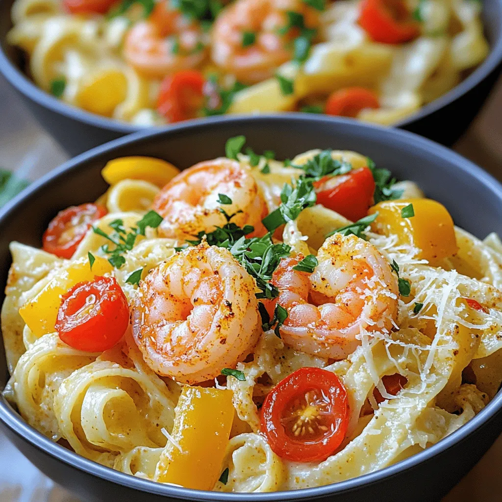 - 12 oz fettuccine or linguine - 1 lb shrimp, peeled and deveined - 1 tablespoon Cajun seasoning - 2 tablespoons olive oil - 1 medium onion, diced - 3 cloves garlic, minced - 1 bell pepper (red or yellow), diced - 1 cup cherry tomatoes, halved - 2 cups chicken broth (low-sodium recommended) - 1 cup heavy cream - 1 cup freshly grated Parmesan cheese - Salt and freshly ground black pepper, to taste - Fresh parsley, chopped, for garnish When I make Creamy Cajun Shrimp Pasta, I gather my ingredients first. This makes cooking easier and faster. The pasta is key to the dish. I always choose fettuccine or linguine. They soak up the sauce well. Shrimp is the star here. I use one pound of peeled and deveined shrimp. This makes the meal quick and easy. Cajun seasoning adds a nice kick. One tablespoon is all you need for great flavor. Next, I focus on flavor enhancers. I heat two tablespoons of olive oil in a large skillet. Then, I add one diced onion and cook it until soft. This takes about five minutes. Next, I add three minced garlic cloves. The smell is amazing! I also like to add color and taste with a bell pepper. I use either red or yellow, diced small. Cherry tomatoes bring sweetness. I always halve one cup of those. The broth adds depth. I prefer low-sodium chicken broth for better control over salt. Heavy cream makes it rich. I use one cup to give the pasta its creamy texture. Lastly, I finish with freshly grated Parmesan cheese. One cup adds a savory note. Don’t forget salt and pepper for taste. I love to garnish with fresh parsley before serving. It looks great and adds freshness. - Boil a large pot of salted water. - Cook fettuccine or linguine until al dente. Start by boiling water in a big pot. Add salt to the water to enhance the pasta's flavor. Once it boils, add your fettuccine or linguine. You want to cook it until it's al dente. This means it should be firm to the bite. It usually takes around 8 to 10 minutes. Make sure to check the package for exact times. Before draining, save about half a cup of that starchy pasta water. This will help later with the sauce. - Heat olive oil and sauté onion and bell pepper. - Add garlic and cook until fragrant. Next, grab a large skillet and heat up some olive oil on medium heat. Once it's hot, toss in the diced onion and bell pepper. Sauté them for about 4 to 5 minutes. You want them soft and see-through. Now, add the minced garlic. Cook it for another minute until it smells great. Be careful not to burn the garlic, as it can turn bitter. - Coat shrimp in Cajun seasoning. - Cook shrimp until pink and opaque. Now it’s time for the shrimp! Sprinkle the Cajun seasoning over the shrimp in a bowl. Make sure each piece is well coated. Then, add the shrimp to the skillet. Cook them for about 2 to 3 minutes. You want them to turn pink and opaque. Once done, take them out and place them on a plate. We will add them back later. - Cook cherry tomatoes and add chicken broth. - Mix in cooked pasta and simmer. In the same skillet, add the halved cherry tomatoes. Cook them for about 2 minutes. This helps them soften and release their juices. Then pour in the chicken broth. Use a spatula to scrape up any tasty bits stuck to the skillet. Now, add your drained pasta into the skillet and stir well. The pasta should be fully covered by the broth. Turn up the heat to bring it all to a boil, then lower it to a gentle simmer. Cover the skillet and cook according to the pasta package, usually 10 to 12 minutes. - Stir in heavy cream and Parmesan cheese. - Season to taste and add shrimp back into the dish. Once the pasta is cooked and most of the liquid is gone, lower the heat. Stir in the heavy cream. Let it simmer for an extra 2 to 3 minutes to thicken. Now, gradually mix in the freshly grated Parmesan cheese. Stir until it melts and becomes creamy. Taste it. Add salt and black pepper as needed. Finally, gently fold the cooked shrimp back into the dish. Stir until everything is hot and well mixed. Let it rest for a couple of minutes before you serve. To make the sauce just right, allow it to thicken properly. This adds depth and richness to your dish. You can also reserve some pasta water. This starchy water helps adjust the sauce’s thickness. If the sauce feels too thick, add a little pasta water until it reaches your desired consistency. Be careful not to overcook the shrimp. It only takes about 2-3 minutes for them to turn pink and opaque. If you cook them too long, they can become tough. After cooking, keep the shrimp warm on a plate while you finish the pasta. This way, they stay tender when you mix them in. Feel free to experiment with additional spices. Adding a pinch of cayenne can give your dish a nice kick. You can also add a splash of lemon juice. This brightens the whole dish and balances the creaminess. A little zing from lemon can elevate your creamy Cajun shrimp pasta to new heights! {{image_4}} You can easily make this dish fit your diet. If you need gluten-free options, try using gluten-free pasta. Many brands offer great choices that taste just as good. For those who want a dairy-free dish, replace heavy cream with coconut milk or almond milk. Both options give you a creamy texture without the dairy. Feel free to get creative with proteins! Instead of shrimp, you can use chicken or sausage. Just ensure you cook them through. Adding extra vegetables can also boost flavor. Spinach or zucchini works great and adds color. Toss them in when you add the cherry tomatoes for a healthy twist. Adjusting spice levels is simple. If you want less heat, use less Cajun seasoning. You can also add more garlic for a stronger taste. Garlic adds depth and pairs well with the creamy sauce. Just remember, cooking is all about finding your perfect balance! After enjoying your creamy Cajun shrimp pasta, let it cool down first. This step helps keep the quality intact. Once cool, store it in airtight containers. This keeps the flavors fresh and prevents drying out. When it's time to enjoy leftovers, the stovetop is your best friend. Heat it gently in a pan. To bring back the creaminess, add a splash of broth or cream. This simple trick makes it taste almost as good as when you first made it. If you want to save some for later, freeze it before adding cream. This method keeps the texture nice and creamy after thawing. You can store it in the freezer for up to 3 months. Just remember to label your container with the date! Yes, you can use frozen shrimp. Just thaw them first. Place the shrimp in cold water for about 10-15 minutes. It helps them cook evenly. Frozen shrimp also saves time, making dinner prep easier. To spice things up, add more Cajun seasoning. You can also include crushed red pepper flakes. A dash of hot sauce works well, too. Start with a small amount, then taste and adjust as needed. You can substitute heavy cream with half-and-half for a lighter option. Coconut cream also adds a nice flavor. For a dairy-free version, use cashew cream or almond milk thickened with a bit of cornstarch. Yes, you can prep this dish in advance. Cook the pasta and shrimp separately, then store them in the fridge. Combine everything right before serving. This keeps the pasta from getting mushy. Check the pasta package for cooking time. Taste a piece a minute or two before the time is up. It should be firm but not hard in the center. That’s the perfect al dente texture for your pasta. In this blog post, we explored how to make creamy Cajun shrimp pasta using simple ingredients. We discussed essential items, flavor enhancers, and cooking steps to achieve the perfect dish. I shared tips for a creamy sauce and ideas for delicious variations. This recipe is flexible, so feel free to adjust ingredients to fit your needs. Whether you’re cooking for yourself or a crowd, this dish is sure to impress. Enjoy the flavors and get creative in your kitchen!