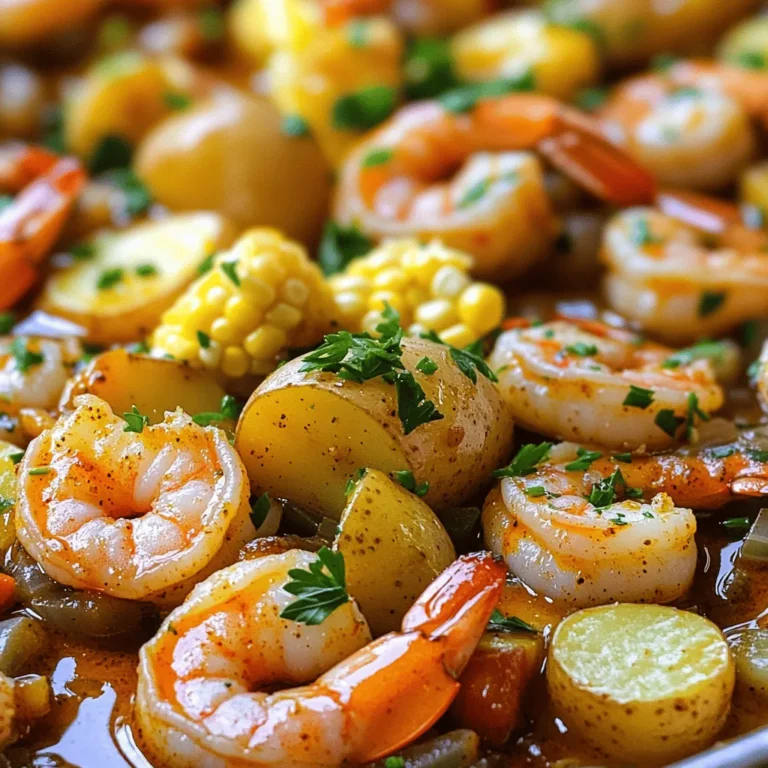 - 1 lb large shrimp, peeled and deveined - 2 cups baby potatoes, halved - 2 ears of corn, cut into thirds - 4 tablespoons Cajun seasoning - 3 tablespoons olive oil - 1 tablespoon garlic, minced - 1 bell pepper, chopped - 1 medium onion, chopped - 1 cup chicken or vegetable broth - 1 tablespoon lemon juice - Salt and pepper to taste - Fresh parsley for garnish In this dish, the main ingredients shine. Large shrimp add a sweet flavor. Baby potatoes offer a creamy texture. Sweet corn gives a nice crunch. We use Cajun seasoning to bring heat and depth. Olive oil helps cook all the ingredients. Minced garlic adds a rich aroma. For the vegetables, bell peppers and onions create a colorful base. The broth keeps everything moist and adds more flavor. Lemon juice gives a fresh kick at the end. Salt and pepper balance the dish. Finally, fresh parsley adds a pop of green and freshness. Each bite of this meal combines these wonderful ingredients. It is flavorful and satisfying. The mix of textures makes it fun to eat. Enjoy cooking with these simple yet vibrant ingredients! Start by boiling the halved baby potatoes. Place them in a large pot and cover them with water. Bring the water to a boil over high heat. Let the potatoes cook for about 10 minutes. They should be fork-tender. Once they are ready, drain the potatoes and set them aside. Next, heat 2 tablespoons of olive oil in a large skillet over medium heat. When the oil is hot, add the chopped onion and bell pepper. Sauté these for about 3 to 4 minutes. Stir them occasionally until they become soft and slightly clear. Now, add the minced garlic to the skillet. Cook it for one minute or until it smells great. Then, sprinkle in the Cajun seasoning. Stir well so that the spice coats the veggies evenly. After that, pour in the chicken broth and turn up the heat. Bring this mixture to a gentle simmer. Add the cooked baby potatoes and corn pieces to the skillet. Let everything cook together for 5 minutes. This helps the flavors mix and meld beautifully. Gently stir in the shrimp. Make sure all the ingredients mix well. Cook for another 3 to 5 minutes. Keep an eye on the shrimp. They should turn pink and opaque when done. To finish, squeeze fresh lemon juice over the dish. Season it with salt and pepper to your taste. Remove the skillet from heat. Sprinkle chopped fresh parsley on top for a bright garnish before serving. To get the right Cajun flavor, start with four tablespoons of seasoning. Taste it as you go. If you want more heat, add a bit more seasoning. Remember, everyone’s spice level is different. You can also mix in some cayenne pepper for extra kick. This way, you create a dish that fits your taste buds perfectly. If you're feeling adventurous, try roasting or grilling your shrimp and veggies. Roasting can give a nice caramelization. Grilling adds a smoky flavor that is hard to resist. Just adjust the cooking time as needed. Keep an eye on the shrimp to avoid overcooking. This dish shines when paired with crusty bread or fluffy rice. The bread soaks up the delicious broth. Rice adds a nice base and keeps you full. For a burst of freshness, serve with a lemon wedge on the side. This adds a bright flavor that complements the dish. Enjoy it warm for the best experience! {{image_4}} If you want a change, you can swap shrimp for chicken or sausage. For chicken, use bite-sized pieces. Cook them until golden before adding the broth. This will add a nice flavor. Sausage can add a smoky taste, too. Slice it up and cook it with the onion and pepper. Both options keep the dish rich and tasty. You can boost nutrition by adding other veggies. Zucchini works well. Just slice it thin and add it early with the onion. It cooks fast and adds color. Carrots are another great choice. Chop them small and toss them in when you add the corn. Both options make the dish more colorful and healthy. This recipe is easy to keep gluten-free. Use gluten-free broth if you choose chicken broth. Always check labels on your Cajun seasoning, too. Most are gluten-free, but it’s good to be sure. You can enjoy this dish without worrying about gluten. This way, everyone can dig in and enjoy! To keep your Cajun shrimp with corn and potatoes fresh, store leftovers in an airtight container. Make sure the dish cools to room temperature before sealing it. This helps prevent moisture build-up, which can make your meal soggy. Use leftovers within three days for the best taste. When you want to enjoy your leftovers, the best way to reheat shrimp and potatoes is on the stovetop. Place your dish in a skillet with a splash of water or broth. Heat gently over medium heat, stirring often. This keeps the shrimp tender and the potatoes warm. You can also use a microwave, but be cautious. Heat in short bursts and stir in between to avoid overcooking. To freeze portions for later use, first, let the dish cool completely. Then, place it in a freezer-safe container. Make sure to label the container with the date. It should stay good for about three months. When you’re ready to eat, thaw it in the fridge overnight. Reheat it on the stovetop for the best texture. Yes, you can use frozen shrimp. Just make sure to thaw them first. This makes cooking easy. Adjust the cooking time slightly, as frozen shrimp may take a bit longer to cook. Always check that they turn pink and opaque. If you don’t have Cajun seasoning, you can make your own blend. Mix paprika, garlic powder, and cayenne pepper. You can also use Creole seasoning as a good alternative. Both options will keep the flavor strong and spicy. Cooking shrimp usually takes about 3-5 minutes. Keep an eye on them as they cook. You want them to look pink and opaque. Overcooking them makes them tough. So, watch the time carefully! This blog post covered a tasty shrimp dish with potatoes and corn. We explored main ingredients, seasonings, and step-by-step cooking methods. I shared tips to perfect the flavor and variations to try. Storing and reheating instructions ensure leftovers stay fresh. Remember, you can customize the spice and protein to fit your taste. Enjoy experimenting with this recipe, and don’t hesitate to make it your own!