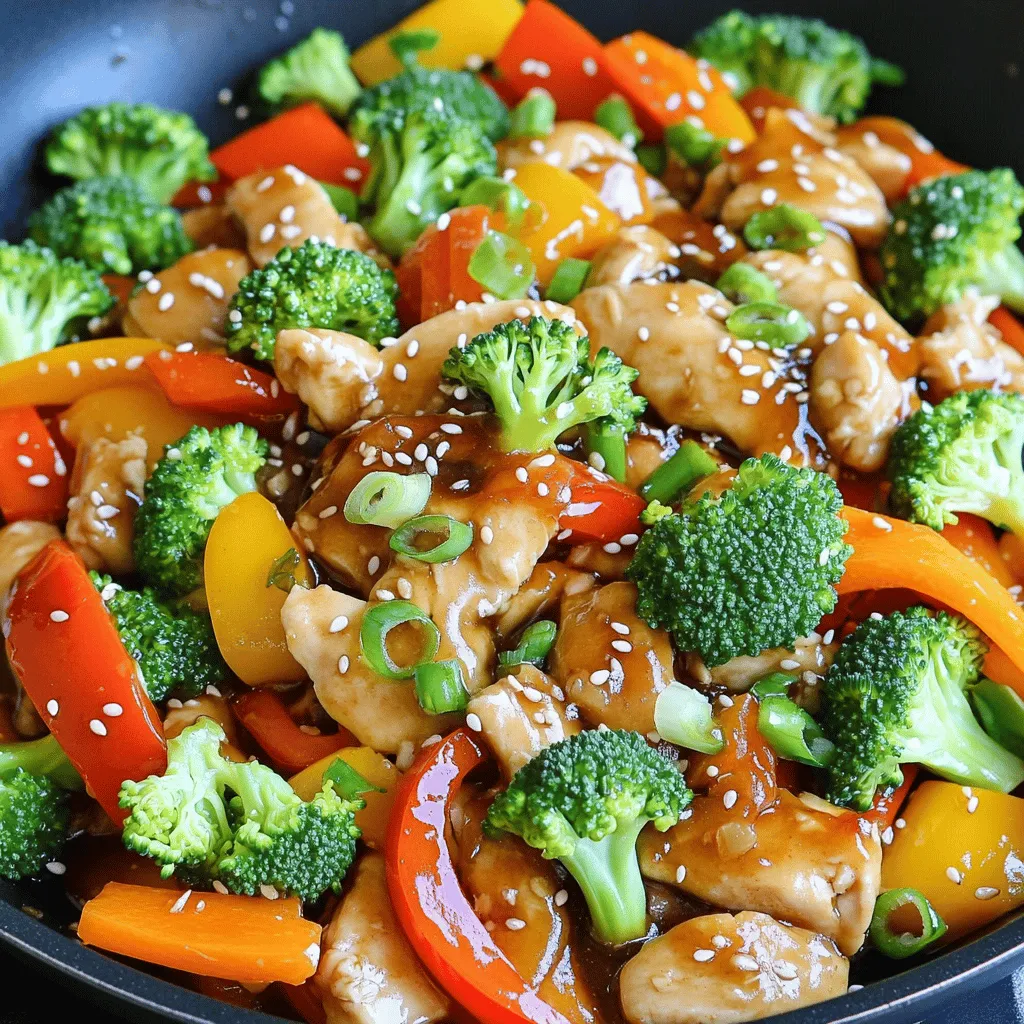 - 500g boneless chicken breast - Honey, soy sauce, rice vinegar, sesame oil - Garlic, ginger, fresh vegetables (bell pepper, broccoli, carrot) The main ingredients create a simple yet tasty dish. You start with 500g of boneless chicken breast. Slice it into thin strips for quick cooking. Then, gather your flavor agents: honey, soy sauce, rice vinegar, and sesame oil. These will mix into a yummy sauce that coats everything. Don't forget garlic for that strong kick and ginger for warmth. Fresh veggies like bell pepper, broccoli, and carrot add color and crunch. - Chopped green onions - Sesame seeds Garnishing is key for presentation. Chopped green onions add a fresh bite. A sprinkle of sesame seeds gives a nice crunch. These simple garnishes make your dish look vibrant and inviting. - Salt and freshly ground black pepper - Vegetable oil Seasoning enhances the flavor of your dish. Use salt and freshly ground black pepper to taste. These simple seasonings help balance your stir fry. For cooking, vegetable oil works best. It has a high smoke point, making it perfect for stir-frying. First, grab a medium mixing bowl. Add 2 tablespoons of honey, 3 tablespoons of low-sodium soy sauce, and 2 tablespoons of rice vinegar. Then, mix in 1 tablespoon of sesame oil, 2 cloves of minced garlic, and 1 teaspoon of freshly grated ginger. Whisk all the ingredients until they blend well. This sauce gives your dish a sweet and savory kick. Next, heat 1 tablespoon of vegetable oil in a large skillet or wok. Set the heat to medium-high until the oil shimmers. Add 500g of sliced boneless chicken breast to the hot skillet. Spread the pieces out to cook evenly. Season with salt and freshly ground black pepper. Stir-fry the chicken for about 5-7 minutes. You want it golden-brown and fully cooked. Once the chicken is done, push it to one side of the skillet. On the other side, toss in a sliced bell pepper, 1 cup of broccoli florets, and 1 julienned carrot. Stir-fry these vibrant veggies for about 3-4 minutes. They should be bright in color and tender but still crisp. Now, it’s time to bring everything together. Drizzle the honey garlic sauce over the chicken and vegetables in the skillet. Use a spatula to toss everything together. Make sure all the pieces get a nice coating of sauce. Keep cooking for an extra 2-3 minutes. This will help the sauce thicken just right. Serve the honey garlic chicken stir fry in shallow dishes or bowls. This style shows off the colorful veggies. It also makes it easy to scoop up each delicious bite. Use a sprinkle of sesame seeds and green onions on top for added flair. Using fresh ingredients is key to great taste. Fresh garlic and ginger will give your dish a bright kick. Don’t be shy with the seasoning! Taste as you go and adjust salt and pepper to your liking. If you like it sweet, add a bit more honey. For a tangy twist, a splash of rice vinegar can do wonders. If you have leftovers, store them in an airtight container. Keep them in the fridge for up to three days. When ready to eat, gently reheat in a skillet over low heat. This keeps the chicken tender and the veggies crisp. You can also add a splash of water to help steam the dish back to life. Enjoy your tasty meal again! {{image_4}} You can change the protein in this dish easily. Shrimp works great in place of chicken. Just cook the shrimp until it turns pink. Tofu is another option, perfect for a meat-free meal. Use firm tofu and make sure to press it first to remove excess water. Beef is also a tasty choice. Slice it thin, and cook it until it is tender. Feel free to swap in your favorite veggies. Snap peas add a nice crunch. Zucchini can add a soft texture. Mushrooms give a rich flavor. You can even toss in some spinach or kale for extra nutrients. The key is to choose colorful veggies that you enjoy. If you need a gluten-free option, use tamari instead of soy sauce. It tastes similar but is safe for gluten-free diets. For a low-carb meal, skip the rice and add more vegetables. You might try cauliflower rice as a base, which is light and delicious. Adjustments like these keep the meal healthy while still being satisfying. Store your leftover honey garlic chicken stir fry in the fridge. Use an airtight container. It stays fresh for up to three days. Make sure it cools down before sealing. This keeps the flavors locked in. For long-term storage, freezing is your best bet. Use freezer-safe bags or containers. Before freezing, let the stir fry cool completely. This step avoids ice crystals. It can last up to three months. Label the bags with the date to track freshness. When you're ready to eat, reheating is simple. You can use the microwave or the stove. For the microwave, heat on medium for a few minutes. Stir halfway to avoid cold spots. On the stove, warm it in a skillet over low heat. Add a splash of water to prevent sticking. Cook until it's hot throughout. Enjoy your delicious meal again! You can enjoy Honey Garlic Chicken Stir Fry with many tasty sides. Here are my favorites: - Steamed jasmine rice - Quinoa for a healthy option - Noodles, like rice or egg noodles - A fresh green salad with light dressing - Crispy spring rolls for extra crunch These sides pair well with the sweet and savory flavors of the stir fry. Yes, you can make this recipe ahead of time. Here are some tips: - Prepare the sauce and store it in the fridge for up to a week. - Slice the chicken and chop the veggies in advance for quick cooking. - Cook the stir fry and let it cool before storage. - Store the cooked stir fry in an airtight container in the fridge for up to three days. This method saves time on busy nights! Absolutely! Honey Garlic Chicken Stir Fry is perfect for meal prep. Here's how to get started: - Make a larger batch to have meals ready for the week. - Divide the stir fry into meal prep containers for easy grabbing. - Pair with your choice of rice or noodles for a full meal. - This dish reheats well, so it's great for lunch or dinner. Meal prep makes healthy eating simple and delicious! This blog post covers a tasty Honey Garlic Chicken Stir Fry. We shared key ingredients, like chicken, honey, and fresh veggies. You learned how to make the sauce and cook the chicken. We provided tips for serving, storing, and even variations to suit your taste. Try this dish for a quick, healthy meal. Adjust flavors and ingredients to make it your own. Enjoy your cooking journey, and remember, great meals start with fresh ingredients.
