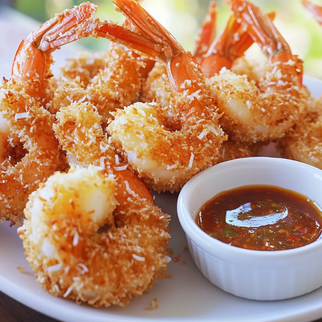 - 1 pound of large shrimp, peeled and deveined - 1 cup of shredded unsweetened coconut - 1 cup of panko breadcrumbs - 1/2 cup of all-purpose flour - 2 large eggs, beaten - 1 teaspoon of garlic powder - 1 teaspoon of paprika - 1/2 teaspoon of salt - 1/4 teaspoon of black pepper - Cooking spray - Optional: Sweet chili sauce for dipping If you want to make this dish gluten-free, you can use gluten-free breadcrumbs instead of panko. There are many brands that work well and give you that nice crunch. For those who want to skip the sweet chili sauce, you can try honey or a simple garlic aioli instead. When it comes to coconut, you can use sweetened coconut if you prefer a sweeter taste. However, I recommend sticking with unsweetened for a good balance of flavors. You can also use shredded or flaked coconut based on your texture preference. First, preheat your air fryer to 400°F (200°C). This step is crucial. A hot air fryer helps the shrimp get crispy. If you skip this, your shrimp may turn out soggy instead of crunchy. Next, let's prepare the breading station. In a shallow bowl, mix the all-purpose flour, garlic powder, paprika, salt, and black pepper. Whisk them together until they blend well. In another bowl, beat the eggs until smooth. In a third bowl, mix the shredded coconut and panko breadcrumbs. This mix should be even and well combined. Now, it’s time for the breading. Take a shrimp and coat it in the flour mix. Shake off any extra flour. Then, dip the shrimp into the beaten eggs. Make sure it gets fully coated. Finally, roll the shrimp in the coconut-panko mix. Press gently to help it stick. This three-step process ensures a tasty crust. Now, arrange the coated shrimp in a single layer in the air fryer basket. Be careful not to overcrowd them. This will help them cook evenly. Lightly spray the shrimp with cooking spray. This helps them crisp up nicely. Air fry the shrimp for 8-10 minutes. Flip them halfway through cooking. This ensures they brown evenly on both sides. When they turn golden brown, they are ready. Carefully take the shrimp out. Enjoy them warm, with sweet chili sauce for dipping if you like! To make your coconut shrimp super crispy, use cooking spray. A light coat helps the breadcrumb mix brown perfectly. Without it, you might end up with a soggy shell. Spray each shrimp well before cooking. Do not overcrowd the basket in your air fryer. If you add too many shrimp at once, the hot air can't flow. This leads to uneven cooking and less crispiness. Cook in batches if needed for best results. Pair crispy coconut shrimp with tasty dipping sauces. Sweet chili sauce is a fantastic choice. It adds a nice, spicy-sweet kick. You can also try a tangy mango salsa or a zesty lime aioli. For sides, think about fresh salads or light coleslaw. A simple cucumber salad balances the richness of the shrimp. Rice or quinoa can also work well. They soak up any extra sauce and keep your meal light. {{image_4}} You can make your crispy coconut shrimp even more exciting. Adding cayenne pepper or chili flakes gives it a nice kick. Just a pinch can change the flavor. You can also try adding fresh herbs like cilantro or parsley. These will add freshness and brightness to each bite. If you don’t have an air fryer, don’t worry! You can bake the shrimp in the oven. Preheat your oven to 425°F (220°C) and bake for 15-20 minutes. Turn them halfway for even crispiness. Another option is pan-frying. Heat some oil in a skillet and fry for about 2-3 minutes on each side. Both methods will still give you tasty crispy shrimp! After enjoying your crispy coconut shrimp, store any leftovers in the fridge. Place them in an airtight container. This keeps them fresh and prevents them from drying out. You can store them for up to three days. Remember to let them cool first before sealing. To reheat, I recommend using the air fryer. It helps keep the shrimp crispy. Set the air fryer to 350°F (175°C) and heat for about 5 minutes. This will revive their crunch. If you use the oven, preheat it to 350°F. Bake for 10 minutes, checking to ensure they don’t dry out. The microwave is quick, but it may make them soggy. If you must use it, heat in short bursts at low power. Enjoy your crispy coconut shrimp again! Yes, you can use frozen shrimp. Start by thawing them first. Place the shrimp in a bowl of cold water. Let them sit for about 15-20 minutes. After thawing, pat them dry with paper towels. This helps the breading stick better. If you skip this step, the shrimp may not crisp up well. Look for a few signs to check if your shrimp are done. The shrimp should turn pink and opaque. The tails might curl slightly. A good rule of thumb is to cook them until they reach an internal temperature of 120°F (49°C). Use a meat thermometer for accuracy. If you don't have one, check for a firm texture. If your shrimp lack crispiness, there are a few fixes. First, make sure you use enough cooking spray on them. This helps the coating get golden brown. Second, check if the air fryer is overcrowded. Overcrowding leads to steaming, not frying. Try cooking in batches for the best texture. If they still aren’t crispy, consider adding a bit more panko. This adds crunch. This post covered essential ingredients, step-by-step cooking instructions, and helpful tips for air-fried shrimp. You learned how to prep your air fryer and achieve optimal crispiness. The variations and storage info offered new ideas for your shrimp dish. Enjoy experimenting with different spices and serving suggestions. These shrimp make a tasty meal or snack. Follow these steps to ensure great results every time. Happy cooking!