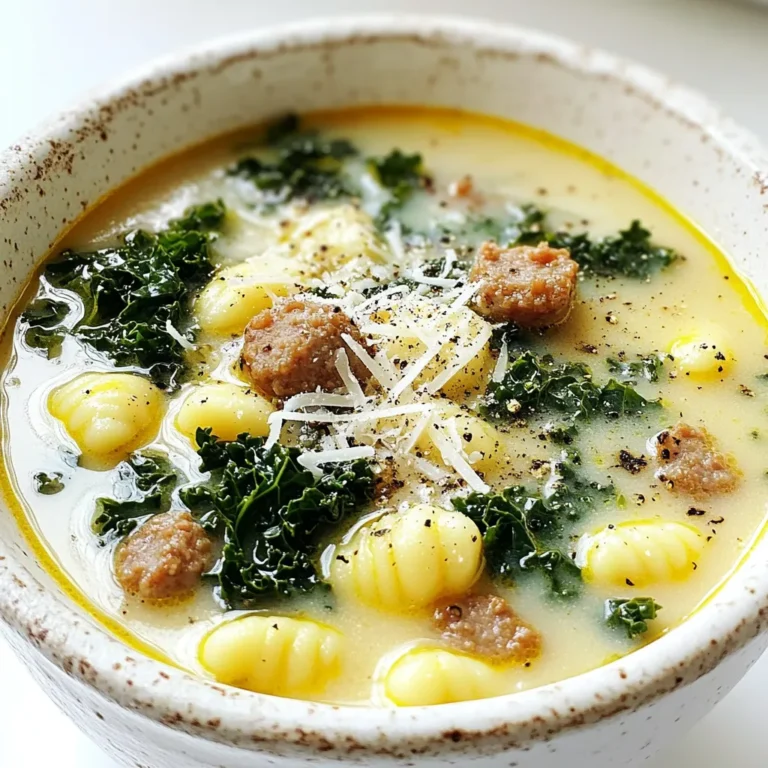 To make this delicious soup, you will need: - 1 tablespoon extra virgin olive oil - 1 pound Italian sausage, casings removed - 1 medium onion, finely chopped - 2 cloves garlic, minced - 4 cups chicken or vegetable broth - 1 teaspoon dried thyme - 1 teaspoon red pepper flakes (adjust to your preferred spice level) - 2 cups kale, chopped with tough stems removed - 1 pound gnocchi (can be store-bought or homemade) - 1/2 cup heavy cream - Salt and freshly ground pepper to taste - Grated Parmesan cheese for garnish You can easily swap some ingredients to fit your tastes or needs. For the sausage, turkey or chicken sausage works well. If you want a vegetarian option, try using mushrooms or plant-based sausage. For the broth, use vegetable broth for a lighter option. If you don’t have heavy cream, you can use half-and-half or coconut cream for a dairy-free choice. This soup is not only tasty but also packed with nutrients. Here’s a quick breakdown per serving: - Calories: About 450 - Protein: 22 grams - Carbs: 30 grams - Fiber: 3 grams - Fat: 28 grams The sausage provides protein, while kale adds vitamins A and K. Gnocchi gives you a comforting base, making this soup a hearty meal. With these ingredients, you can enjoy a warm bowl of goodness that is both satisfying and nutritious. 1. Start by warming the olive oil in a large pot over medium heat. 2. When the oil shimmers, add the Italian sausage. 3. Use a wooden spoon to break the sausage into smaller pieces. 4. Sauté for about 5-7 minutes. Cook until it is browned and fully cooked. 5. Add the finely chopped onion to the pot. 6. Continue to cook for 3-4 minutes. Stir occasionally until the onion softens. 7. Add the minced garlic and sauté for 1 minute until it smells great. 8. Pour in the chicken or vegetable broth slowly. 9. Add dried thyme and red pepper flakes next. 10. Increase the heat to bring the broth to a gentle boil. 11. Once boiling, stir in the chopped kale and gnocchi. 12. Cook for 2-4 minutes. The gnocchi should become tender and float. 13. Reduce the heat and gently mix in the heavy cream. 14. Let it simmer for 2 more minutes. 15. Taste and add salt and freshly ground pepper as needed. 16. Remove the pot from heat and let it rest a few minutes before serving. - Choose fresh kale for a bright taste. - Use high-quality Italian sausage for rich flavor. - Adjust red pepper flakes based on your spice preference. - Let the soup rest before serving. This helps the flavors blend well. - Finish each bowl with freshly grated Parmesan for extra taste. - If you use an Instant Pot, sauté the sausage and veggies first. - Set it to high pressure for 5 minutes after adding broth and gnocchi. - For slow cookers, brown the sausage first. Then add all ingredients. - Cook on low for 6-8 hours for a rich flavor. - Always check gnocchi's doneness to ensure they are tender. Herbs and spices can boost the soup's taste. I love using dried thyme for a warm, earthy note. Red pepper flakes add a kick, but adjust to your liking. Fresh herbs, like parsley or basil, can brighten the dish. You can also add a squeeze of lemon juice before serving for a fresh twist. Chop your onion and garlic finely. This helps them cook evenly. I recommend removing the tough stems from the kale. This makes the soup more pleasant to eat. Use a sharp knife for quick, safe chopping. Always keep your fingers tucked in while slicing to avoid cuts. Pair this soup with crusty bread for dipping. A simple green salad works well too. You might also serve it with garlic bread or a cheese platter. These sides balance the soup’s rich flavors and make for a hearty meal. Enjoy experimenting with your favorite pairings! {{image_4}} You can easily make this soup vegetarian or vegan. Swap the Italian sausage for plant-based sausage or mushrooms for a meaty flavor. Use vegetable broth instead of chicken broth. For creaminess, replace heavy cream with coconut milk or cashew cream. This keeps the soup rich while making it plant-friendly. You can switch up the sausage type for variety. Try chorizo for a spicy kick. Or use turkey sausage for a leaner option. Chicken sausage also works well if you want a milder flavor. Each sausage brings its unique taste and texture, so feel free to experiment. Add more nutrition by including extra veggies or beans. Carrots, celery, or bell peppers can enhance the soup's flavor. You can also stir in chickpeas or white beans for added protein. These additions make the soup even heartier and more colorful. Enjoy your own twist on this tasty dish! To store leftover soup, cool it down first. Transfer the soup to an airtight container. Make sure to leave some space at the top. This allows for expansion when freezing. Place the container in the fridge if you plan to eat it within a few days. For longer storage, freeze it instead. When reheating, use a pot on the stove for the best flavor. Pour the soup into the pot and heat it over medium-low. Stir occasionally to avoid sticking. If the soup is too thick, add a splash of broth or water. Heat until it's warm throughout. Taste and adjust seasoning if needed. For freezing, let the soup cool completely. Use freezer-safe containers or bags. Divide the soup into smaller portions for easy use later. Label the containers with the date and type of soup. Try to use the soup within three months for the best taste. When ready to eat, thaw the soup overnight in the fridge. Reheat it on the stove for delicious results. For this soup, you can use store-bought or homemade gnocchi. I like using potato gnocchi. It cooks quickly and adds a nice texture. If you want to make your own, use mashed potatoes, flour, and eggs. This gives a fresh taste that enhances the soup. Yes, you can make this soup ahead of time. It tastes great after resting. Just cook the soup, let it cool, and store it in the fridge. Reheat it when you're ready to eat. If you make it a day before, the flavors will deepen, making it even better. The soup has a mild to medium spice level. I use one teaspoon of red pepper flakes. You can adjust this to your taste. If you prefer less heat, use half a teaspoon. For more spice, add more flakes. Taste as you go to find the right balance for you. This blog post covered everything you need for Sausage Kale Gnocchi Soup. We explored the ingredients, cooking steps, and useful tips. You learned about healthy swaps, storage, and how to make this soup your own. The variations allow you to customize it easily. Remember, great soup comes from fresh ingredients and a little creativity. Keep trying new flavors and techniques. You’ll make a delicious soup every time!