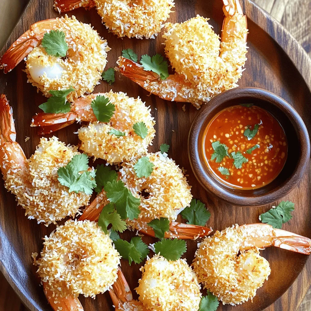 To make delicious coconut shrimp, gather these main ingredients: - 1 pound large shrimp, peeled and deveined - 1 cup shredded unsweetened coconut - 1/2 cup panko breadcrumbs - 1/2 cup all-purpose flour - 2 large eggs - 1 tablespoon freshly squeezed lime juice - 1 teaspoon garlic powder - 1 teaspoon smoked paprika - Salt and freshly ground black pepper, to taste - Cooking spray These ingredients blend to create a crunchy, flavorful coating that makes the shrimp shine. For the dipping sauce, you will need: - 1/2 cup sweet chili sauce - 1 tablespoon freshly squeezed lime juice - 1 tablespoon finely chopped fresh cilantro This sauce adds a sweet and zesty touch, balancing the rich coconut flavor. To elevate your dish, consider these garnishes: - Lime wedges - Fresh cilantro sprigs These simple add-ins brighten your presentation and add a fresh twist to each bite. First, start by rinsing the shrimp under cold water. Make sure to peel and devein them if you haven't already. This step is crucial as it helps the shrimp cook evenly. After rinsing, gently pat them dry with a paper towel. Season the shrimp with salt and freshly ground black pepper. This enhances their natural flavor and makes them taste great. Next, set up your breading station with three separate bowls. In the first bowl, place 1/2 cup of all-purpose flour. This will help the coating stick. In the second bowl, whisk together two large eggs, 1 tablespoon of lime juice, 1 teaspoon of garlic powder, and 1 teaspoon of smoked paprika. Mix this well. In the third bowl, combine 1 cup of shredded unsweetened coconut and 1/2 cup of panko breadcrumbs. This mix gives the shrimp a crunchy texture. Now, it's time to bread the shrimp. For each shrimp, roll it in the flour first. Shake off any extra flour so it’s not too thick. Next, dip it into the egg mixture, making sure it’s fully coated. Finally, place it in the coconut-panko mix. Gently press down so the coating sticks well. After breading all the shrimp, preheat your air fryer to 400°F (200°C) for about 5 minutes. This helps create a crispy outside. Lightly spray the air fryer basket with cooking spray to avoid sticking. Arrange the shrimp in a single layer, making sure they do not touch each other. Lightly spray the tops of the shrimp for extra crunch. Cook the shrimp for 6-8 minutes, flipping halfway through. They should turn golden brown and crisp. Enjoy your crispy coconut shrimp fresh from the air fryer! To get your coconut shrimp crispy, follow these key steps. First, dry the shrimp well after rinsing. Moisture can make them soggy. Next, preheat your air fryer to 400°F (200°C). This helps cook the shrimp evenly. When breading, use three bowls: one for flour, one for eggs, and one for the coconut-panko mix. Make sure to coat each shrimp fully. Lastly, spray the shrimp lightly with cooking spray before cooking. This adds crunch and color. While sweet chili sauce is a classic, you can try different dips. Mix mayonnaise with sriracha for a creamy kick. You can also blend Greek yogurt with lime juice and garlic for a tangy twist. If you prefer a fruity dip, combine mango puree with lime juice. Feel free to add herbs like cilantro or mint to any sauce for extra flavor. Present your coconut shrimp on a bright platter for a fun touch. Use lime wedges and cilantro sprigs as garnish to add color. You can arrange the shrimp in a circle around the dipping sauce. This makes it easy for guests to reach. For a party, serve them with toothpicks for easy eating. Always remember to keep the shrimp warm until served. Warm food tastes better and feels inviting! {{image_4}} You can add more flavors to your coconut shrimp. Try mixing spices into the flour. For a kick, add cayenne pepper or chili powder. You can also use different herbs like basil or thyme. If you enjoy a sweeter taste, add some brown sugar to the coconut mix. These small changes can make a big difference in flavor. The sweet chili sauce is great, but you can switch it up. How about a mango salsa? Just mix diced mango with lime, cilantro, and a pinch of salt. This gives a fresh burst. Another option is a creamy avocado dip. Mash ripe avocado with lime juice and a little garlic. This dip is smooth and complements the crunchy shrimp. You can make coconut shrimp in both the air fryer and the oven. The air fryer cooks faster and gives a crispier texture. It uses less oil too, making it a healthier choice. If you use the oven, preheat it to 400°F (200°C). Bake the shrimp for about 12-15 minutes, flipping halfway. Both methods yield tasty shrimp, but the air fryer is my favorite for its crunch! After enjoying your coconut shrimp, let any leftovers cool to room temperature. Place them in an airtight container. This keeps them fresh and tasty. Store the container in the fridge for up to three days. Make sure to label it with the date. This way, you won't forget about your delicious snacks! To reheat your coconut shrimp, use the air fryer. Preheat it to 350°F (175°C). Arrange the shrimp in a single layer in the basket. Heat them for about 5 minutes. This will help them stay crispy. You can also use an oven. Set it to 350°F (175°C) and place the shrimp on a baking sheet. Bake for about 10 minutes. Avoid using a microwave, as it can make them soggy. If you want to save your coconut shrimp for later, freezing is a great option. First, let them cool completely. Arrange them in a single layer on a baking sheet. Freeze them for about an hour. Once frozen, transfer the shrimp to a freezer bag. Squeeze out as much air as possible. This helps prevent freezer burn. You can keep them frozen for up to three months. When ready to eat, reheat them directly from the freezer using the air fryer or oven. Yes, you can use frozen shrimp. Just make sure to thaw them before cooking. Thaw the shrimp by placing them in cold water for about 15-20 minutes. Pat them dry with a paper towel. This step helps the breading stick well. If you do not have panko, you can use regular breadcrumbs. Crush them lightly to make them coarser. You can also use crushed cornflakes for a crunchy texture. Both options will work well in this recipe. The shrimp are done when they turn golden brown. You can also check if they curl into a C shape. This means they are cooked through. The internal temperature should reach 120°F (49°C). Enjoy your crispy shrimp! Coconut shrimp are fun to make and taste great. We covered the main ingredients, cooking steps, and helpful tips. I shared ways to customize the flavors and how to store leftovers. With these simple steps, you can enjoy crispy shrimp and tasty dips anytime. Remember, practice makes perfect, so don’t be afraid to try different variations. Enjoy your cooking adventure!