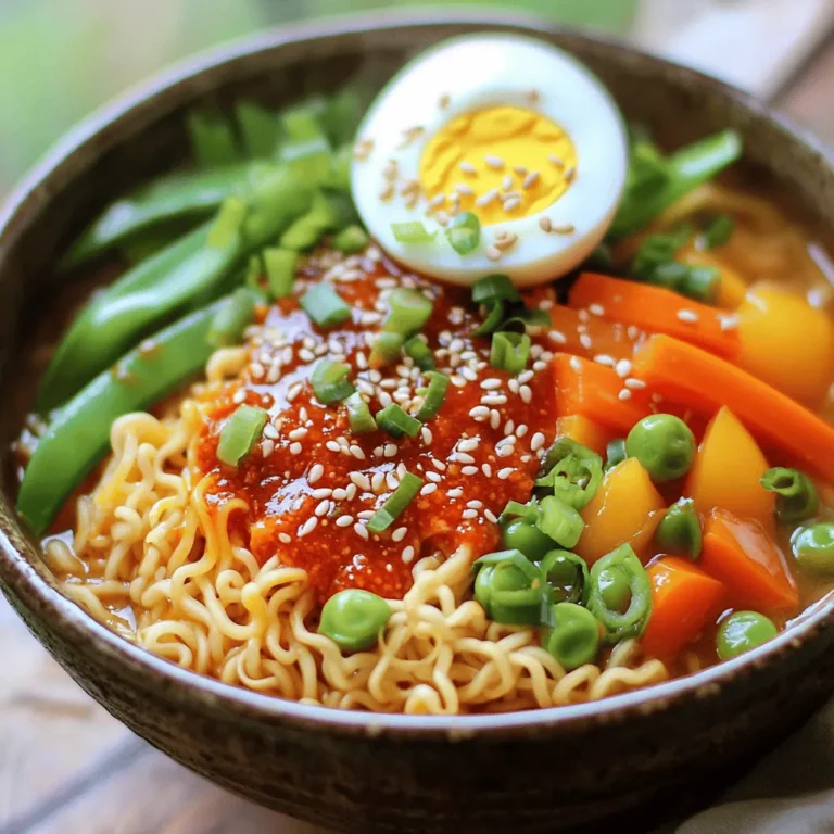 To make the sweet chili garlic ramen, gather these items: - 2 packets of instant ramen noodles - 4 tablespoons sweet chili sauce - 2 tablespoons soy sauce - 3 cloves garlic, minced - 1 teaspoon freshly grated ginger - 2 cups vegetable broth - 1 cup mixed vegetables (like carrots, bell peppers, and snow peas) - 1 green onion, thinly sliced (for garnish) - 1 tablespoon sesame oil - 1 teaspoon sesame seeds (for garnish) - Optional: 2 soft-boiled eggs These ingredients come together to create a quick and tasty meal. Instant ramen noodles give a fast base, while sweet chili sauce adds a nice kick. The garlic and ginger bring depth to the flavor. Mixed vegetables provide crunch and color. Using vegetable broth makes it rich and tasty. The sesame oil gives a nutty aroma, and sesame seeds add a nice touch. You can also top your bowl with soft-boiled eggs for extra creaminess. This dish is simple yet packed with flavors that will impress anyone! 1. Start by boiling a large pot of water. 2. Add 2 packets of instant ramen noodles. 3. Cook the noodles per the package instructions, about 3-5 minutes. 4. Once cooked, drain the noodles and set them aside. 1. In a large saucepan, heat 1 tablespoon of sesame oil over medium heat. 2. Add 3 cloves of minced garlic and 1 teaspoon of grated ginger. 3. Sauté for about 1 minute, until fragrant but not brown. 4. Pour in 2 cups of vegetable broth. 5. Bring the mixture to a gentle simmer to blend the flavors. 1. Stir in 4 tablespoons of sweet chili sauce and 2 tablespoons of soy sauce. 2. Mix well to ensure everything combines evenly. 3. Add 1 cup of mixed vegetables, such as carrots and bell peppers. 4. Cook the vegetables for 3-4 minutes until vibrant and tender. 5. Finally, gently add the cooked ramen noodles to the broth. 6. Stir to combine and heat everything through for another 2 minutes. To make your sweet chili garlic ramen shine, adjust the sauce. Start with the right amounts of sweet chili sauce and soy sauce. You can add more sweet chili sauce for sweetness or more soy sauce for saltiness. Tasting as you go helps find the perfect balance. Use fresh garlic and ginger for the best flavor. Fresh ingredients make the dish pop. Make your ramen look great! Place the noodles in the center of a bowl. Arrange colorful vegetables around the noodles. Add a soft-boiled egg on top. Cut it in half to let the yolk flow. Sprinkle sesame seeds and sliced green onions for a nice touch. Good presentation makes your meal more inviting. Cooking the noodles right is key. Boil them for 3-5 minutes, then drain. For vegetables, cook them for about 3-4 minutes to keep them bright and crunchy. If you're adding soft-boiled eggs, cook them for 6-7 minutes. Cool them in ice water to stop cooking. This makes them creamy and perfect for your ramen. {{image_4}} You can easily make this ramen vegetarian or vegan. Here are some simple swaps: - Use vegetable broth instead of chicken broth. - Replace soft-boiled eggs with tofu or avocado for creaminess. - Add more vegetables like mushrooms, zucchini, or spinach for extra flavor. If you like heat, try adding these: - Drizzle chili oil over the top for a kick. - Slice fresh jalapeños and toss them in for a spicy crunch. - Add sriracha or crushed red pepper flakes to the broth for more warmth. Want to boost the protein? Here are some tasty options: - Add grilled chicken or shrimp for a hearty meal. - Use beef slices for a rich flavor. - For a plant-based protein, tofu or tempeh works great, too. Feel free to mix and match these ideas to make your perfect bowl of ramen! To keep your ramen fresh, store it in an airtight container. Make sure the noodles and broth are separate if possible. This helps maintain texture. You can refrigerate your ramen for up to three days. When you store the veggies, they stay crisp and colorful. If they sit too long, they can get mushy. When it's time to eat your leftovers, use a pot on low heat. Add a splash of water or broth to help rehydrate the noodles. Stir gently to warm everything without breaking the noodles. You can also use the microwave. Heat in short bursts, stirring in between. This way, your ramen stays tasty and warm. If you want to save your ramen for later, you can freeze it. Only freeze the broth and noodles, not the veggies. Place the broth in a freezer-safe bag, and squeeze out the air. For noodles, use a separate container. When you want to eat your frozen ramen, thaw it overnight in the fridge. Then, heat it up and add fresh veggies for the best taste. What can I use instead of sweet chili sauce? You can use a mix of honey and sriracha. This blend gives sweetness and spice. Another option is a simple mix of ketchup and hot sauce. Both options work well in ramen. How do I make my ramen spicier? Add more sriracha or chili oil to the broth. You can also mix in red pepper flakes. Fresh sliced jalapeños can give you that extra kick. Just remember to adjust to your taste! Can I prepare this recipe ahead of time? Yes, you can cook the broth and veggies ahead. Store them in the fridge for up to three days. Cook the noodles fresh when you are ready to eat. This keeps them from getting mushy. What are the health benefits of ramen? Ramen can be part of a healthy diet. Use whole grain noodles for more fiber. Adding mixed vegetables boosts vitamins and minerals. Soft-boiled eggs add protein and healthy fats. Enjoying ramen in moderation can be tasty and nutritious! This recipe for Sweet Chili Garlic Ramen is simple and fun to make. We've covered all the steps, from boiling noodles to crafting a tasty broth. You can adjust flavors and add your favorite proteins or veggies. Remember to store any leftovers well, so they stay tasty for later. Trying different variations can keep this dish fresh and exciting. Enjoy your cooking, and share your ramen creations with friends and family!