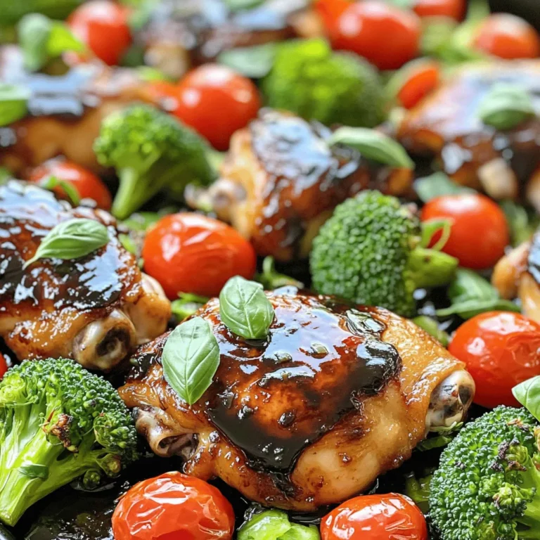 - 4 boneless, skinless chicken thighs - 2 cups fresh broccoli florets - 1 red or yellow bell pepper, chopped into bite-sized pieces - 1 medium red onion, cut into wedges - 1 cup cherry tomatoes, halved - 1/4 cup balsamic vinegar - 2 tablespoons extra virgin olive oil - 2 tablespoons honey - 2 cloves garlic, minced - 1 teaspoon dried oregano - Salt and freshly ground black pepper to taste - Fresh basil leaves The key to a great flavor boost in your Sheet Pan Balsamic Chicken & Veggies is in the choice of fresh ingredients. The chicken thighs provide a juicy and tender base. They soak up all the delicious balsamic marinade. I love using fresh broccoli florets. They add a nice crunch and bright color to the dish. For the bell pepper, I often choose red or yellow. These peppers add sweetness and a pop of color. The red onion brings a slight zing, while the cherry tomatoes burst with juice when cooked. Each vegetable works together to create a vibrant meal on the pan. The balsamic marinade is simple yet packed with flavor. Balsamic vinegar gives a tangy depth. Extra virgin olive oil adds richness. Honey balances the acidity with sweetness. Minced garlic adds a savory kick, and dried oregano offers an earthy note. Don’t forget salt and pepper to taste! Finally, fresh basil leaves make a lovely garnish. They add a burst of fresh flavor that brightens the whole dish. This combination of ingredients makes for a meal that is not only easy to prepare but also full of rich, satisfying flavors. - Preheat oven to 400°F (200°C). - Whisk together balsamic marinade. To start, preheating your oven is key. This step ensures even cooking. While the oven heats, make the balsamic marinade. In a bowl, combine balsamic vinegar, olive oil, honey, garlic, and oregano. Add salt and pepper to taste. This mix will bring out rich flavors in your dish. - Arrange chicken thighs on the sheet pan. - Coat chicken with balsamic marinade. Next, place the chicken thighs on your sheet pan. Spread them out well for even cooking. Pour half of your marinade over the chicken, making sure each piece gets coated. Let the chicken marinate for 15-20 minutes. This helps the flavors soak in nicely. - Combine vegetables in a separate bowl. - Drizzle and toss with remaining marinade. While the chicken marinates, prepare your veggies. In a large bowl, add broccoli, bell pepper, onion, and cherry tomatoes. Drizzle the rest of the balsamic mix over the vegetables. Toss them gently to coat all sides. This step gives your veggies a burst of flavor. - Arrange vegetables around chicken on the sheet pan. - Roast in preheated oven. After marinating, arrange the veggies around the chicken on the sheet pan. Ensure they are spread out to roast evenly. Place the sheet pan in your hot oven. Roast for 25-30 minutes until the chicken reaches 165°F (74°C). The veggies should be tender and slightly caramelized. - Check internal temperature and doneness. - Allow to rest before serving. Once the dish is done, take it out of the oven. Let it rest for a few minutes. This resting time helps keep the chicken juicy. Before serving, you can garnish with fresh basil leaves. Enjoy your colorful, tasty meal straight from the sheet pan! - Use boneless, skinless chicken thighs. They stay juicy and tender. - You can marinate the chicken for 15 to 20 minutes. This adds a lot of flavor. Use a mix of balsamic vinegar, olive oil, honey, garlic, and herbs to coat the chicken well. - Use seasonal vegetables for best taste. Broccoli, bell peppers, onions, and tomatoes work great. - Cook time matters for each veggie. Broccoli and bell peppers cook fast, so add them later if using longer-cooking veggies like carrots. - Pair this dish with rice or crusty bread. They soak up the tasty juices. - For a nice look, serve right on the sheet pan. Add fresh basil on top as a pretty garnish. {{image_4}} You can use chicken breast instead of thighs. Chicken breast cooks faster and is leaner. If you want a vegetarian meal, try tofu or chickpeas. Both options soak up flavors well. To boost flavor, add fresh herbs like thyme or rosemary. They add a nice touch. You can also try spices like paprika or chili powder for heat. Citrus flavors can brighten your dish. Use lemon or lime juice for a zesty kick. If you prefer grilling, marinate the chicken and veggies as usual. Place everything on the grill for a smoky taste. You can also use an Instant Pot. Cook on high pressure for about 10 minutes. For a slow cooker, set it for 4-6 hours on low. This makes the chicken tender and juicy. To keep your leftovers fresh, store them in airtight containers. This prevents air from drying them out. You can place the chicken and veggies together or separately, based on your preference. Leftovers will last up to 3 days in the fridge. If you want them to last longer, consider freezing them. When you're ready to enjoy your leftovers, there are a few ways to reheat them. You can use the oven, microwave, or stovetop. For the oven, preheat it to 350°F (175°C). Place the chicken and veggies on a baking sheet. Heat for about 15 minutes, or until warmed through. If using the microwave, heat in short bursts of 1-2 minutes. Stir and check often. To keep moisture, cover the dish with a damp paper towel. This helps them stay juicy and flavorful. To save time, prep your ingredients ahead of time. Cut the veggies and marinate the chicken a day before. Store them in the fridge until you’re ready to cook. You can also freeze portions for later use. Just make sure to use freezer-safe bags. Label them with the date. When you're ready to cook, thaw in the fridge overnight. This way, you’ll always have a quick meal option! Marinate the chicken for 15-20 minutes. This time helps the chicken soak up the flavors. If you have more time, you can marinate it longer in the fridge. Just remember to cover it well. Yes, you can use other vinegars. Red wine vinegar offers a similar taste. Apple cider vinegar adds a sweeter note. Each type brings its own flavor, so choose what you like best. Roast chicken at 400°F (200°C). This temperature ensures even cooking. Aim for an internal temp of 165°F (74°C). Use a meat thermometer to check. This way, your chicken stays juicy and safe to eat. This dish combines juicy chicken thighs and colorful veggies, all marinated in a tangy balsamic mix. You learned how to prepare, cook, and serve this tasty meal. Remember to experiment with flavors and cooking methods for variety. Proper storing and reheating keep leftovers enjoyable. This simple and flavorful recipe makes meal prep easy and fun. Enjoy your cooking journey, and let this dish become a new favorite in your kitchen.