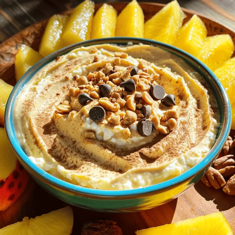 - 1 cup cottage cheese - 1/2 cup natural peanut butter - 1/4 cup honey or maple syrup The star of this dip is cottage cheese. It adds creaminess and protein. Natural peanut butter brings a rich, nutty flavor. Honey or maple syrup sweetens the dip just right. - 1 teaspoon vanilla extract - 1/4 teaspoon ground cinnamon - A pinch of salt Vanilla extract boosts the overall taste. Ground cinnamon adds warmth and depth. A pinch of salt enhances all the flavors. - Chopped nuts (e.g., almonds or walnuts) - Chocolate chips - Fresh banana slices Toppings make your dip fun and tasty. Chopped nuts add crunch. Chocolate chips bring sweetness. Fresh banana slices add a fruity touch. To start making the Cottage Cheese Peanut Butter Frosting Dip, gather your ingredients. In a mixing bowl, combine 1 cup of cottage cheese and 1/2 cup of natural peanut butter. Blend these two ingredients using a hand mixer or whisk. Mix until the texture is smooth and creamy. You want to ensure there are no lumps in your mixture. Next, it’s time to add some sweet flavor. Pour in 1/4 cup of honey or maple syrup, then add 1 teaspoon of vanilla extract, 1/4 teaspoon of ground cinnamon, and a pinch of salt. Mix everything until it becomes velvety and well combined. Now, it's time to taste your dip! Check if the sweetness works for you. If you want it sweeter, add a bit more honey or maple syrup. Mix again until it's just right for your taste. Once you’re happy with the flavor, carefully transfer the dip into a serving bowl. Smooth the top to make it look nice and appealing. To make your dip even more fun, consider adding toppings. You can sprinkle chopped nuts, chocolate chips, or fresh banana slices on top. For the dippables, I suggest fresh fruit slices, crunchy pretzels, or graham crackers. These options will complement the dip nicely. You can serve it right away or refrigerate it until you're ready to enjoy! To get that smooth, creamy texture, blend your cottage cheese and peanut butter well. Use a hand mixer for the best results. If you prefer a thicker dip, start with less honey. If it feels too thick, add a splash of milk or water. This helps make it easier to dip. You can change the flavor of this dip to suit your taste. For a chocolate twist, mix in cocoa powder. If you like vanilla, just add a bit more vanilla extract. Want a healthier option? Swap cottage cheese for Greek yogurt. It gives a nice tang and packs in protein. Choosing the right dish can make your dip look great. Use a bright bowl to catch the eye. For garnishing, sprinkle some cinnamon on top. You can also add freshly sliced fruit around the bowl. This makes it colorful and fun for guests. {{image_4}} If you need a nut-free option, you can replace peanut butter with sun butter. Sun butter comes from sunflower seeds and has a similar texture and taste. This swap keeps your dip creamy and delicious. Plus, it adds a nice nutty flavor without the nuts. For sweeteners, try using agave or stevia instead of honey or maple syrup. Agave gives a light sweetness and blends well. Stevia is low in calories and very sweet, so use a small amount. Both options can help meet different dietary needs while keeping your dip tasty. Want to mix things up? Add cocoa powder for a chocolatey twist! Start with one or two tablespoons of cocoa powder. This will give your dip a rich, sweet flavor. It’s a fun way to make your dip even more exciting, especially for chocolate lovers. To keep your Cottage Cheese Peanut Butter Frosting Dip fresh, store it in an airtight container. This helps prevent any odors from your fridge from seeping in. Make sure to seal the lid tightly. If you plan to use the dip later, it’s best to refrigerate it right after serving. This dip stays tasty in the fridge for about 5 to 7 days. If you notice any change in color or smell, it's best to throw it away. Always check for freshness before serving again. You can freeze this dip if you want to save some for later. Just place it in a freezer-safe container. Make sure to leave some space at the top, as the dip can expand when frozen. To thaw, move it to the fridge overnight. Stir well before serving to bring back its creamy texture. To make this dip vegan, swap the cottage cheese for a plant-based yogurt. You can use almond, coconut, or soy yogurt. For sweetening, replace honey with maple syrup or agave nectar. These swaps keep the dip tasty while making it dairy-free. Yes, this dip is healthy! Cottage cheese offers protein and calcium. Peanut butter provides healthy fats and energy. Honey or maple syrup adds natural sweetness without refined sugar. Together, these ingredients make a nutritious snack. You can enjoy this dip guilt-free. Yes, you can use flavored cottage cheese! Vanilla or honey-flavored options can add a fun twist. This choice may change the taste, so adjust the sweetener to your liking. Flavored cottage cheese makes the dip even more exciting and enjoyable. To make the dip thicker, add more cottage cheese or peanut butter. If it’s too thick, mix in a little almond milk or water. Blend until you reach your desired consistency. This way, you can customize the dip just how you like it! This blog post covered how to make a tasty and healthy dip using simple ingredients. You learned about the main ingredients, optional flavorings, and fun toppings. The step-by-step instructions made it easy to blend and serve. Tips helped you customize the dip’s taste and texture. With storage advice, you can keep it fresh for days. You can enjoy this dip in many ways, whether for a snack or dessert. Try your favorite flavors, and have fun with it!