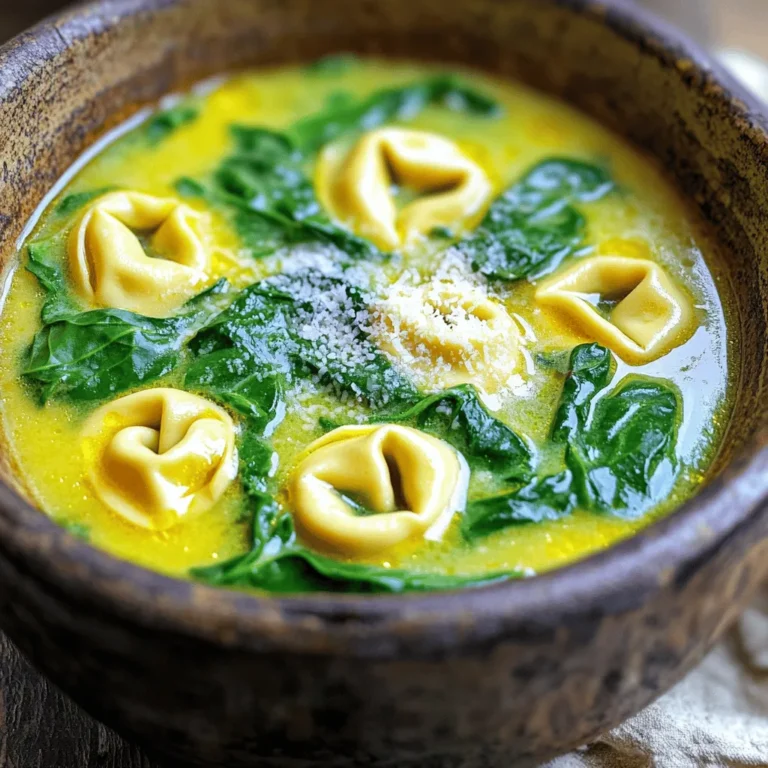 To make this soup, you need some key ingredients: - 1 tablespoon olive oil - 1 small onion, finely diced - 2 garlic cloves, minced - 4 cups vegetable broth - 1 cup heavy cream (or coconut milk for a lighter choice) - 9 ounces fresh cheese tortellini - 2 cups fresh spinach, rinsed and chopped - 1 teaspoon Italian seasoning - Salt and freshly ground black pepper, to taste - Grated Parmesan cheese for garnish (optional) These ingredients blend well to create a creamy, rich soup that’s full of flavor. The tortellini adds a nice texture, while spinach gives a fresh taste. You can change a few things if you like. For a bit more flavor, try adding: - Carrots, diced small - Celery, finely chopped - Fresh herbs like basil or parsley If you want to keep it lighter, swap heavy cream with coconut milk. Also, feel free to use frozen tortellini if fresh is not available. You don’t need many tools for this recipe. Here’s what you should have: - A large pot for cooking - A wooden spoon for stirring - A sharp knife for chopping - A cutting board for prep With these tools, you can easily whip up this tasty soup. They help make the cooking process smooth and enjoyable. Start by heating 1 tablespoon of olive oil in a large pot over medium heat. Once the oil is warm, add 1 small onion, finely diced. Sauté the onion for about 3-4 minutes. You want the onion to be soft and clear. Next, add 2 minced garlic cloves to the pot. Cook the garlic for 30 seconds. Stir it well so it does not burn. The garlic should smell great. Now, carefully pour in 4 cups of vegetable broth. Turn up the heat to bring it to a gentle boil. Once it boils, reduce the heat a bit. Stir in 1 cup of heavy cream. Let the mixture simmer for 5 minutes. Stir it from time to time to keep it from sticking. After the soup has simmered, it’s time for the tortellini. Add 9 ounces of fresh cheese tortellini to the pot. Follow the package instructions for cooking time, which is usually about 5-7 minutes. You want the tortellini to be al dente, or firm to the bite. Once the tortellini is tender, gently fold in 2 cups of fresh spinach. Sprinkle in 1 teaspoon of Italian seasoning. Cook for an additional 2-3 minutes. This will let the spinach wilt down nicely. Taste the soup and add salt and freshly ground black pepper to your liking. Now, it’s time to serve! Ladle the soup into large bowls. If you like, sprinkle grated Parmesan cheese on top for extra flavor. For an elegant finish, drizzle a little olive oil on top. A sprig of fresh basil or parsley adds a lovely touch too. Enjoy your warm and comforting soup! To boost flavor in your One-Pot Spinach Tortellini Soup, use fresh herbs. Add basil or parsley right before serving. They bring a fresh taste. You can also try a squeeze of lemon juice. This will brighten the soup. If you like heat, add red pepper flakes. Just a pinch can make a big difference. One common mistake is overcooking the tortellini. Follow the package time closely. If you cook them too long, they can become mushy. Another mistake is not tasting as you cook. Always taste your soup before serving. Adjust the salt and pepper to your liking. Lastly, don’t add spinach too early. It cooks quickly and should be added last. This keeps it vibrant and fresh. For the best texture, start with sautéing the onion until soft. This builds a good base. When adding the cream, stir often to keep it smooth. If you want a thicker soup, let it simmer longer. You can also blend a portion of the soup for a creamy feel. Just remember to leave some tortellini and spinach chunks for a nice bite! {{image_4}} You can boost your One-Pot Spinach Tortellini Soup by adding protein like chicken or sausage. For chicken, use cooked, shredded pieces. Add them when you mix in the tortellini. If you prefer sausage, slice it and brown it first in the pot. This adds great flavor. Both options make the soup heartier and more filling. To keep this soup vegetarian or dairy-free, swap out the heavy cream for coconut milk. This change keeps it creamy while being lighter. You can also use vegetable broth instead of chicken broth. For added flavor, include more spices or herbs. Nutritional yeast can replace Parmesan cheese for a cheesy taste without dairy. If you like spice, add red pepper flakes while cooking. Start with a pinch and adjust to your taste. You can also use a dash of hot sauce in each bowl before serving. This adds a nice kick to the creamy soup. Experiment with fresh jalapeños for a fresh heat. To keep your One-Pot Spinach Tortellini Soup fresh, store it in an airtight container. Let the soup cool down before sealing it. Place it in the fridge if you plan to eat it within three days. Make sure to label the container with the date. When ready to enjoy leftovers, pour the soup into a pot. Heat it on medium-low heat. Stir often to prevent burning. You can also use a microwave. Place the soup in a microwave-safe bowl. Heat it in short bursts, stirring in between. This helps it heat evenly. If you want to freeze the soup, do it right after cooking. Use a freezer-safe container. Leave some space at the top, as liquids expand when frozen. The soup can last up to three months in the freezer. To thaw, move it to the fridge overnight before reheating. One-Pot Spinach Tortellini Soup can last in the fridge for about 3-4 days. Store it in an airtight container. If you want to keep it longer, you can freeze it. When frozen, it can last up to 3 months. Just remember to let it cool before you freeze it. Yes, you can use frozen tortellini in this soup. Just add the frozen tortellini directly to the pot during cooking. It may take a little longer to cook, about 8-10 minutes. Always check the package for the right cooking time. Absolutely! This soup is great for meal prep. You can make a big batch and store it for the week. Just remember to keep the soup and any toppings separate until you serve it. This way, everything stays fresh and tasty. This soup pairs well with crusty bread or a fresh salad. You can also serve it with garlic bread for a tasty twist. For a fun touch, add a sprinkle of crushed red pepper for some heat. Enjoy your meal! One-Pot Spinach Tortellini Soup is simple to make and packed with flavor. We covered essential ingredients, cooking steps, and tips to avoid mistakes. You can enhance it with protein or spice for extra taste. Proper storage ensures your soup stays fresh for later. Keep these ideas in mind as you create your own delicious version. Cooking should be fun and rewarding, so enjoy every bowl!