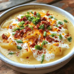 To make this creamy soup, gather the following items: - 4 large russet potatoes, peeled and cut into 1-inch cubes - 1 medium onion, finely diced - 3 cloves garlic, minced - 4 cups vegetable broth - 1 cup heavy cream - 1 teaspoon dried thyme - 1 teaspoon smoked paprika - Salt and freshly ground black pepper, to taste - 1 cup shredded sharp cheddar cheese - 1/2 cup sour cream - 4 green onions, sliced for garnish - 4 strips of cooked turkey bacon, crumbled (optional) You can personalize your soup with a few fun extras: - Crumbled blue cheese for a tangy twist - Diced jalapeños for some heat - Fresh herbs like chives or parsley for freshness - Additional veggies, like broccoli or corn, for more texture If you have dietary needs, here are some easy swaps: - Use plant-based cream or coconut milk for a dairy-free option. - Replace heavy cream with unsweetened almond milk for lower fat. - Instead of turkey bacon, use tempeh or mushrooms for a vegetarian choice. - For gluten-free needs, ensure your broth is gluten-free. These ingredients help create a rich and comforting soup that warms the heart and fills the belly. Enjoy experimenting with them! To start, gather your ingredients. You need four large russet potatoes, a medium onion, and three cloves of garlic. Cut the potatoes into 1-inch cubes. Dice the onion finely and mince the garlic. In a large pot over medium heat, combine the cubed potatoes, diced onion, and minced garlic. Pour in four cups of vegetable broth. Make sure the veggies are fully submerged. Season the mixture with one teaspoon of dried thyme and one teaspoon of smoked paprika. Add salt and pepper to taste. Next, raise the heat to medium-high and bring the pot to a rapid boil. Once it boils, lower the heat to medium-low. Cover the pot and let it simmer for about 20 minutes. You want the potatoes to be tender enough to pierce easily with a fork. After 20 minutes, it's time to mash. Use a potato masher to mash the mixture gently. You should aim for a creamy texture while still leaving some potato chunks. This adds heartiness to the soup. Now, pour in one cup of heavy cream and stir until well combined. Let the soup cook for an extra five minutes. This helps it thicken and develop rich flavors. Finally, take the pot off the heat. Stir in half of the shredded cheddar cheese and all of the sour cream. Mix until the cheese is melted and the soup is creamy. Taste the soup and adjust the seasoning. Add more salt, pepper, or spices if you wish. To ensure your soup turns out creamy, here are some effective tips: - Mash the potatoes gently for a mix of textures. - Use heavy cream for a richer taste. - Simmer the soup after adding cream. This helps it thicken. - Stir in cheese while the soup is hot. This creates a smooth texture. When you are ready to serve, ladle the hot soup into bowls. Top each bowl with the remaining cheddar cheese, crumbled turkey bacon (if you choose to add it), and sliced green onions. Feel free to get creative with garnishes. You can add crispy shallots, extra cheese, or even a dollop of sour cream. Enjoy your warm bowl of loaded baked potato soup! Making Loaded Baked Potato Soup can be simple, but mistakes can happen. Here are some common pitfalls to avoid: - Not using enough broth: Make sure to cover the potatoes fully. This helps them cook evenly. - Over-mashing the potatoes: You want some chunks for texture. Stop mashing when you achieve a nice balance. - Skipping the seasoning: Don’t forget salt and pepper. They enhance the soup’s flavor. - Adding cream too early: Wait until after mashing the potatoes. This keeps the cream from curdling. To take your soup to the next level, think about adding more flavors: - Fresh herbs: Chopped parsley or chives can brighten up the dish. - Spices: A pinch of cayenne can add a nice kick. Experiment with your favorites. - Different cheeses: Try using gouda or pepper jack for a unique twist. - Sautéed veggies: Adding bell peppers or carrots can add depth and sweetness. Certain tools can make your cooking process easier: - Potato masher: This is key for achieving the perfect creamy texture. - Large pot: Choose one with a heavy bottom to prevent burning. - Immersion blender: If you want a super smooth soup, this is a great option. - Measuring cups and spoons: Accurate measurements help your soup taste just right. By following these tips, you'll create a Loaded Baked Potato Soup that's both rich and satisfying. Enjoy every creamy spoonful! {{image_4}} To make a vegetarian version, swap the turkey bacon for crispy veggies or nuts. You can use mushrooms, which add a nice umami flavor. Grilled corn also works well for a sweet crunch. Just remember to keep the broth vegetable-based. This change keeps your soup rich while staying meat-free. For a dairy-free option, use coconut milk or cashew cream instead of heavy cream. Both options give a creamy texture without dairy. Replace sour cream with dairy-free yogurt or tahini. Nutritional yeast can also add a cheesy flavor. Make sure to use dairy-free cheese for the topping. You can easily change the flavor of your soup. Adding spices like chili powder or cumin gives it a kick. Fresh herbs like parsley or basil brighten the taste. You might also enjoy adding chopped jalapeños for heat. For a smoky flavor, a hint of liquid smoke can transform your dish. Mix and match your favorite toppings, such as olives, roasted garlic, or different cheeses, to make it your own. To store leftover soup, let it cool first. Place it in an airtight container. Make sure the lid is tight. You can keep it in the fridge for up to three days. If you want to save it longer, consider freezing. When you're ready to eat the soup again, pour it into a pot. Heat it over medium heat. Stir often to prevent sticking. You can also use the microwave. Heat it in short bursts, stopping to stir. This helps it heat evenly. To freeze the soup, use freezer-safe containers or bags. Leave room for expansion as it freezes. Label the containers with the date. You can freeze it for up to three months. To thaw, place it in the fridge overnight before reheating. This way, your loaded baked potato soup stays fresh and tasty for future meals! To thicken your soup, you can mash the potatoes more. Use a potato masher to break them up. If you want it even thicker, add a cornstarch slurry. Mix one tablespoon of cornstarch with two tablespoons of cold water. Stir this mix into the soup while it simmers. This will help your soup reach that creamy texture we all love. Yes, you can use sweet potatoes! They will add a different flavor and sweetness. Just peel and cut them like russet potatoes. The cooking time may be a bit shorter, so check for tenderness sooner. Absolutely! Start by adding all the ingredients to your slow cooker. Cook on low for 6-8 hours or on high for 3-4 hours. Mash the potatoes as you like, and stir in the cream and cheese before serving. It’s easy and hands-off! The best toppings include shredded cheddar cheese, crumbled bacon, and sliced green onions. You can also add sour cream for extra creaminess. Try topping it with some fresh herbs like parsley or chives. Each topping adds more flavor and fun! We explored how to make loaded baked potato soup, from ingredients to cooking steps. You learned how to avoid common mistakes and enhance flavors. I shared tips for storage and reheating, ensuring you enjoy your soup later. Customizations let you make the soup fit your needs, whether vegetarian or dairy-free. With this guide, you can confidently create a comforting dish your family will love. Enjoy your cooking adventure and keep experimenting with flavors!