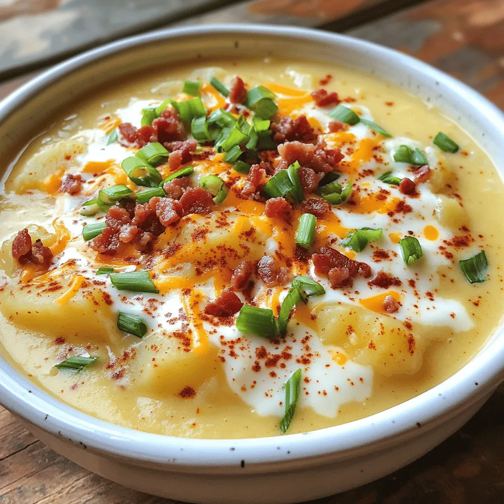 To make this creamy soup, gather the following items: - 4 large russet potatoes, peeled and cut into 1-inch cubes - 1 medium onion, finely diced - 3 cloves garlic, minced - 4 cups vegetable broth - 1 cup heavy cream - 1 teaspoon dried thyme - 1 teaspoon smoked paprika - Salt and freshly ground black pepper, to taste - 1 cup shredded sharp cheddar cheese - 1/2 cup sour cream - 4 green onions, sliced for garnish - 4 strips of cooked turkey bacon, crumbled (optional) You can personalize your soup with a few fun extras: - Crumbled blue cheese for a tangy twist - Diced jalapeños for some heat - Fresh herbs like chives or parsley for freshness - Additional veggies, like broccoli or corn, for more texture If you have dietary needs, here are some easy swaps: - Use plant-based cream or coconut milk for a dairy-free option. - Replace heavy cream with unsweetened almond milk for lower fat. - Instead of turkey bacon, use tempeh or mushrooms for a vegetarian choice. - For gluten-free needs, ensure your broth is gluten-free. These ingredients help create a rich and comforting soup that warms the heart and fills the belly. Enjoy experimenting with them! To start, gather your ingredients. You need four large russet potatoes, a medium onion, and three cloves of garlic. Cut the potatoes into 1-inch cubes. Dice the onion finely and mince the garlic. In a large pot over medium heat, combine the cubed potatoes, diced onion, and minced garlic. Pour in four cups of vegetable broth. Make sure the veggies are fully submerged. Season the mixture with one teaspoon of dried thyme and one teaspoon of smoked paprika. Add salt and pepper to taste. Next, raise the heat to medium-high and bring the pot to a rapid boil. Once it boils, lower the heat to medium-low. Cover the pot and let it simmer for about 20 minutes. You want the potatoes to be tender enough to pierce easily with a fork. After 20 minutes, it's time to mash. Use a potato masher to mash the mixture gently. You should aim for a creamy texture while still leaving some potato chunks. This adds heartiness to the soup. Now, pour in one cup of heavy cream and stir until well combined. Let the soup cook for an extra five minutes. This helps it thicken and develop rich flavors. Finally, take the pot off the heat. Stir in half of the shredded cheddar cheese and all of the sour cream. Mix until the cheese is melted and the soup is creamy. Taste the soup and adjust the seasoning. Add more salt, pepper, or spices if you wish. To ensure your soup turns out creamy, here are some effective tips: - Mash the potatoes gently for a mix of textures. - Use heavy cream for a richer taste. - Simmer the soup after adding cream. This helps it thicken. - Stir in cheese while the soup is hot. This creates a smooth texture. When you are ready to serve, ladle the hot soup into bowls. Top each bowl with the remaining cheddar cheese, crumbled turkey bacon (if you choose to add it), and sliced green onions. Feel free to get creative with garnishes. You can add crispy shallots, extra cheese, or even a dollop of sour cream. Enjoy your warm bowl of loaded baked potato soup! Making Loaded Baked Potato Soup can be simple, but mistakes can happen. Here are some common pitfalls to avoid: - Not using enough broth: Make sure to cover the potatoes fully. This helps them cook evenly. - Over-mashing the potatoes: You want some chunks for texture. Stop mashing when you achieve a nice balance. - Skipping the seasoning: Don’t forget salt and pepper. They enhance the soup’s flavor. - Adding cream too early: Wait until after mashing the potatoes. This keeps the cream from curdling. To take your soup to the next level, think about adding more flavors: - Fresh herbs: Chopped parsley or chives can brighten up the dish. - Spices: A pinch of cayenne can add a nice kick. Experiment with your favorites. - Different cheeses: Try using gouda or pepper jack for a unique twist. - Sautéed veggies: Adding bell peppers or carrots can add depth and sweetness. Certain tools can make your cooking process easier: - Potato masher: This is key for achieving the perfect creamy texture. - Large pot: Choose one with a heavy bottom to prevent burning. - Immersion blender: If you want a super smooth soup, this is a great option. - Measuring cups and spoons: Accurate measurements help your soup taste just right. By following these tips, you'll create a Loaded Baked Potato Soup that's both rich and satisfying. Enjoy every creamy spoonful! {{image_4}} To make a vegetarian version, swap the turkey bacon for crispy veggies or nuts. You can use mushrooms, which add a nice umami flavor. Grilled corn also works well for a sweet crunch. Just remember to keep the broth vegetable-based. This change keeps your soup rich while staying meat-free. For a dairy-free option, use coconut milk or cashew cream instead of heavy cream. Both options give a creamy texture without dairy. Replace sour cream with dairy-free yogurt or tahini. Nutritional yeast can also add a cheesy flavor. Make sure to use dairy-free cheese for the topping. You can easily change the flavor of your soup. Adding spices like chili powder or cumin gives it a kick. Fresh herbs like parsley or basil brighten the taste. You might also enjoy adding chopped jalapeños for heat. For a smoky flavor, a hint of liquid smoke can transform your dish. Mix and match your favorite toppings, such as olives, roasted garlic, or different cheeses, to make it your own. To store leftover soup, let it cool first. Place it in an airtight container. Make sure the lid is tight. You can keep it in the fridge for up to three days. If you want to save it longer, consider freezing. When you're ready to eat the soup again, pour it into a pot. Heat it over medium heat. Stir often to prevent sticking. You can also use the microwave. Heat it in short bursts, stopping to stir. This helps it heat evenly. To freeze the soup, use freezer-safe containers or bags. Leave room for expansion as it freezes. Label the containers with the date. You can freeze it for up to three months. To thaw, place it in the fridge overnight before reheating. This way, your loaded baked potato soup stays fresh and tasty for future meals! To thicken your soup, you can mash the potatoes more. Use a potato masher to break them up. If you want it even thicker, add a cornstarch slurry. Mix one tablespoon of cornstarch with two tablespoons of cold water. Stir this mix into the soup while it simmers. This will help your soup reach that creamy texture we all love. Yes, you can use sweet potatoes! They will add a different flavor and sweetness. Just peel and cut them like russet potatoes. The cooking time may be a bit shorter, so check for tenderness sooner. Absolutely! Start by adding all the ingredients to your slow cooker. Cook on low for 6-8 hours or on high for 3-4 hours. Mash the potatoes as you like, and stir in the cream and cheese before serving. It’s easy and hands-off! The best toppings include shredded cheddar cheese, crumbled bacon, and sliced green onions. You can also add sour cream for extra creaminess. Try topping it with some fresh herbs like parsley or chives. Each topping adds more flavor and fun! We explored how to make loaded baked potato soup, from ingredients to cooking steps. You learned how to avoid common mistakes and enhance flavors. I shared tips for storage and reheating, ensuring you enjoy your soup later. Customizations let you make the soup fit your needs, whether vegetarian or dairy-free. With this guide, you can confidently create a comforting dish your family will love. Enjoy your cooking adventure and keep experimenting with flavors!