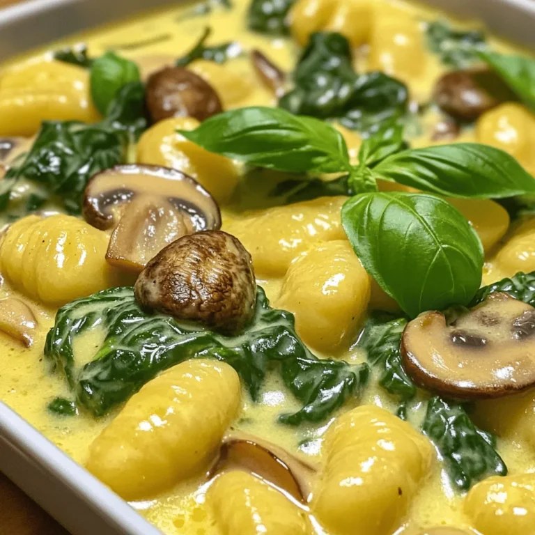 - 1 lb potato gnocchi (store-bought or homemade) - 2 cups fresh spinach, roughly chopped - 1 cup mushrooms, sliced (cremini or button variety) - 2 cloves garlic, finely minced - 1/2 cup heavy cream - 1/4 cup freshly grated Parmesan cheese - 2 tablespoons extra virgin olive oil - Salt and freshly ground black pepper to taste - 1/4 teaspoon freshly grated nutmeg (optional) - Fresh basil leaves for garnish In this recipe, I use potato gnocchi which has a soft, pillowy texture. You can use store-bought or make your own. Fresh spinach adds a bright green color and a mild taste. I prefer cremini mushrooms for their rich flavor, but button mushrooms work well too. Garlic adds depth to the dish. Heavy cream creates a rich sauce that coats the gnocchi. Parmesan cheese brings a savory kick. The extra virgin olive oil adds richness and helps cook the garlic and mushrooms. Seasoning is key. Salt and pepper enhance all the flavors. Nutmeg adds a hint of warmth, but it’s optional. Fresh basil leaves give a fresh finish. This combination makes a creamy and savory delight that is sure to please your taste buds! First, I bring a large pot of salted water to a boil. I use about 6 cups of water for this. Once the water is bubbling, I gently add 1 pound of potato gnocchi. I watch closely as they cook. In about 2 to 3 minutes, they float to the top. This is how I know they are done. I carefully use a slotted spoon to remove them and set them aside in a bowl. Next, I heat 2 tablespoons of olive oil in a large skillet over medium heat. I add 2 cloves of finely minced garlic and sauté for about 30 seconds. I stir often to keep it from burning. Then, I add 1 cup of sliced mushrooms. I let them cook for about 5 to 7 minutes until they turn tender and golden brown. After that, I add 2 cups of roughly chopped spinach. I keep stirring until the spinach wilts down. Now it’s time for the sauce. I slowly pour in 1/2 cup of heavy cream while stirring. I let this mixture simmer gently for a couple of minutes. As I stir, I watch for it to thicken slightly. I want it to coat the vegetables nicely. Once the cream sauce is ready, I add the reserved gnocchi to the skillet. I gently toss everything together. My goal is to ensure each gnocchi is well coated in the creamy sauce and warmed through. For the final touches, I fold in 1/4 cup of freshly grated Parmesan cheese. I make sure it melts into the sauce. Then, I season with salt, pepper, and 1/4 teaspoon of nutmeg if I want that extra flavor. I mix it all until the flavors meld beautifully. For serving, I transfer the vibrant gnocchi dish to plates. I garnish with fresh basil leaves for a lovely aroma and a pop of color. - Selecting the best potato gnocchi: Look for gnocchi that feels firm but soft. Fresh gnocchi has a light texture. If you use store-bought, check the package for quality. Homemade gnocchi can be fun and rewarding. - Adjusting cooking times for homemade gnocchi: Homemade gnocchi cooks faster than store-bought. Boil them for about 2 minutes. They are done when they float to the top of the water. - Vegetable substitutions: You can swap spinach with kale or Swiss chard. For mushrooms, try using zucchini or bell peppers. This keeps the dish fresh and exciting. - Adding proteins like chicken or shrimp: To make it heartier, add cooked chicken or shrimp. Toss them in with the gnocchi and sauce. This adds texture and flavor that many will enjoy. - Tips on using fresh herbs or spices: Fresh basil or parsley can lift the dish. Add them just before serving for a burst of flavor. Experiment with spices like thyme or oregano for a twist. A pinch of red pepper flakes can add heat too. {{image_4}} To make this dish vegan, you can swap the heavy cream for a plant-based alternative. Coconut cream or cashew cream works well. They add a rich texture without dairy. For cheese, use nutritional yeast or a store-bought vegan cheese. These give a cheesy flavor without using animal products. When it comes to plant-based ingredients, you can add more veggies. Try sun-dried tomatoes for a tangy kick or bell peppers for crunch. They will enhance the taste and add color to the plate. You can explore different sauces for your gnocchi. A classic tomato sauce adds a bright, fresh flavor. It pairs well with the earthy taste of mushrooms. For a cream sauce, you can use the original recipe or try a vegan version. Pesto is also a fantastic choice. You can make it from basil, spinach, or even arugula. Mixing in nuts like pine nuts or walnuts adds a delightful crunch. Each sauce brings its own unique twist to the dish. If you need a gluten-free option, look for gluten-free gnocchi. Many brands offer this now, and it tastes great too. You can also use cauliflower gnocchi, which is lower in carbs and very tasty. Additionally, check the other ingredients. Ensure that your cream and cheese alternatives are gluten-free as well. With these tweaks, you can enjoy a delicious meal without gluten. To keep your spinach mushroom gnocchi fresh, place it in the fridge. Use an airtight container to prevent drying. Cool the dish to room temperature first. This keeps the texture nice. You can store leftovers for up to three days. When reheating, you have two options: microwave or stovetop. The microwave is quick but may make gnocchi soft. For stovetop, heat a skillet on low. Add a splash of cream or broth. Stir gently until warmed. This method keeps the texture and flavor better. To freeze your gnocchi, let it cool completely first. Then, place it in a freezer-safe bag. Remove any excess air to avoid freezer burn. It can last for up to three months. When ready to eat, thaw overnight in the fridge. Cook it in boiling water for a few minutes to heat through. Enjoy a quick meal with great flavor! Yes, you can use frozen gnocchi. Frozen gnocchi cooks just as well as fresh. Just follow the package instructions for cooking time. I recommend adding them directly to boiling water. This saves you time and effort. Watch for gnocchi to float. This means they are ready. It usually takes about 2-3 minutes. If they stay at the bottom, give them more time. You want them soft but not mushy. Pair your gnocchi with a light salad. A simple arugula salad with lemon dressing works great. You might also enjoy garlic bread on the side. For a heartier meal, serve with grilled chicken or shrimp. Yes, you can prepare this dish ahead of time. Cook the gnocchi and sauce separately. Store in airtight containers in the fridge. When you're ready to eat, reheat gently on the stove. Add a splash of cream if needed. This blog showed you how to make spinach mushroom gnocchi. We covered key ingredients like potato gnocchi, spinach, and mushrooms. You learned to cook, sauté, and combine flavors into a creamy sauce. Tips for customizing the recipe help you make it your own. We also discussed storing and reheating leftovers for next time. Try this dish for a tasty meal that everyone will enjoy!