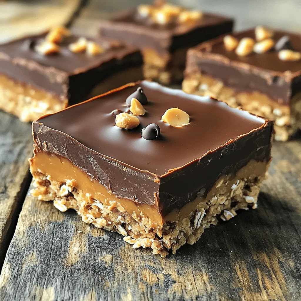 - 1 cup rolled oats - 1 cup creamy peanut butter - 1/2 cup honey or maple syrup - 1/2 cup unsweetened cocoa powder - 1/2 teaspoon vanilla extract - 1/4 teaspoon salt - 1/2 cup chocolate chips (semi-sweet or dark) - 1/4 cup chopped nuts (e.g., almonds or walnuts) - optional Using rolled oats gives these bars a great texture. If you want a finer texture, quick oats work too. Creamy peanut butter offers a smooth mix, but crunchy peanut butter adds a fun bite. You can swap honey for maple syrup if you prefer a vegan option. Unsweetened cocoa powder is key for rich chocolate flavor. If you don't have cocoa powder, try carob powder for a different taste. For sweetness, honey or maple syrup works well. You can skip the vanilla extract, but it enhances the flavor. The salt balances sweetness. If you're nut-free, skip the nuts or use seeds like sunflower seeds instead. Finally, you can use any type of chocolate chips you like. Each bar has about 150 calories. They contain: - 6g protein - 7g carbs - 12g fat - 2g fiber - 8g sugar This recipe makes 12 bars. Perfect for a quick snack or dessert! Making no-bake chocolate peanut butter oat bars is easy. You only need a few steps. First, gather your ingredients. Then, mix the dry items. Next, warm the peanut butter and honey. Finally, combine everything and chill your bars. 1. Start by mixing the dry ingredients. In a large bowl, add: - 1 cup rolled oats - 1/2 cup unsweetened cocoa powder - 1/4 teaspoon salt Use a whisk or spoon to blend them well. 2. Next, warm the wet mix. In a microwave-safe bowl, combine: - 1 cup creamy peanut butter - 1/2 cup honey or maple syrup Heat it in the microwave for 30-40 seconds. Stir until it's smooth. 3. Now, pour the warm mix into the dry bowl. Add: - 1/2 teaspoon vanilla extract Mix everything until it forms a thick batter. 4. Gently fold in the extras. Add: - 1/2 cup chocolate chips - 1/4 cup chopped nuts (optional) Ensure they are well mixed in. 5. Prepare your pan. Line an 8x8-inch baking pan with parchment paper. Leave some paper hanging over the edges. 6. Transfer the mixture to the pan. Spread it out evenly. Press down hard to make it compact. 7. Chill the bars. Place the pan in the fridge for 1-2 hours. This helps them set. 8. Cut your bars. Once firm, lift them out using the parchment paper. Use a sharp knife to cut into squares. To get a great texture, mix the dry items well at first. This helps them combine smoothly with the wet mix. When you fold in the chocolate chips and nuts, do it gently. This keeps the texture nice and even. Press the mixture down firmly in the pan. This step is key to avoid crumbly bars later. - Use fresh ingredients: Fresh oats and nut butter make a big difference. - Warm your peanut butter: Heating it helps mix it better with other ingredients. - Press firmly: When spreading the mixture in the pan, press down hard. This helps the bars hold together. - Let them chill: Allow enough time in the fridge to set. Two hours is best. - Add a pinch of salt: This enhances the flavors. Just a little goes a long way. - Not measuring accurately: Use proper measuring cups for best results. - Skipping the chilling step: Don’t rush this part; it’s key for firmness. - Overmixing: Mix just until combined. Overmixing can make the bars too tough. - Forgetting the parchment paper: This makes removing the bars easier. - Mixing bowls: Use large bowls for easy mixing. A whisk helps combine dry ingredients. - Microwave-safe bowl: For warming the peanut butter and honey. - Spatula: A strong spatula helps mix and spread the mixture evenly. - Baking pan: An 8x8-inch pan works best for this recipe. - Sharp knife: Use this to cut the bars into neat squares. These tips and tricks will help you create the best no-bake chocolate peanut butter oat bars. Enjoy the process! {{image_4}} You can change the taste of these bars easily. Try adding spices like cinnamon or nutmeg. Just a pinch can warm up the flavor. If you want a sweeter touch, add a few drops of almond or coconut extract. These small changes can make a big difference. If you need a nut-free option, swap creamy peanut butter for sunflower seed butter. It gives a nice taste without nuts. For a lower-calorie option, use Greek yogurt instead of peanut butter. This keeps the texture smooth while cutting some calories. You can also use maple syrup instead of honey for a vegan version. To make these bars healthier, try using less sugar. You can reduce honey or maple syrup by a quarter cup. Add a scoop of protein powder to boost nutrition. This will keep you full longer. Another idea is to use dark chocolate chips. They have less sugar and more antioxidants. Each of these options can help fit your health goals while keeping the bars yummy. To keep your no-bake bars fresh, store them in an airtight container. Place a layer of parchment paper between bars to prevent sticking. You can keep them in the fridge for about a week. This keeps them cool and helps maintain their texture. If you want them to last longer, consider freezing them. To freeze these bars, wrap them tightly in plastic wrap. Then, place the wrapped bars in a freezer-safe bag or container. This helps prevent freezer burn. They can last up to three months in the freezer. When you want to enjoy them, take them out and let them thaw in the fridge for a few hours. This way, they stay firm and tasty. If stored properly, no-bake bars last about a week in the fridge. Look for signs of spoilage, like an off smell or a change in color. If they feel dry or crumbly, they might not taste good. Always use your senses to check if they are still fresh. Enjoy your sweet treat while it's at its best! Yes, you can easily make this recipe vegan. To do this, use maple syrup instead of honey. Maple syrup is a great sweetener for a vegan diet. Also, make sure to use dark chocolate chips that are dairy-free. This way, you keep all the great taste while sticking to vegan choices. If you want to replace honey, maple syrup is a perfect choice. It gives the bars a nice sweetness without changing the texture. You can also try agave nectar, which works well too. Just use the same amount as the honey called for in the recipe. You can use almond butter or cashew butter instead of peanut butter. Both options bring a rich flavor. Sunflower seed butter is another great choice, especially for nut allergies. These substitutes keep your bars creamy and delicious while adding a unique taste. In this blog post, we covered how to make no-bake bars. We discussed the ingredients you need and offered tips for better mixing. I shared storage info and how to avoid common mistakes. You can also enjoy many variations. In conclusion, making no-bake bars is easy and fun. With the right tips and ingredients, you can create tasty snacks for any diet. Enjoy experimenting with flavors and find what works best for you!