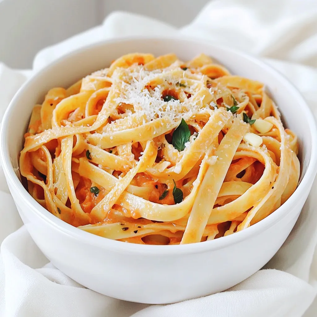 - 12 oz fettuccine or preferred pasta - 2 tablespoons olive oil - 1 small onion, finely chopped - 3 cloves garlic, minced - 1 can (14 oz) crushed tomatoes - 2 cups vegetable broth - 1 cup heavy cream or coconut cream - 1 teaspoon dried oregano - 1 teaspoon sugar - Salt and freshly ground black pepper to taste - 1 cup fresh basil leaves, roughly chopped - Grated Parmesan cheese for serving (optional) This creamy tomato basil pasta uses simple, fresh ingredients. First, you need your pasta. I love using fettuccine, but any pasta works. The olive oil adds richness and flavor. Chopped onion and minced garlic bring depth to the dish. Next, the sauce comes from crushed tomatoes and vegetable broth. These ingredients create a rich base. Adding heavy cream or coconut cream makes it creamy and smooth. Dried oregano gives the sauce a lovely herbal note that pairs well with tomatoes. Don’t forget the seasoning! A teaspoon of sugar balances the sauce's acidity. Salt and black pepper enhance the flavors. Finally, fresh basil adds a burst of brightness. You can top your dish with Parmesan cheese if you like. This mix of ingredients makes a delightful meal in one pot. Start by boiling a large pot of water. Add a pinch of salt to enhance the flavor of the pasta. Once the water is bubbling, add 12 oz of fettuccine. Cook the pasta according to the package instructions, usually about 8-10 minutes. You want it to be al dente, so keep an eye on it. When it’s done, reserve about ½ cup of the pasta water, then drain the fettuccine. In a deep skillet, heat 2 tablespoons of olive oil over medium heat. Add 1 small, finely chopped onion. Sauté the onion for about 5 minutes until it becomes soft and clear. Then, add 3 minced garlic cloves. Stir and cook for another minute. You want the garlic to smell great but not burn. Next, pour in a 14 oz can of crushed tomatoes and 2 cups of vegetable broth. Sprinkle in 1 teaspoon of dried oregano and 1 teaspoon of sugar to balance the acidity. Stir everything together and let it simmer gently. Now, gently mix your drained pasta into the sauce. Make sure all the fettuccine is coated. Cover the pot with a lid and let it cook for another 10-12 minutes. This lets the pasta soak up the sauce. After that time, turn the heat to low and stir in 1 cup of heavy cream or coconut cream for a dairy-free option. Mix in 1 cup of roughly chopped fresh basil and season with salt and freshly ground black pepper to taste. Stir well to combine. Let the pasta sit for a few minutes off the heat to thicken. Serve hot, and if you like, top with some grated Parmesan cheese for a nice touch. To get the perfect al dente pasta, you must watch the timing closely. Al dente means the pasta is firm to the bite. Start by boiling a large pot of water. Add a pinch of salt to enhance the pasta's flavor. Follow the package directions but check a minute early. Taste the pasta to see if it’s done. It should be tender yet still have a bit of bite. Reserving pasta water is very important. Before you drain your pasta, save about half a cup of that starchy water. This water can help thicken your sauce and bind it to the pasta. It also adds flavor and helps the sauce stick better. To elevate your dish, think about adding more seasoning. A pinch of red pepper flakes can give a nice kick. You can also sprinkle some extra dried oregano or thyme for more depth. If you want a little sweetness, try adding a touch more sugar. For variety, consider adding some optional ingredients. Spinach or kale can be great for extra nutrition. You could also toss in cooked chicken or shrimp for added protein. Sun-dried tomatoes can enhance the flavor too. Serving this dish nicely makes it even more enjoyable. Use a large bowl to present the creamy tomato basil pasta. Garnish it with freshly chopped basil leaves for color. A sprinkle of grated Parmesan cheese adds richness and visual appeal. Pair this dish with a side salad or garlic bread. A simple green salad with a light vinaigrette complements the pasta well. Garlic bread adds a nice crunch and is perfect for soaking up the sauce. {{image_4}} You can make creamy tomato basil pasta fit your needs. To make it dairy-free, use coconut cream instead of heavy cream. This swap gives a rich flavor without dairy. If you prefer gluten-free options, choose gluten-free pasta. Many brands offer great textures and taste. What if you can't find fresh basil? You can use dried basil instead. Just remember, dried herbs are stronger, so use less. If you want to boost protein, add cooked chicken or shrimp. Both options pair well with the creamy sauce and add heartiness. Want to spice things up? Add red pepper flakes for heat. Start with a pinch and adjust to your taste. You can also mix in fresh vegetables like spinach or bell peppers. They add color, nutrition, and flavor to your dish. To keep your creamy tomato basil pasta fresh, use airtight containers. Glass or plastic containers work well. Make sure to let the pasta cool before sealing it. Store leftovers in the fridge for up to three days. This way, you can enjoy it later without losing its great taste. When reheating, the best method is to use a skillet. Add a splash of water or broth to help bring back the sauce. Heat it over low heat and stir often. This prevents the pasta from sticking and helps keep it creamy. If the sauce thickens too much, add a bit of the reserved pasta water to revive it. To freeze your pasta, let it cool completely first. Then, portion it into freezer-safe bags or containers. Squeeze out any extra air before sealing. This helps prevent freezer burn. When you're ready to eat, thaw it in the fridge overnight. Reheat it in a skillet, adding a little liquid to refresh the sauce. Can I make this dish vegan? Yes, you can make this dish vegan. Use coconut cream instead of heavy cream. Also, check that your pasta is egg-free. Many brands offer vegan pasta. What can I do if the sauce is too thick? If your sauce is too thick, add a bit of reserved pasta water. Start with a small amount and stir well. This will help thin it out without losing flavor. How do I know when the pasta is al dente? Pasta is al dente when it is firm but not hard. Check the package for timing, usually around 8-10 minutes. Taste a piece for the best test. What adjustments do I need to make for larger servings? To serve more people, increase the pasta and sauce in equal parts. Use about 3 oz of pasta per person. Adjust other ingredients to match for flavor. Can I use dried basil instead of fresh? Yes, you can use dried basil. Use about one teaspoon for each tablespoon of fresh basil. Dried basil has a more concentrated flavor, so adjust to taste. What can I substitute for heavy cream? You can use coconut cream for a dairy-free option. Silken tofu blended until smooth also works well. This keeps the dish creamy without dairy. You now have a detailed guide to making a delicious pasta dish. We covered the ingredients, step-by-step instructions, helpful tips, and variations. You can adapt the recipe to fit your diet and preferences. Remember to store and reheat leftovers properly to enjoy your meal later. This recipe offers flexibility, so feel free to get creative. Enjoy your cooking adventure with these simple tools and tips!
