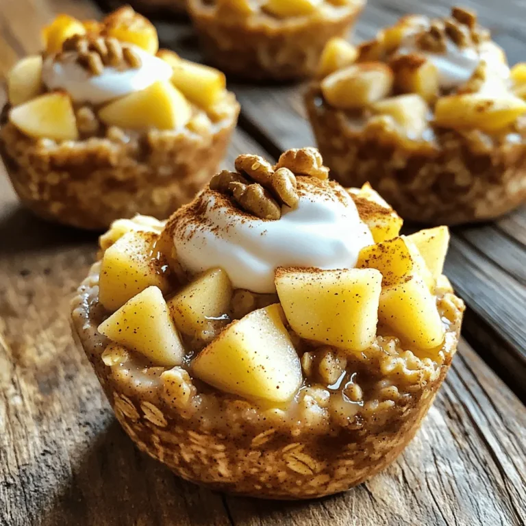To make these tasty oatmeal cups, you will need: - 2 cups rolled oats - 1 cup milk (dairy or non-dairy) - 1/2 cup unsweetened applesauce - 2 large eggs - 1/4 cup pure honey or maple syrup - 1 teaspoon vanilla extract - 1 teaspoon baking powder - 1 teaspoon ground cinnamon - 1/2 teaspoon sea salt - 1 medium apple, diced (I love using Fuji or Honeycrisp apples) - 1/4 cup walnuts or pecans, chopped (optional) These ingredients blend together to create a warm, flavorful treat. The oats serve as the base, while the apples add sweetness and moisture. The spices bring out the flavors beautifully. Feel free to get creative! Here are some fun add-ins: - Dried fruit: Raisins, cranberries, or apricots can add a nice chew. - Seeds: Chia seeds or flaxseeds boost nutrition. - Spices: Try nutmeg or ginger for more flavor. These options let you tailor the oatmeal cups to fit your taste. If you have dietary needs, here are some substitutes: - Milk: Use almond, soy, or oat milk for non-dairy. - Eggs: Replace each egg with a banana or 1/4 cup applesauce for a vegan option. - Sweeteners: Use agave nectar or coconut sugar instead of honey. These substitutions keep the recipe friendly for many diets while still being delicious! First, set your oven to 350°F (175°C). This heat makes the oatmeal cups cook just right. Next, grab a muffin tin. You can line it with paper liners or spray it with a bit of non-stick spray. This step keeps the cups from sticking. In a big bowl, mix the rolled oats, milk, applesauce, eggs, honey or maple syrup, and vanilla extract. I like to use a whisk for this part. Stir until it all looks smooth and creamy. This mix gives our oatmeal cups their base and flavor. Now, it’s time to add the dry stuff. Sprinkle in baking powder, ground cinnamon, and sea salt. Gently stir until everything is blended. Don't rush this step; it helps the flavors mix well. Next, fold in the diced apple and chopped walnuts or pecans if you choose to use them. Be careful not to overmix; we want those apple pieces to stay whole for great bites. Start by carefully spooning the oatmeal mixture into the muffin tin. Fill each cup about three-quarters full. This allows room for the cups to rise while baking. If you overfill them, the mixture might spill over. Use a scoop or spoon to make this step easier and cleaner. Set your oven to 350°F (175°C) and place the muffin tin inside. Bake the cups for 20 to 25 minutes. You want to see a lovely golden brown on top. The smell of cinnamon and apples will fill your kitchen, making it hard to wait! To check if the oatmeal cups are done, insert a toothpick into the center of one cup. If it comes out clean, they are ready. If it has wet batter on it, bake for a few more minutes. Let the cups cool for about 10 minutes in the pan before moving them to a wire rack. This cooling time helps them set up nicely. {{image_4}} To get the best oatmeal cups, follow these tips: - Use fresh ingredients: Fresh oats and apples make a big difference. - Measure accurately: Use a kitchen scale for precision in baking. - Don’t overmix: Stir gently to keep the cups light and fluffy. - Check your oven: Make sure your oven temperature is accurate for even baking. Serving your oatmeal cups is simple and fun. Here are some ideas: - Warm them up: Serve the cups warm for the best taste. - Top with yogurt: A dollop of Greek yogurt adds creaminess. - Drizzle honey: A drizzle of honey enhances the sweetness. - Sprinkle cinnamon: A light dusting of cinnamon adds a lovely touch. To keep your oatmeal cups fresh, follow these tips: - Cool completely: Let them cool on a wire rack before storing. - Use airtight containers: Store in a container to keep them moist. - Refrigerate for longer life: They can last up to a week in the fridge. - Freeze for future use: Wrap them well and freeze for up to three months. You can mix up the flavors of your oatmeal cups easily. Try adding mashed bananas for a sweet twist. You can also use blueberries or cranberries for a fruity kick. If you enjoy spices, add nutmeg or ginger. These spices pair well with cinnamon. Each change will give your cups a new taste. To make these oatmeal cups vegan, swap the eggs with flax eggs. Mix one tablespoon of ground flaxseed with three tablespoons of water. Let it sit for five minutes to thicken. Use almond milk or oat milk instead of dairy milk. You can also ensure your oats are certified gluten-free for a safe option. Fruits add flavor and nutrition. You can fold in diced pears or shredded carrots for extra goodness. If you want crunch, try adding almonds or pecans. Don't forget about dried fruits like raisins or dates for sweetness. Be creative and mix your favorite ingredients for a unique treat! Yes, you can use quick oats. They will cook faster and may change the texture. Rolled oats are thicker and give a chewier bite. Quick oats make the cups softer. If you like a smoother oatmeal cup, quick oats work well. To make the oatmeal cups egg-free, you can use flax eggs. Mix 1 tablespoon of ground flaxseed with 2.5 tablespoons of water. Let it sit for 5 minutes. This will help bind the ingredients just like eggs do. You could also use unsweetened applesauce as a substitute. Baked oatmeal cups last about 5 days in the fridge. Store them in an airtight container for best results. You can also freeze them for up to 3 months. Just thaw before serving for a quick and healthy breakfast. These cinnamon apple baked oatmeal cups are simple, tasty, and versatile. We covered the main ingredients, optional add-ins, and swaps to fit dietary needs. You learned how to prep, mix, and bake them perfectly. I shared tips to enhance your baking experience and ideas for variations. Now, you can easily enjoy these oatmeal cups any way you like. Experiment with different flavors and serve them fresh. Enjoy this nutritious treat as part of your routine!