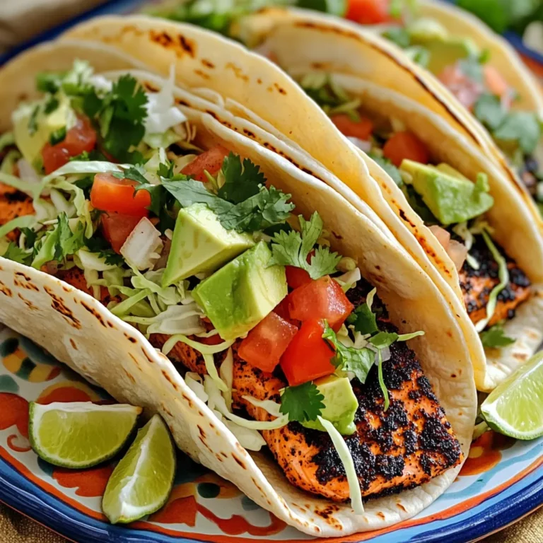 - 1 pound salmon fillets - 8 small corn or flour tortillas - 1 cup shredded cabbage - 1 avocado, sliced - ½ cup diced tomatoes - ¼ cup cilantro, roughly chopped - Smoked paprika - Cayenne pepper - Garlic powder - Onion powder - Dried oregano - Salt - Black pepper - Oven - Sheet pan - Parchment paper - Mixing bowl - Skillet - Knife The main ingredients for blackened salmon tacos include salmon, tortillas, and fresh toppings. Salmon is the star here. It gives rich flavor and healthy fats. Tortillas are the base for your taco. You can choose corn or flour based on your taste. Fresh toppings like cabbage, avocado, tomatoes, and cilantro add crunch and brightness. Next up are the spices. Smoked paprika gives a warm, deep flavor. Cayenne pepper adds heat. Garlic and onion powders bring savory notes. Dried oregano adds a touch of earthiness. Salt and black pepper are key to enhance all these flavors. For tools, you need an oven and a sheet pan to bake everything. Parchment paper makes cleanup easy. A mixing bowl is for the spice mix. A skillet warms the tortillas, and a knife helps with cutting veggies. Gather these ingredients and tools for a fun cooking experience! Each element plays a vital role in creating a flavorful taco. - Preheat oven to 425°F (220°C). - Line a sheet pan with parchment paper. First, set your oven to 425°F. This high heat helps create that perfect blackened crust. Lining your sheet pan with parchment paper makes cleanup a breeze. - Combine spices in a small mixing bowl. In a small bowl, mix together smoked paprika, cayenne pepper, garlic powder, onion powder, dried oregano, salt, and black pepper. This spice mix will give your salmon a bold kick. Make sure to blend well for even flavor. - Dry fillets and coat with olive oil and spice mix. - Arrange on the sheet pan. Take your salmon fillets and pat them dry with paper towels. This step is key for a nice crust. Brush both sides with olive oil, then generously coat with your spice mix. Place the fillets on one side of the lined sheet pan. - Distribute cabbage and tomatoes on the opposite side of the pan. On the other side of the pan, spread out the finely shredded cabbage and diced tomatoes. Drizzle a bit of olive oil over them. A sprinkle of salt helps enhance their natural taste. - Bake for 12-15 minutes until salmon flakes easily. - Prepare tortillas while baking. Slide the pan into your preheated oven. Bake for 12-15 minutes. The salmon should flake easily with a fork. While it cooks, heat your tortillas in a dry skillet for about 30 seconds on each side. This makes them soft and warm. - Layer ingredients and serve with lime wedges. Once everything is ready, take a tortilla. Layer on some sautéed cabbage and tomatoes. Add a piece of the blackened salmon. Top it off with fresh avocado slices and chopped cilantro. Serve with lime wedges for a zesty finish. Enjoy! To get a great blackening on the salmon, make sure to cover each fillet with the spice mix. The spices add flavor and create a nice crust. Use enough spice mix to coat every side evenly. When cooking, keep your oven at 425°F (220°C). This heat helps the salmon cook through and get crispy. Bake the salmon for 12 to 15 minutes. It is done when it flakes easily with a fork. You can warm tortillas in two ways: using a skillet or a microwave. I prefer the skillet method. Heat it over medium heat and warm each tortilla for about 30 seconds on each side. This makes them soft and tasty. If you are short on time, use the microwave. Heat them in a damp paper towel for about 15 seconds. A beautiful plate makes everything better. Arrange the tacos on a bright platter. Add extra lime wedges for squeezing on top. Sprinkle fresh cilantro leaves over the tacos for color. This adds a fresh look and makes the dish more fun to eat. You want your guests to enjoy both the taste and the view! {{image_4}} You can switch salmon for chicken or shrimp. Both options work well. For chicken, use boneless thighs for juiciness. Season them with the same spice mix. Bake them for about 20-25 minutes, or until cooked through. For shrimp, use large, peeled shrimp. Toss them with olive oil and spices. Bake them for only 6-8 minutes, until they turn pink and opaque. These quick swaps keep the flavors bold and fresh. If you want a meatless option, replace salmon with grilled veggies or beans. For grilled veggies, use zucchini, bell peppers, and mushrooms. Season them with olive oil and spices, then grill or roast until tender. You can also use black beans or chickpeas for protein. Mix them with lime juice and spices for a tasty filling. This way, you keep the dish vibrant and satisfying without meat. To take your tacos up a notch, add some salsas or dressings. A fresh mango salsa gives a sweet twist. Just mix diced mango, red onion, cilantro, and lime juice. For a creamy touch, try a chipotle mayo. Blend mayo with chipotle peppers and lime for a smoky kick. These extras add depth and excitement, making each bite a flavor burst. You can keep leftover blackened salmon tacos in the fridge. Use an airtight container to prevent drying out. They stay fresh for up to three days. When you want to eat them again, reheat in the oven for the best taste. Set the oven to 350°F (175°C) and warm for about 10 minutes. This keeps the salmon tender and the tortillas soft. If you want to freeze the salmon and veggies, it's simple. First, let them cool completely. Then, wrap each piece of salmon tightly in plastic wrap. Place the veggies in a freezer-safe bag. Remove as much air as possible to avoid freezer burn. You can freeze these for up to three months. When ready to eat, thaw overnight in the fridge before reheating. You can prep tacos in advance for quick meals. Keep the salmon, veggies, and tortillas separate. Assemble just before serving to keep everything fresh. If you want to prep ahead, slice the avocado and store it in lemon juice. This keeps it from browning. When you're ready to eat, just layer your ingredients and enjoy a tasty meal in no time! Yes, you can use frozen salmon. Just make sure to defrost it correctly. The best way is to place it in the fridge overnight. If you're short on time, you can also run it under cold water for about 30 minutes. This keeps the fish safe and tasty. You can pair these tacos with many sides. Here are some ideas: - Mexican rice for a filling addition - Black beans for extra protein - Grilled corn for sweetness - A fresh salad to add crunch - Homemade salsa for a flavor boost The spice level depends on how much cayenne pepper you use. If you like heat, add more cayenne. If you prefer milder tacos, reduce the amount. The smoked paprika also adds flavor without much heat. Overall, it's a nice balance that most people enjoy. In this post, we explored how to make delicious blackened salmon tacos. We covered the key ingredients like salmon, spices, and toppings. I shared step-by-step instructions that guide you from preparation to serving. You learned tips for perfect blackening and tortilla heating methods. Remember, you can customize these tacos with different proteins or vegetarian options. Enjoy experimenting with flavors. Keep this recipe handy; it’s easy and tasty!