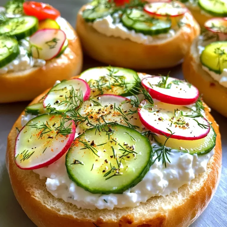 - 1 cup cottage cheese Cottage cheese is the star of this dish. You can choose low-fat for a light bite or full-fat for extra creaminess. Both options work well. The cottage cheese gives a nice base for our spread and packs in protein. - 2 tablespoons Greek yogurt This adds creaminess and boosts the protein content. - 1 tablespoon fresh dill, chopped Dill brings a fresh taste. You can use dried dill if fresh isn’t available. - 1 tablespoon chives, finely chopped These herbs add a nice aroma and flavor. - 1 teaspoon garlic powder This gives a savory kick to our spread. - 1 teaspoon fresh lemon juice Lemon juice brightens the flavor. - Salt and freshly ground black pepper These help to season the spread to your liking. - Sliced cucumber Cucumber adds a refreshing crunch. - Radishes They bring a peppery bite. - Cherry tomatoes, halved These add sweetness and color. Feel free to get creative with your toppings. Mix and match to find your favorite combo! To start, grab a medium-sized mixing bowl. Add 1 cup of cottage cheese and 2 tablespoons of Greek yogurt. Use a fork or whisk to mix them well until smooth. This base gives a creamy texture. Next, add 1 tablespoon of chopped fresh dill and 1 tablespoon of finely chopped chives. These herbs will add a burst of flavor. Don't forget to include 1 teaspoon of garlic powder and 1 teaspoon of fresh lemon juice. These ingredients brighten the taste. Stir everything together until it is well combined. Finally, taste your spread and add salt and freshly ground black pepper as needed. Now, take your favorite bagels, whether plain, everything, or sesame. Cut each bagel in half. Toast them lightly in a toaster or under a broiler. You want them to be golden brown and slightly crispy. This step adds a nice crunch to your spread. Keep an eye on them to avoid burning! Once your bagels are toasted, it’s time to spread. Take each bagel half and spread a generous portion of the cottage cheese mixture over the top. Be liberal with your spreading! For added texture and taste, consider garnishing with optional toppings like sliced cucumber, peppery radishes, or halved cherry tomatoes. Enjoy your bagels right away for the best taste. If you prepare in advance, store the spread and bagels separately in the fridge. This will keep them fresh for up to 2 hours. To get the smoothest spread, use full-fat cottage cheese. It gives a rich taste. Mix it well with Greek yogurt. This adds creaminess and extra protein. Start with a fork, then switch to a whisk. Whisking helps break down the curds. If you want it even smoother, blend the mixture in a food processor. This will make it super creamy. Store your spread in a tight container. This keeps it fresh and tasty. It will last in the fridge for up to two days. To keep bagels crispy, store them separately. If you prep in advance, keep the spread and bagels apart until serving. This way, they stay fresh and delicious. You can change the flavor to match your taste. Want a spicy kick? Add a pinch of red pepper flakes. For a tangy twist, mix in more lemon juice. Try different herbs like basil or parsley for a fresh taste. If you like a smoky flavor, add some smoked paprika. Get creative with your toppings too! Sliced cucumbers or radishes add crunch. Halved cherry tomatoes bring a burst of flavor. The options are endless! {{image_4}} If you want a dairy-free spread, try using silken tofu instead of cottage cheese. Silken tofu has a creamy texture and a mild taste. You can blend it until smooth. Add Greek yogurt made from coconut or almond milk for extra creaminess and protein. These options keep the spread tasty while making it suitable for those with dairy allergies. You can change the herbs and spices to match your taste. For a zesty kick, use fresh basil or parsley instead of dill. Try adding a pinch of smoked paprika for a hint of warmth. If you like heat, mix in some cayenne pepper or a dash of hot sauce. The flavors can take your spread from basic to bold in no time! You can enjoy this spread in both savory and sweet ways. For a savory twist, add chopped sun-dried tomatoes or olives. These will create a rich and delicious flavor. If you crave something sweet, mix in some honey or maple syrup. You can also add cinnamon and diced fruits like apples or berries. This versatility allows you to enjoy your bagel spread any time of day! This cottage cheese bagel spread is packed with protein. Each serving has about 14 grams of protein. The cottage cheese provides a major boost. Greek yogurt adds even more protein to the mix. Together, they make this spread a great choice for muscle health. One serving of this spread is around 120 calories. The main ingredients are low in calories but high in nutrients. Using low-fat cottage cheese and yogurt keeps the calories down. You can enjoy this spread without worrying about extra calories. - Cottage cheese: Rich in protein and calcium. Good for your bones and muscles. - Greek yogurt: Adds probiotics for gut health and extra protein. - Dill and chives: Packed with vitamins and minerals. They also add flavor without extra calories. - Lemon juice: Provides vitamin C, which boosts your immune system. - Garlic powder: Has health benefits, like supporting heart health. This cottage cheese bagel spread is tasty and good for you! Yes, you can use low-fat cottage cheese. It keeps the spread light and creamy. If you want more flavor, try full-fat cottage cheese. Both options work well in this recipe. The spread lasts up to two days in the fridge. Just store it in an airtight container. This keeps it fresh and safe to eat. You can use many bagel flavors. Everything bagels add a nice crunch. Plain bagels let the spread shine. Sesame bagels bring a nutty taste. Choose your favorite or try them all! This blog post explored how to make a tasty cottage cheese bagel spread. We discussed ingredients, step-by-step instructions, and helpful tips. You learned about variations to fit your taste and the nutritional benefits of each ingredient. You can make this spread creamy and flavorful while adding your favorite toppings. Experiment with dairy-free options or different spices. Enjoy this easy dish that brings great taste and good health. Your bagel spread journey starts now!