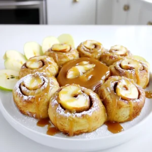 - 4 cups all-purpose flour - 1 packet (2 ¼ teaspoons) active dry yeast - ½ cup whole milk, warmed to about 110°F (43°C) - ¼ cup granulated sugar - ½ teaspoon salt - ½ cup unsalted butter, melted and slightly cooled - 2 large eggs, at room temperature - 2 teaspoons ground cinnamon - 2 medium apples, peeled, cored, and diced (preferably Granny Smith or Honeycrisp) - 1 cup packed light brown sugar - ½ cup caramel sauce (store-bought or homemade) - 1 teaspoon pure vanilla extract - Powdered sugar (for dusting) If you want to switch things up, here are some fun ideas: - Use almond milk instead of whole milk for a nutty flavor. - Swap out all-purpose flour for whole wheat flour for a heartier roll. - Try using different apple types, like Fuji or Braeburn, for varied taste. - For a twist, add chopped nuts or raisins to the filling. Quality makes a big difference. Here are my top tips: - Use fresh yeast for the best rise. Check the date on the packet. - Choose apples that are crisp and firm. They should not be mushy. - Opt for unsalted butter to control the salt level in your rolls. - Freshly ground cinnamon packs more flavor than pre-ground. To start, you need to make the dough. In a small bowl, mix the warmed milk with the yeast. Stir it lightly and let it sit for about 5-7 minutes. You want it to be frothy. In a large mixing bowl, whisk the flour, sugar, and salt together. Next, pour in the melted butter, eggs, and the yeast mix. Use a wooden spoon to mix everything until a rough dough forms. Now, transfer your dough to a floured surface. Knead it for about 5-7 minutes. You want the dough to be smooth and stretchy. Once it looks good, shape it into a ball and place it in a greased bowl. Cover it with a kitchen towel and let it rise in a warm spot for 1 hour. It should double in size. After the dough rises, gently punch it down to let out the air. Roll it out on a floured surface into a rectangle that is about ¼ inch thick. In a small bowl, mix brown sugar and cinnamon. Spread this mixture over the rolled-out dough. Toss the diced apples in vanilla extract and then spread them evenly on top. Starting from the long edge, roll the dough into a tight log. Pinch the seams to seal it well. Use a sharp knife to cut the log into 12 equal pieces. Place these rolls in a greased baking dish, placing them close together. Cover the rolls loosely with a kitchen towel. Let them rise again for about 30 minutes while you preheat your oven to 350°F. Once the rolls are puffy, bake them for 25-30 minutes. They should turn a lovely golden brown. While they bake, warm your caramel sauce in a small saucepan over low heat. Stir it gently until it is smooth. Once the rolls are out of the oven, drizzle the warm caramel sauce over the top. A light dusting of powdered sugar adds a nice touch too. Enjoy! To get your rolls to rise well, warmth is key. Yeast likes a cozy spot. After mixing your dough, cover it with a kitchen towel. Place it in a warm area. A sunny kitchen works great! Let it rise until it doubles in size. This usually takes about one hour. If your kitchen is cool, try preheating the oven for a minute. Then turn it off. Place the dough inside to rise. When mixing the dough, use a wooden spoon. This helps combine the ingredients well. Start with the dry mix first. Then add the wet ingredients. This keeps the dough smooth. After mixing, transfer it to a floured surface. Kneading is vital for a good texture. Knead for about five to seven minutes. Your dough should feel smooth and elastic. If it’s sticky, add a touch more flour. For a beautiful serve, place the rolls on a nice platter. Arrange them in a circle. Drizzle extra caramel sauce over the top. A sprinkle of powdered sugar adds charm. For a fresh touch, add thin slices of apple on the side. This makes the rolls look even more inviting. Serve them warm for the best taste. Enjoy this sweet delight with family and friends! {{image_4}} You can enjoy these rolls gluten-free! Use a gluten-free all-purpose flour blend. Make sure it has xanthan gum for better texture. Follow the same steps in the recipe. The taste stays just as good! You can add nuts or raisins for extra flavor. Chopped walnuts or pecans add a nice crunch. If you like chewy bites, toss in some raisins. Mix them in with the apple filling for a tasty treat. This small change makes a big difference! There are many ways to frost your rolls. Instead of caramel, try cream cheese icing. Just mix cream cheese, powdered sugar, and a splash of milk. For a lighter option, make a simple glaze with milk and powdered sugar. Each choice gives your rolls a unique twist! To keep your apple cinnamon rolls fresh, store them at room temperature. Place them in an airtight container. This helps to lock in moisture and keeps them soft. You can also wrap them tightly in plastic wrap. If you do this, use them within two days for the best taste. If you want to save some rolls for later, freezing is a great option. Wrap each roll tightly in plastic wrap. Then, place them in a freezer-safe bag or container. Make sure to remove as much air as possible. You can freeze them for up to three months. When you're ready to enjoy, just thaw them at room temperature or gently warm them in the oven. To reheat your rolls, preheat your oven to 350°F (175°C). Place the rolls on a baking sheet and cover with foil. This helps them warm evenly without drying out. Heat for about 10-15 minutes. If you want a softer roll, you can also microwave them for 15-20 seconds. Drizzle a bit of caramel sauce over the top for extra delight! Yes, you can prepare the dough ahead of time. After kneading, place it in a greased bowl. Cover it tightly with plastic wrap and store it in the fridge. This will slow down the rising process. You can keep it in the fridge for up to 24 hours. When you're ready to bake, take it out and let it come to room temperature. Then, proceed to the second rise. For this recipe, I recommend using Granny Smith or Honeycrisp apples. Granny Smith apples add a nice tartness that balances the sweetness of the caramel. Honeycrisp apples offer a sweet and crisp bite. Both types hold their shape well during baking, ensuring a delightful texture in your rolls. To check if your rolls are fully baked, look for a golden brown color on top. They should feel puffy and spring back when lightly pressed. You can also use a toothpick. Insert it into the center of a roll. If it comes out clean or with just a few crumbs, they are ready. Yes, you can make these rolls without caramel sauce. They will still taste great! You can use a simple glaze made from powdered sugar and milk, or enjoy them plain. The apple and cinnamon filling is still delicious on its own. In this blog post, we explored the world of apple cinnamon rolls. I shared the vital ingredients, step-by-step instructions, and helpful tips to ensure perfect results. We also discussed various delicious variations to suit your taste and how to store any leftovers. Remember, baking is fun, and you can always adapt recipes. Enjoy your baking, and share your rolls with friends and family! You’ll create tasty memories in the kitchen.