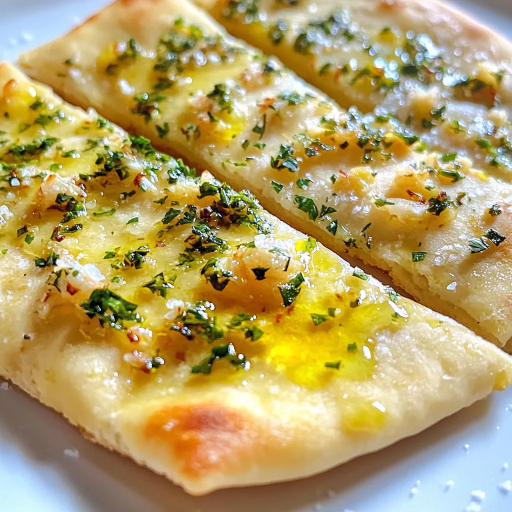 - 2 cups all-purpose flour - 1 teaspoon instant yeast - 1 teaspoon fine sea salt - 4 cloves fresh garlic, finely minced - 1 tablespoon fresh rosemary, finely chopped - 1 tablespoon fresh thyme, finely chopped - 1 tablespoon fresh parsley, finely chopped - 1 tablespoon extra virgin olive oil - Coarse sea salt for finishing When making garlic herb flatbread, the right ingredients make all the difference. I start with all-purpose flour, which gives the flatbread great texture. Instant yeast is key for a quick rise. Fine sea salt enhances all the flavors. For the best taste, I use fresh garlic and a mix of herbs. I love the strong aroma of rosemary and thyme. Parsley adds a light touch. These fresh ingredients create a bold and bright flavor. I also use extra virgin olive oil. It helps to keep the dough moist. A sprinkle of coarse sea salt at the end adds a nice crunch. Each bite of the flatbread bursts with flavor. With these simple yet important ingredients, you will make a tasty flatbread that everyone will love. 1. Start by mixing the dry ingredients. In a large bowl, add 2 cups of all-purpose flour, 1 teaspoon of instant yeast, and 1 teaspoon of fine sea salt. Use a whisk to mix them well. 2. Next, create a well in the center of the dry mix. Pour in 1 tablespoon of extra virgin olive oil and 3/4 cup of warm water. The water should feel warm, about 110°F. Stir with a wooden spoon until it starts to form a rough dough. 1. Now, transfer the dough to a lightly floured surface. Knead the dough for about 5 to 7 minutes. You want it to feel smooth and elastic. 2. Once smooth, shape the dough into a ball. Place it in a lightly oiled bowl and cover it with a clean kitchen towel. Let it rise in a warm spot for about 1 hour. It should double in size. 1. After the dough has risen, preheat your oven to 475°F (245°C). Gently punch down the dough to let out the air. Divide it into 4 equal portions and shape each into a smooth ball. 2. On a floured surface, roll each ball into a rectangle or oval, about 1/4 inch thick. 3. In a small bowl, mix 4 cloves of minced garlic, 1 tablespoon each of chopped rosemary, thyme, and parsley. Spread this herb-garlic blend evenly over each flatbread. Press it gently into the dough. 4. Brush each flatbread with more olive oil. Sprinkle coarse sea salt on top. 5. Place the flatbreads on a baking sheet lined with parchment paper. Bake them for 8 to 10 minutes until golden brown. They should sound hollow when tapped. 6. Remove the flatbreads from the oven. Let them cool for a few minutes before slicing and serving. To get that perfect flatbread texture, kneading is key. Knead the dough for about 5 to 7 minutes. This builds elasticity. You want a smooth and stretchy dough. If it's sticky, just add a bit more flour. The rising environment matters too. Place the dough in a warm spot. A warm kitchen helps it rise faster. Cover it with a towel to keep it cozy. You want it to double in size. Want to kick up the flavor? Try using different herbs. Oregano or basil works well. You can also add spices like chili flakes for heat. Mix and match to find your favorite. Cheeses add a nice touch too. Sprinkle some grated parmesan or feta on top before baking. This gives a rich flavor. You can also add toppings like sliced olives or sun-dried tomatoes. Be creative! How you serve your flatbread can make a big impact. Slice it into wedges for easy sharing. Pair it with dips like hummus or tzatziki. This adds color and flavor to your plate. Garnish with fresh herbs for a pop of green. A sprinkle of coarse sea salt boosts visual appeal too. Arrange your flatbreads on a colorful platter. This makes them look even more inviting. {{image_4}} You can make garlic herb flatbread even better by changing the herbs. For a Mediterranean twist, try using oregano, basil, and a sprinkle of lemon zest. This mix brings a bright flavor to the bread. If you want to explore more, consider these blends: - Italian blend: Mix dried oregano, thyme, and rosemary. - Spicy kick: Add chili flakes with fresh cilantro or basil. - Sweet notes: Combine tarragon with dill for a unique taste. Flatbread is fun because you can shape it in different ways. For appetizers, make mini flatbreads. Roll the dough into small circles. They are perfect for dipping in hummus or topping with cheese. You can also stuff the flatbreads. Spread a thin layer of cheese or cooked veggies before closing them up. This method creates a nice surprise inside. Try using spinach and feta or roasted peppers with mozzarella for tasty options. If you need a gluten-free flatbread, you can swap the all-purpose flour. Use gluten-free flour blends available in stores. Look for blends that contain rice flour and tapioca starch. When baking gluten-free, you might need extra moisture. Add a bit more water or olive oil to the dough. This change helps keep the flatbread soft and chewy. Always check the package instructions for best results. To keep your garlic herb flatbread fresh, wrap it in plastic wrap. This keeps moisture in and prevents it from getting hard. Store it in the fridge. For reheating, the oven is best. Preheat it to 350°F (175°C). Place the flatbread on a baking sheet and heat for about 5 minutes. This warms it up and keeps it crispy. You can also use a toaster if you want a quick fix. For long-term storage, freezing is a great option. First, cool the flatbread completely. Then, wrap each piece tightly in plastic wrap. Place them in a freezer bag, removing as much air as possible. This helps prevent freezer burn. When you want to use a flatbread, take it out and let it thaw in the fridge overnight. If you need it fast, you can also use the microwave. Just unwrap it and heat on low for about 30 seconds. Garlic herb flatbread lasts about 3 to 5 days in the fridge. If you freeze it, it can last up to 3 months. Just remember to check for any signs of spoilage before using. Enjoy your delicious flatbread! To make garlic herb flatbread, follow these key steps: - Mix 2 cups of all-purpose flour, 1 teaspoon of instant yeast, and 1 teaspoon of fine sea salt in a bowl. - Create a well in the flour mix and add 1 tablespoon of extra virgin olive oil and 3/4 cup of warm water. - Stir until a rough dough forms, then knead for 5 to 7 minutes. - Let the dough rise in an oiled bowl for about 1 hour, until it doubles in size. - Preheat your oven to 475°F (245°C) and shape the dough into flatbreads. - Spread minced garlic and fresh herbs over the dough, brush with olive oil, and sprinkle with coarse sea salt. - Bake for 8 to 10 minutes until golden brown. Yes, you can use dried herbs. However, fresh herbs add a brighter taste. Dried herbs often have a stronger flavor. Use about one-third the amount of dried herbs as fresh. This change can affect texture too. Fresh herbs add a lovely color and crunch. Dried herbs can blend into the dough for a more subtle taste. You can serve garlic herb flatbread with many dishes. Here are some great pairings: - Hummus for a creamy dip. - A fresh salad to balance the flavors. - Soups for a warm, comforting meal. - Cheese platters for a nice touch. Cut the flatbread into wedges for easy sharing. To achieve a crispy flatbread, try these techniques: - Roll the dough thinner for more crunch. - Bake at a high temperature for a short time. - Brush with olive oil before baking. - Use a pizza stone or preheated baking sheet to create an even crisp. Let the flatbread cool briefly after baking to maintain its crispiness. This article covered how to make garlic herb flatbread from scratch. We discussed key ingredients, step-by-step instructions, and helpful tips for perfect texture. You learned about variations and storage options, too. Remember, experimenting with herbs can enhance your flatbread's flavor. With these easy methods, you'll impress anyone who tries it. Enjoy your baking journey and share your tasty results with friends and family!