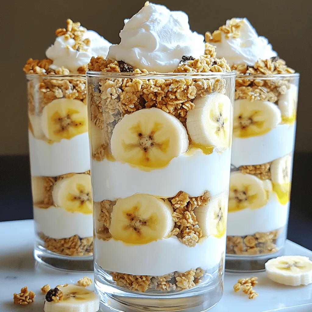 - Ripe bananas: Choose two ripe bananas for a sweet taste and creamy texture. - Greek yogurt: Use one cup of Greek yogurt. You can pick vanilla or plain. - Protein powder: Add one cup of vanilla-flavored protein powder for extra nutrition. These three key ingredients form the base of your parfait. The ripe bananas add natural sweetness. Greek yogurt gives it a creamy texture and protein. The protein powder boosts the protein content, making this dessert healthier. - Honey or maple syrup: One tablespoon adds sweetness. Use this if you like it sweeter. - Flavor extract: Add half a teaspoon of pure vanilla extract for extra flavor. These optional ingredients enhance the taste of your parfait. Honey or maple syrup can make it sweeter without much effort. The vanilla extract adds a lovely aroma that pairs well with bananas. - Whipped coconut cream: Use this for a tasty topping. It adds a nice finish. - Granola: Choose your favorite granola to sprinkle on top for crunch. - Additional banana slices: Use extra banana slices for a fresh touch. Garnishing is key to making your parfait look great. Whipped coconut cream adds a creamy layer on top. Adding more banana slices gives it a fresh look. The granola adds a satisfying crunch that contrasts the creamy layers. First, gather your ingredients. In a medium mixing bowl, combine the Greek yogurt and protein powder. Use a whisk to blend them together well. The goal is a smooth and creamy mix. If it feels too thick, add the almond milk. Start with a little, then add more if needed. You want a nice, spreadable texture. If you like it sweeter, mix in honey or maple syrup. Don’t forget the vanilla extract for extra flavor. Next, prepare your serving glasses or bowls. Begin with a generous spoonful of the creamy yogurt mix as the first layer. Then, add a layer of sliced bananas. Follow this with a layer of granola. Repeat these layers until your glass is full. Make sure the top layer is the creamy yogurt mix. This makes for a lovely finish. To help with even layers, use a spoon to press down gently. Now, it’s time for the fun part—topping the parfaits! Add a dollop of whipped coconut cream on each serving. This makes it look fancy. For a pretty garnish, add more banana slices and a sprinkle of granola on top. If you want, a mint leaf can add a pop of color. Your parfaits now look delicious and inviting! To get the perfect texture for your parfaits, adjust the almond milk. Start with half a cup, then add more if needed. If you want a thicker mix, use less milk. This step helps create that creamy layer we all love. For mixing, I suggest you whisk vigorously. This makes the yogurt and protein powder blend smoothly. A hand mixer can also do the trick if you want a fluffier texture. The way you serve your parfaits makes a big difference. Use clear glassware to show off the beautiful layers. Tall glasses or small jars work well. They add a fun look to your dessert. You can also play with flavors. Pair your parfaits with seasonal fruits like strawberries or blueberries. They add color and taste that makes each bite special. Prepping your ingredients ahead of time is smart. Slice your bananas and mix the yogurt blend early. You can store them in the fridge. This way, you have less to do when it’s time to serve. When you assemble, use a spoon to layer quickly. Start with the yogurt, then add bananas, and top with granola. This process is fast and fun. You’ll have your parfaits ready in no time. {{image_4}} You can make fun flavor twists with this parfait. Try adding cocoa powder for a chocolate banana parfait. Just mix in a tablespoon of cocoa with the yogurt. This gives a rich, chocolatey taste that pairs well with bananas. Another tasty option is to use mixed berries. Swap out bananas for fresh strawberries, blueberries, or raspberries. This adds a burst of color and tartness to your dessert. You can layer the berries with the yogurt for a refreshing change. If you want a vegan version, use plant-based yogurt. There are many tasty brands available today. Just replace Greek yogurt with your choice. You can still enjoy the creamy texture while keeping it dairy-free. For those needing gluten-free options, choose gluten-free granola. Many brands offer delicious, crunchy varieties. This way, everyone can enjoy the parfait without worry. Make your parfaits special for the holidays. Add spices like cinnamon or nutmeg for a festive touch. This warms up the flavors and makes them perfect for winter gatherings. In summer, switch to lighter fruits. Peaches or strawberries can make your parfaits bright and fresh. Their juicy sweetness pairs well with the creaminess. Enjoy these variations throughout the year for a tasty treat. To keep your Protein Banana Cream Pie Parfaits fresh, store them in the fridge. Use airtight containers to prevent drying out. If you plan to eat them within a few days, just cover the parfaits with plastic wrap or a lid. This keeps the flavors strong and the layers intact. If you want to save the yogurt mixture for later, freezing is a great option. Place the blended yogurt in freezer-safe containers. Remember to leave some space at the top for expansion. You can also freeze the banana slices separately. This way, you can assemble fresh parfaits whenever you want. In the fridge, parfaits last about three days while keeping their taste and texture. If you notice any off smells or discoloration, it’s best to toss them. Freshness is key for a great experience, so always check for spoilage signs. Yes, you can. If you want to switch from Greek yogurt, try regular yogurt, coconut yogurt, or soy yogurt. Each will change the flavor and texture. Regular yogurt is smoother but has less protein. Coconut yogurt adds a hint of coconut flavor, making it creamy. Soy yogurt is a great plant-based option. Choose what you like best! Absolutely! To make this parfait lighter, use low-fat yogurt instead of Greek yogurt. You can also skip the honey or maple syrup. For granola, choose a low-calorie or sugar-free option. You can even reduce the amount of granola in each layer. These swaps keep the taste while lowering calories. To make this parfait fun for kids, let them help with layering. Kids love to build their food! Use bright, colorful fruits like strawberries or blueberries. You can also add chocolate chips or sprinkles for a sweet touch. Serve them in fun cups or jars. This way, kids enjoy making and eating their own treat! This blog post covered how to create delicious and healthy parfaits. You learned about key ingredients like ripe bananas, Greek yogurt, and protein powder. I shared tips on achieving the best texture and presented variations for special diets. Remember, you can customize flavors and garnish for uniqueness. Enjoying these parfaits can be a fun way to nourish your body. I hope you feel inspired to try making your own!