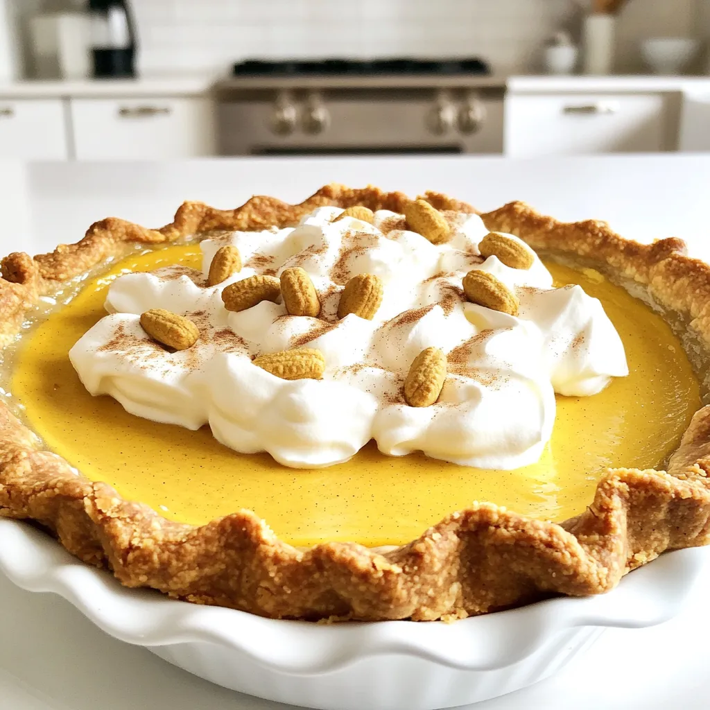 - 1 ½ cups pumpkin puree - 1 cup heavy cream - ¾ cup packed brown sugar - ½ cup granulated sugar - 3 large eggs - 1 teaspoon pure vanilla extract - 1 teaspoon ground cinnamon - ½ teaspoon ground nutmeg - ½ teaspoon ground ginger - ¼ teaspoon ground cloves - 1 pre-made pie crust (or homemade, if preferred) - 1 cup whipped cream for topping - Optional: crushed ginger snap cookies for garnish First, you need pumpkin puree. This gives the pie its rich flavor and color. Heavy cream makes the pie smooth and creamy. Brown sugar adds a deep sweetness, while granulated sugar balances it out. Eggs help set the pie, making it firm. Vanilla extract adds a nice aroma. The spices bring warmth: cinnamon, nutmeg, ginger, and cloves add a cozy, festive touch. You can use a pre-made pie crust for ease or make your own. Whipped cream tops it off, making each bite light and fluffy. Crushed ginger snap cookies can add a fun crunch. If you can’t find pumpkin puree, you can use fresh pumpkin. Just cook and mash it. For a lighter option, use half-and-half instead of heavy cream. If you want less sugar, cut the amounts in half. You can swap eggs with flaxseed meal mixed with water for a vegan option. If you don’t have vanilla extract, try almond extract for a twist. You can also use different spices, like allspice or cardamom, if you want a new flavor. First, set your oven to 350°F (175°C). This step warms the oven for baking. If you use a pre-made pie crust, fit it into a 9-inch pie pan. If you want to make your crust, prepare your dough. Shape it into the pan and blind bake it for about 10 minutes. It should be lightly golden. Let your crust cool for a bit before adding the filling. In a large mixing bowl, combine 1 ½ cups of pumpkin puree and 1 cup of heavy cream. Whisk the two together until smooth. Next, add ¾ cup of brown sugar and ½ cup of granulated sugar. Keep whisking until well mixed. Now, add 3 large eggs one at a time. Mix well after each egg. Then, stir in 1 teaspoon of pure vanilla extract for extra flavor. Now it's time to spice things up! Sprinkle in 1 teaspoon of ground cinnamon, ½ teaspoon of ground nutmeg, ½ teaspoon of ground ginger, and ¼ teaspoon of ground cloves. Use a whisk or spatula to ensure that all spices blend well into the pumpkin mixture. Carefully pour the spiced pumpkin filling into your prepared pie crust. Use a spatula to smooth out the top. Place the pie in your preheated oven. Bake for about 45 to 50 minutes. Your pie is ready when it is set. A knife inserted in the center should come out clean. After baking, remove the pie from the oven. Let it cool to room temperature. Once cooled, refrigerate the pie for at least 3 hours. This helps it set perfectly. When ready to serve, top with whipped cream and crushed ginger snap cookies for a fun twist. Enjoy! To make your pumpkin cream pie shine, follow these tips: - Use fresh pumpkin puree for a rich flavor. - Whisk the filling well to ensure a smooth texture. - Let the pie cool before refrigerating. This helps it set better. - Use a pie crust that fits well in your pan. This avoids spills. - Bake until the center is firm, not jiggly. Here are some common mistakes to watch out for: - Skipping the cooling step can lead to a runny pie. - Overbaking will dry out the filling. Keep an eye on the time. - Not mixing the spices well can leave clumps. Stir thoroughly. - Using cold ingredients can affect texture. Bring eggs and cream to room temp. Make your pie look and taste great with these ideas: - Top with fresh whipped cream for a light finish. - Sprinkle crushed ginger snap cookies for crunch. - Serve with a side of vanilla ice cream for a treat. - Use a pie server to cut clean slices. This keeps the shape intact. - Garnish with a sprinkle of cinnamon for a pretty touch. {{image_4}} You can change the taste of your pumpkin cream pie by using different spices. Instead of cinnamon, try cardamom for a unique twist. You can also mix in a bit of cocoa powder for a rich chocolate flavor. For a warm touch, add a dash of allspice or even some fresh grated orange zest. These small changes can make your pie stand out. Choosing the right crust is key. A homemade crust gives you complete control over the flavor and texture. It can be flaky and buttery, enhancing the pie's overall taste. If you're short on time, a store-bought crust is a great option too. Many are tasty and save you effort. Just remember to follow the package instructions for the best results. If you want a dairy-free or vegan version, make some easy swaps. Use coconut cream instead of heavy cream for a rich flavor. You can also replace eggs with flaxseed meal. Just mix one tablespoon of flaxseed with three tablespoons of water, and let it sit for a few minutes. This will create a gel-like texture that's perfect for baking. With these swaps, everyone can enjoy this delightful pie! To keep your pumpkin cream pie fresh, place it in the fridge. Use a pie cover or plastic wrap to seal it. This keeps the pie moist and flavorful. Always store it within two hours of serving. If you leave it out, bacteria can grow. You can freeze pumpkin cream pie for later. First, let the pie cool completely. Then, wrap it tightly in plastic wrap. After that, place it in a freezer bag or container. This prevents freezer burn. When you want to enjoy it, thaw in the fridge overnight. In the fridge, your pumpkin cream pie lasts about 3 to 4 days. If you freeze it, it can last up to 2 months. Just make sure to check for signs of spoilage before you eat it. If it looks or smells off, it's better to discard it. Yes, you can use fresh pumpkin. Start by cooking the pumpkin until soft. Cut it in half, remove the seeds, and bake at 350°F (175°C) for about 45 minutes. Once cooked, scoop out the flesh and blend it until smooth. This gives you fresh puree. Just make sure to measure 1 ½ cups for the recipe. Fresh pumpkin adds a nice flavor and texture. The pie is done when it is set and firm. To check, insert a knife into the center. If it comes out clean, your pie is ready. It will jiggle slightly but should not be runny. Bake for 45-50 minutes for the best results. Keep an eye on it to prevent overbaking. Whipped cream is the classic topping. It adds a light, airy texture. You can also use crushed ginger snap cookies for crunch. This adds flavor and looks great too. Other ideas include caramel sauce or chocolate drizzle for a sweet touch. You can even sprinkle some cinnamon on top for extra flavor. In this blog post, we covered how to make a great pumpkin cream pie. We discussed the key ingredients, step-by-step instructions, and tips for perfection. Remember to avoid common mistakes and explore fun variations. Proper storage keeps your pie fresh longer. You can also find answers to FAQs for any last-minute worries. Now that you have the knowledge, it’s time to bake a delicious pie and impress everyone! Enjoy your tasty creation!
