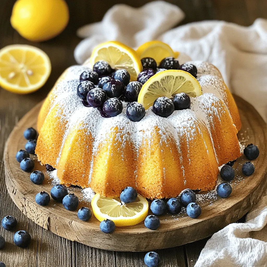 To make a delicious Lemon Blueberry Pound Cake, gather these simple ingredients: - 1 cup unsalted butter - 2 cups granulated sugar - 4 large eggs - 1 teaspoon pure vanilla extract - 1 tablespoon freshly grated lemon zest - 3 cups all-purpose flour - 1 tablespoon baking powder - ½ teaspoon fine salt - 1 cup buttermilk - 1 ½ cups fresh blueberries - Powdered sugar (for dusting) - Fresh lemon slices (for garnish) Each ingredient plays a key role in making this cake moist and flavorful. The unsalted butter adds richness, while the sugar sweetens the batter. Eggs help bind everything together, creating a soft texture. Vanilla and lemon zest add a lovely aroma and brightness. I love using buttermilk for its tangy flavor. It keeps the cake moist and tender. Lightly coating the blueberries in flour prevents them from sinking in the batter. This helps distribute those juicy bursts of fruit throughout each slice. Don’t forget the powdered sugar! A dusting on top makes the cake look extra special. Fresh lemon slices can also make your cake pop with color. These ingredients come together to create a treat you’ll want to share with everyone. - Preheat your oven to 350°F (175°C). - Prepare a 9x5 inch loaf pan by greasing it with butter. Dust it with flour or line it with parchment paper. This helps the cake come out easily. - In a large bowl, cream 1 cup of softened unsalted butter with 2 cups of granulated sugar. Use an electric mixer and beat until fluffy, around 5 minutes. - Add 4 large eggs one by one, mixing well after each. Stir in 1 teaspoon of pure vanilla extract and 1 tablespoon of freshly grated lemon zest until blended. - In a medium bowl, whisk together 3 cups of all-purpose flour, 1 tablespoon of baking powder, and ½ teaspoon of fine salt until mixed. - Gradually add the dry mix to the butter mixture. Start with one-third of the flour, mix until just combined, then add half of 1 cup of buttermilk. Repeat this step until all dry and wet ingredients combine. Be careful not to overmix. - Lightly coat 1 ½ cups of fresh blueberries with flour. This helps them stay afloat in the batter. - Gently fold the blueberries into the batter, making sure they spread evenly without crushing them. - Pour the batter into the prepared loaf pan. Smooth the top with a spatula for even baking. - Place the pan in the oven and bake for 55-65 minutes. Test doneness with a toothpick; it should come out clean or with a few moist crumbs. - After baking, let the cake cool in the pan for 10 minutes. Then, transfer it to a wire rack to cool completely. - Once cooled, dust the top with powdered sugar if you like. For a bright touch, add fresh lemon slices on top or around the cake. To get a soft, fluffy pound cake, avoid overmixing the batter. Overmixing can make the cake dense. Mix just until ingredients blend. This keeps air in the batter, which is key for lightness. Using room temperature ingredients is also important. When butter, eggs, and buttermilk are warm, they blend better. This helps create a smooth batter and a tender cake. Want to boost the lemony taste? Add more lemon zest or juice. This gives the cake a bright and fresh flavor. You can use up to two tablespoons of zest for a stronger kick. High-quality vanilla extract makes a big difference, too. Choose pure vanilla over imitation for a richer taste. This little swap can elevate your cake's flavor profile. For serving, slice the cake and place it on a fancy platter. A light dusting of powdered sugar adds a sweet touch. Scatter fresh blueberries around the cake for color and a pop of flavor. To make your dish even prettier, add fresh lemon slices on top. This not only looks great but adds extra zest for those who crave more lemon. These simple garnishes make your pound cake shine! {{image_4}} You can switch up the fruit in this cake. Raspberries or strawberries work well instead of blueberries. Both fruits add a nice twist. You can also mix different fruits. Try adding 1 cup of raspberries and ½ cup of blueberries. This mix gives great taste and color. Want a healthier cake? Use whole wheat flour instead of all-purpose flour. Whole wheat adds fiber and makes the cake more filling. You can also swap Greek yogurt for buttermilk. Greek yogurt keeps the cake moist and adds protein. If you want a vegan cake, you can easily make changes. Use flaxseed meal or applesauce as egg replacements. Mix 1 tablespoon of flaxseed with 2.5 tablespoons of water to replace one egg. For a dairy-free option, use almond milk or coconut milk. These swaps keep the flavor while making the cake vegan-friendly. You can store your lemon blueberry pound cake at room temperature. Wrap it tightly in plastic wrap. This helps keep it moist and fresh. You can also place it in an airtight container. If your kitchen is hot or humid, consider refrigeration. Just keep in mind that this may change the cake's texture. To freeze your pound cake, first let it cool completely. Wrap it in plastic wrap and then foil. This will protect it from freezer burn. For best results, slice the cake before freezing. This allows you to thaw only what you need. To thaw, place the cake in the fridge overnight. You can also leave it at room temperature for a few hours. Your pound cake will stay fresh for about 4 to 5 days at room temperature. If stored in the fridge, it can last up to a week. Check for signs of spoilage, like a dry texture or mold. If the cake smells off or looks different, it’s best to toss it. If you lack buttermilk, don’t worry! You can make an easy substitute. Mix 1 cup of milk with 1 tablespoon of lemon juice or white vinegar. Let it sit for about 5 minutes. This creates a tangy flavor similar to buttermilk. You can also use plain yogurt, thinned with a bit of water, as another option. Yes, you can make this pound cake gluten-free. Use a gluten-free flour blend. Look for blends that contain xanthan gum; this helps bind the ingredients. Almond flour can also work, but mix it with coconut flour for better texture. Always check the package for measurements. To test if your pound cake is ready, insert a toothpick into the center. If it comes out clean or with a few moist crumbs, it’s done. Watch for cracks on the top and a golden color. Avoid overbaking, as this can make your cake dry. Yes, icing can add a sweet touch. A simple lemon glaze works well! Mix powdered sugar with lemon juice until smooth. Drizzle it over the cooled cake. You can also try cream cheese icing for a richer flavor. Just spread it on top for a lovely finish. In this blog post, I shared the key ingredients and steps to make a delicious pound cake. We covered tips for perfect texture, flavor enhancements, and presentation ideas. You can even try different fruits or healthier options to fit your needs. Remember, proper storage keeps the cake fresh, and the FAQs will help if you have questions. Enjoy baking, and let your creativity shine with this easy-to-follow recipe!