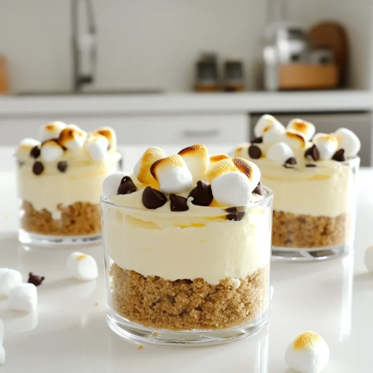 Key ingredients for the crust - 1 cup graham cracker crumbs - 4 tablespoons unsalted butter, melted - 2 tablespoons granulated sugar The crust is the base of your cheesecake cups. Use graham cracker crumbs for that classic S’mores taste. The melted butter binds the crumbs together. Sugar adds a hint of sweetness. Components for the cheesecake filling - 16 oz cream cheese, softened to room temperature - ½ cup powdered sugar - 1 teaspoon vanilla extract - 1 cup heavy whipping cream The cream cheese gives a rich texture. Powdered sugar sweetens the filling, while vanilla adds flavor. Heavy whipping cream makes the filling light and fluffy. Toppings and garnish options - 1 cup mini marshmallows - ½ cup chocolate chips - Additional mini marshmallows and chocolate shavings for final topping Mini marshmallows and chocolate chips create the classic S’mores experience. Toasted mini marshmallows on top add a nice touch. Chocolate shavings make it look fancy and appealing. 1. In a bowl, combine graham cracker crumbs, melted butter, and sugar. Mix until it looks like wet sand. This step is key for a tasty crust. 2. Divide the crumb mix into 6 cups or jars. Press it down firmly with a spoon. This helps form a solid base for your cheesecake. 3. Chill the crust in the fridge for 15 minutes. This makes it firm and ready for the filling. 1. In a large bowl, beat softened cream cheese using an electric mixer. Mix until smooth; there should be no lumps. 2. Gradually add powdered sugar and vanilla extract. Keep mixing until it is creamy and well combined. 3. In a separate bowl, pour in heavy cream. Whip it until stiff peaks form, which should take about 2 to 3 minutes. Don’t over-whip; it can get grainy. 4. Gently fold the whipped cream into the cream cheese mix. Use a spatula for this. Keep it light and airy. 5. Carefully mix in mini marshmallows and chocolate chips. Fold them in just enough to spread them evenly. 1. Once the crust is chilled, spoon the cheesecake mix into each cup. 2. Use a spatula to smooth the tops. A nice finish helps with presentation. 3. Return the cups to the fridge for at least 2 hours to set. This allows the flavors to meld and the texture to firm up. To get the best cheesecake texture, start with room temperature cream cheese. Cold cream cheese will be lumpy and hard to mix. Let it sit on the counter for about 30 minutes. This way, you will have a creamy base. Next, be careful not to over-whip the cream. When you whip heavy cream, aim for stiff peaks. This should take about 2 to 3 minutes. If you whip too long, the cream can turn grainy and lose its lightness. For a stunning presentation, consider garnishing your cheesecake cups. Top each cup with toasted marshmallows and chocolate shavings. This adds a nice touch and makes the dessert even more appealing. You can serve the cheesecake cups on a decorative tray. Add graham crackers on the side for a complete S’mores experience at your gatherings. It creates a fun and interactive dessert for guests. If your whipped cream turns grainy, you can fix it. Gently fold in a bit more fresh cream to smooth it out. Remember to fold carefully to keep the airiness. If your crust crumbles instead of holding together, try adding a bit more melted butter. This helps the crumbs stick together better. Press the mixture firmly into the cups to create a solid base. {{image_4}} You can change up the flavor of your No-Bake S’mores Cheesecake Cups easily. Try adding different extracts. For example, almond extract adds a nice twist. You can also mix in some peanut butter for a rich taste. If you want something fresh, add fruit. Sliced strawberries or bananas can make it fruity and fun. Making this dessert gluten-free is simple. Just use gluten-free graham crackers for the crust. You can also swap regular cream cheese for a dairy-free option. Look for brands that are soy or nut-based. For the whipped cream, use coconut cream as a tasty dairy-free substitute. This lets everyone enjoy the treat. You can change the flavors for different seasons. In fall, add pumpkin spice to the cheesecake mix. For winter, consider crushed peppermint. You can also top the cups with festive candies during the holidays. This adds a fun touch for gatherings and celebrations. To keep your No-Bake S’mores Cheesecake Cups fresh, use airtight containers. This helps keep the flavors locked in. You can use plastic or glass containers. Just make sure they seal well. Store them in the fridge for up to five days. To maintain texture, avoid layering toppings too early. Keep extra marshmallows and chocolate shavings separate. Add them just before serving. This keeps your dessert looking and tasting great. You can freeze the cheesecake cups for longer storage. To do this, cover each cup with plastic wrap. Then, place them in a freezer-safe container. They will stay fresh for up to three months. When you're ready to eat them, move the cups to the fridge. Allow them to thaw overnight. This method keeps the texture smooth and creamy. Avoid microwaving, as it can change the texture. Enjoy your tasty treat anytime! These cheesecake cups stay fresh for about 3 to 5 days in the fridge. Store them in airtight containers to keep them from drying out. The flavors actually get better over time! Just remember to check for any changes in texture or smell before enjoying. Yes, you can! Regular marshmallows will work, but the texture will change. They might be harder to mix into the filling. If you use them, chop them into smaller pieces. This way, they blend in better with the cheesecake mixture. If you lack a kitchen torch, don’t worry! You can use your oven's broiler. Just place the mini marshmallows on top of the cups and broil them for a few seconds. Keep a close eye; they can burn quickly! Another option is to toast them in a skillet over low heat. You’ve learned how to make delicious No-Bake S’mores Cheesecake Cups. We covered ingredients, from the graham cracker crust to toppings. You also found tips for perfecting texture and presentation. Plus, you explored fun variations and storage options. Now, enjoy your creamy, tasty treats. Share these cups with friends, family, or at gatherings. With endless adaptations, you'll never run out of ideas. Get creative and make these cheesecake cups your own!