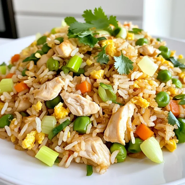 - 2 cups cooked jasmine rice (day-old works best) - 1 cup chicken breast, diced - 1 cup mixed vegetables (carrots, peas, corn) - 3 green onions, sliced - 2 large eggs, beaten - 3 tablespoons soy sauce (to taste) - 1 tablespoon sesame oil - 1 tablespoon olive oil - 2 cloves garlic, minced - Salt and black pepper (to taste) - Fresh cilantro (optional) - Bell peppers for crunch - Cooked shrimp for added protein - Fresh ginger for a zingy taste - Chili flakes for heat - Peanuts for a nutty texture - Pineapple for sweetness - Jasmine rice: Royal or Thai Jasmine - Soy sauce: Kikkoman or La Choy - Sesame oil: Kadoya or Spectrum - Olive oil: Colavita or Pompeian - Fresh vegetables: Local farmers' markets or organic brands To get great fried rice, start with jasmine rice. If you can, use day-old rice. This rice has less moisture. It fries better and gets that nice chewy texture. If you need to cook fresh rice, follow the package directions. Once cooked, spread it on a tray to cool. This helps it dry out a bit. Heat a large non-stick skillet or wok. Add a tablespoon of olive oil. When the oil is hot, add diced chicken. Use about one cup for this recipe. Season it well with salt and pepper. Cook for 5-7 minutes until golden brown. Make sure the chicken is cooked through. Once done, transfer it to a plate and set aside. In the same skillet, pour in two beaten eggs. Let them sit for one minute without stirring. This helps them cook evenly. After that, gently stir the eggs. Cook for another minute until they are just set. Once they are ready, transfer the scrambled eggs to the plate with chicken. Check the oil in the skillet. If it looks low, add a touch more olive oil. Toss in two cloves of minced garlic. Sauté for about 30 seconds. Be careful not to burn the garlic. Next, add one cup of mixed vegetables. Cook them for 3-4 minutes. They should be tender and still bright. Now it's time to mix everything. Return the chicken and scrambled eggs to the skillet. Add the prepared rice, breaking up any clumps. Drizzle three tablespoons of soy sauce and one tablespoon of sesame oil over the mix. Stir-fry everything for 3-5 minutes. This will heat the rice and mix all the flavors well. Finally, fold in sliced green onions. Taste it and add more soy sauce if you like. Cook for one more minute to blend the flavors. Serve hot, and add cilantro for garnish if you want. To make your chicken fried rice special, start with day-old rice. Fresh rice is too moist. It clumps together and doesn’t fry well. Use jasmine rice for a subtle aroma. You can also mix in some oyster sauce for a deeper flavor. Adding sesame oil gives a nice nutty taste. Don’t skip the garlic; it adds an amazing aroma. Fresh cilantro on top will lift your dish, too. One big mistake is overcrowding the pan. Cook in batches if needed. This helps the rice fry instead of steam. Another mistake is not seasoning enough. Taste your dish as you go. Too much soy sauce can make it salty, so add it gradually. Also, avoid overcooking the vegetables. They should stay colorful and crisp. If you want your fried rice less salty, use low-sodium soy sauce. You can also add a squeeze of fresh lime juice for brightness. To change the texture, try adding extra veggies like bell peppers or snap peas. For a spicy kick, mix in some chili sauce or red pepper flakes. Adjust the soy sauce and sesame oil to find your perfect balance. {{image_4}} You can make a tasty vegetarian or vegan version of chicken fried rice. Simply swap out the chicken for tofu or tempeh. Use a firm type to hold its shape. For flavor, marinate the tofu in some soy sauce before adding it to the pan. Replace the eggs with chickpea flour mixed with water. This will give you a similar texture. Add more vegetables, like bell peppers or broccoli, to keep it colorful and healthy. If you need a gluten-free fried rice, use tamari instead of soy sauce. Tamari has a similar taste but is made without wheat. You can also use cauliflower rice for a low-carb option. Just pulse cauliflower florets in a food processor until they look like rice. Sauté it the same way you would regular rice. This option is light and still very flavorful. Want to spice things up? Add some diced pineapple for a sweet twist. It pairs well with the soy sauce and gives a fresh taste. If you like heat, drizzle some sriracha or chili paste into the mix. You can also toss in some nuts, like cashews or peanuts, for crunch. These changes can make your chicken fried rice unique and fun! Store your chicken fried rice in an airtight container. Allow it to cool first to keep moisture out. Place a piece of parchment paper between layers if you stack it. This helps maintain texture. You can keep it in the fridge for up to four days. Always label the container with the date. This way, you know when to use it. To reheat, use a skillet or a wok. Heat it on medium. Add a splash of water or broth to help steam it. Stir it often to warm evenly. If using a microwave, put it in a microwave-safe bowl. Cover it with a damp paper towel. Heat in short bursts, stirring in between, until hot. Enjoy it as if it were fresh. You can freeze chicken fried rice for up to three months. Spread it out on a baking sheet first. Freeze until solid, then transfer to a freezer bag. Squeeze out as much air as you can. When ready to eat, thaw it in the fridge overnight. Reheat it directly from frozen, adding a little water to help steam it. Yes, you can use other types of rice. Long-grain rice and basmati rice work well too. Brown rice is a healthy option, but it may take longer to cook. Jasmine rice gives a nice aroma and texture. Always use cooked rice, preferably day-old. It helps to keep the grains separate. The best way to reheat fried rice is in a pan. Heat a little oil on medium heat. Add the fried rice and stir it often. This helps to warm it evenly. You can also use a microwave. Just add a splash of water and cover it. Heat it for 1-2 minutes, stirring halfway. To make fried rice less salty, reduce the soy sauce. Start with one tablespoon instead of three. You can also add more rice or vegetables to balance the saltiness. If it's still salty, add a squeeze of lime juice. This can help cut through the salt. Yes, you can make chicken fried rice ahead of time. Cook it and let it cool. Then, store it in an airtight container in the fridge. It will stay fresh for up to three days. Just reheat it before serving. The flavors will develop even more overnight! Many vegetables work well in fried rice. Carrots, peas, and corn add color and sweetness. Bell peppers and broccoli give crunch. You can also use snap peas or mushrooms for extra flavor. Feel free to mix and match based on what you have. In this post, you learned how to make tasty chicken fried rice. We covered key ingredients and options to boost flavor. You got step-by-step guides for preparing rice, cooking chicken, and adding eggs and veggies. Plus, I shared tips to avoid mistakes and how to make this dish your own. I encourage you to try different flavors and ingredients. Enjoy your cooking adventure with fried rice!