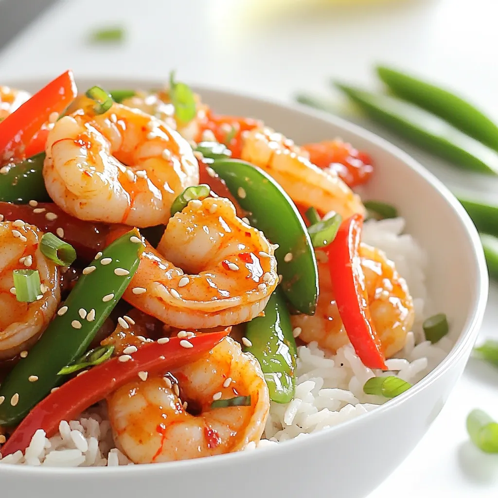 - 1 pound large shrimp, peeled and deveined - 4 cloves garlic, minced - 2 tablespoons fresh ginger, minced - 1 red bell pepper, sliced into thin strips - 1 cup snap peas, trimmed - 2 tablespoons soy sauce, divided - 2 tablespoons chili garlic sauce - 1 tablespoon sesame oil - 1 tablespoon vegetable oil - 2 green onions, sliced thinly (for garnish) - Sesame seeds (for garnish) - Cooked jasmine rice (for serving) Gather these ingredients to prepare a delicious garlic chili shrimp stir fry. The shrimp are the star of the dish, while garlic and ginger add depth. The red bell pepper and snap peas bring color and crunch. Don’t forget the sauces; they enhance the flavor with a spicy kick. The sesame oil adds a nutty finish, while the garnishes make your dish look stunning. Serve it all over jasmine rice for a complete meal. Start by placing the shrimp in a medium bowl. Add 1 tablespoon of soy sauce and half of the minced garlic. Mix gently to coat the shrimp well. Let this sit for about 10 minutes. This step adds flavor and helps the shrimp taste great. Heat a large skillet or wok over medium-high heat. Add the vegetable oil once the pan is hot. You will know it's ready when the oil shimmers. Add the remaining minced garlic and ginger to the pan. Stir quickly for about 30 seconds. Be careful not to burn the garlic. Now, add the marinated shrimp to the hot skillet. Cook for 2 to 3 minutes. Stir the shrimp often until they turn pink and are almost done. Next, add the sliced red bell pepper and snap peas. Stir-fry for another 2 to 3 minutes. The veggies should be bright and tender-crisp. Pour in the chili garlic sauce and the last tablespoon of soy sauce. Mix everything well. Cook for an extra minute to blend the flavors. Finally, drizzle sesame oil over the stir fry and toss gently. Remove the skillet from heat. Serve over jasmine rice with green onions and sesame seeds on top for a beautiful dish. To get a great stir-fry, heat is key. Use a large skillet or wok. Make sure your oil is hot before adding garlic and ginger. This helps to release their flavors fast. Keep your ingredients chopped and ready. This way, you can move quickly as you cook. Marinating shrimp for too long can change their texture. Ten minutes is enough time. This allows the shrimp to soak up flavors without becoming mushy. Mix shrimp with soy sauce and garlic before cooking. This simple step makes a big taste difference. Cook shrimp until they just turn pink. They should be tender, not rubbery. When you add veggies, keep them crisp. Stir-fry for just a few minutes so they stay bright and fresh. The balance of textures makes this dish fun to eat. {{image_4}} You can make this dish even better with more veggies. Try adding broccoli or carrots for color and crunch. Snow peas or zucchini also work well. Just chop them small so they cook fast. If shrimp isn't your favorite, switch it up! Chicken or tofu are great choices. For chicken, cut it into small pieces and cook until brown. Tofu should be firm and browned for the best taste. Want it spicier? Add more chili garlic sauce. You can also toss in fresh chopped chili peppers. For less heat, reduce the chili sauce. A touch of honey can add sweetness, balancing the heat nicely. You can keep leftover Garlic Chili Shrimp Stir Fry in the fridge. Store it in an airtight container. It stays fresh for up to three days. Make sure to cool it down before sealing. This helps keep the shrimp tender and the veggies crisp. If you want to freeze the stir fry, use a freezer-safe bag. Remove as much air as you can before sealing. It will last for about one month in the freezer. When ready to eat, let it thaw overnight in the fridge. To reheat, use a skillet for best results. Heat it over medium heat and add a splash of water or oil. This keeps the shrimp juicy and the veggies vibrant. Stir occasionally until warmed through. You can also use a microwave, but be careful not to overcook the shrimp. Yes, you can use frozen shrimp. Just make sure to thaw them first. Place them in cold water for about 15-20 minutes. Pat them dry before marinating. This helps the shrimp soak in the flavors better. To make it less spicy, reduce the chili garlic sauce. Start with one tablespoon instead of two. You can also add a bit of sugar to balance the heat. This gives a nice sweet flavor without the spice. I love serving this dish with jasmine rice. The rice soaks up the sauce well. You can also pair it with a fresh salad or steamed veggies. If you want a crunch, add some crispy spring rolls on the side. Yes, you can prep it ahead of time. Marinate the shrimp and chop the veggies earlier in the day. Keep them in the fridge until you’re ready to cook. This way, you save time and enjoy a quick meal! This article covered all you need to know for a great Garlic Chili Shrimp Stir Fry. We explored the main and additional ingredients, cooking oils, and garnishes. Then, I shared step-by-step instructions for marinating and cooking the shrimp. I offered tips for perfecting your stir-fry and suggested variations for personal flair. You also learned about storage and reheating tips. With these insights, you can create a delicious meal that suits your taste and needs. Enjoy exploring and sharing this dish with friends and family!