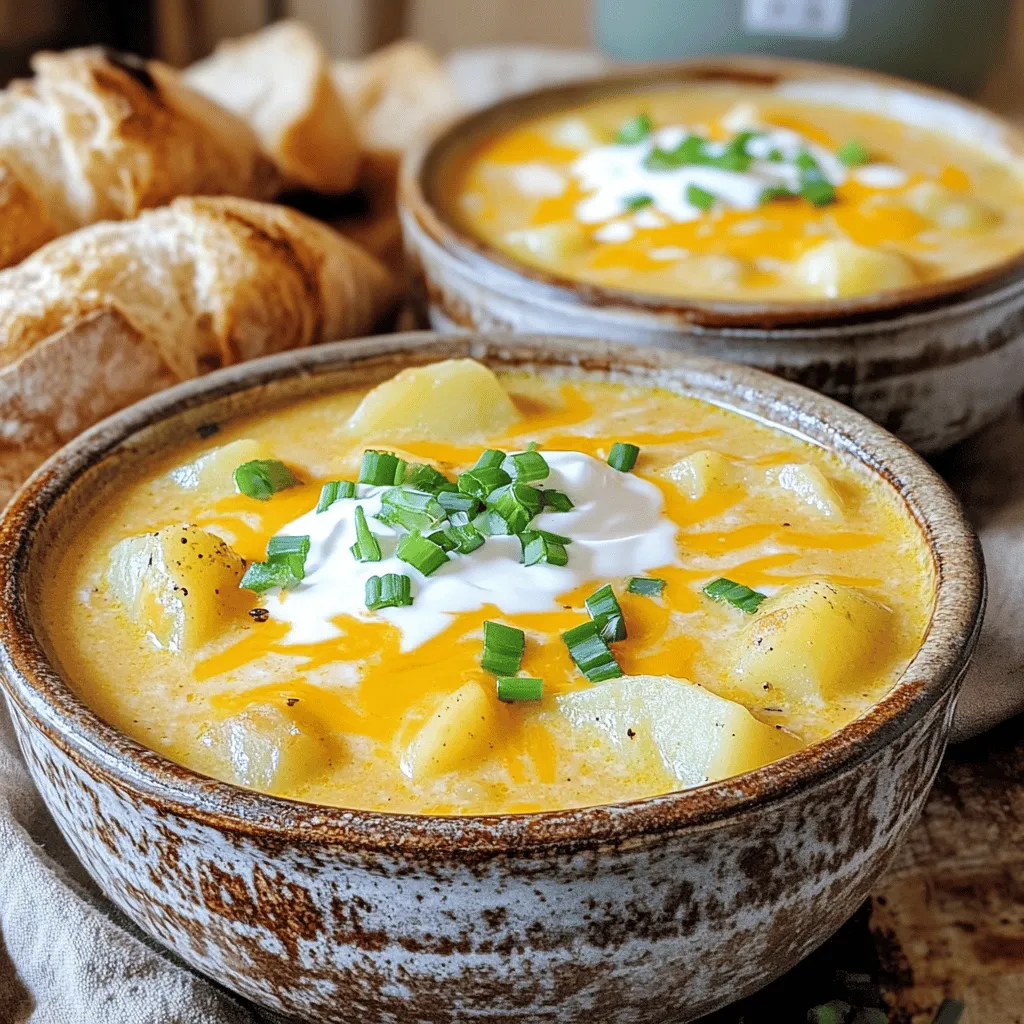 - 4 large russet potatoes, peeled and diced into cubes - 1 medium onion, finely diced - 2 cloves garlic, minced - 4 cups vegetable broth - 1 cup heavy cream - 1 cup coconut cream - 1 teaspoon dried thyme - 1 teaspoon smoked paprika - 1 cup shredded cheddar cheese - 1/2 cup cooked bacon bits (or crispy tempeh for a veggie twist) - 1/4 cup green onions, chopped for garnish This soup starts with russet potatoes, which give it a nice, creamy base. The onion and garlic add great flavor, making each bite tasty. I choose vegetable broth for a rich taste. You can use homemade broth or store-bought. For creaminess, I like using heavy cream. If you want a dairy-free soup, coconut cream works well too. It's rich and adds a touch of sweetness. Seasoning is key! Dried thyme and smoked paprika give depth. They make the soup warm and cozy. When it comes to toppings, cheddar cheese is a must for that gooey finish. Bacon bits add a crunchy texture, but crispy tempeh is a great choice for vegetarians. Finally, sprinkle green onions on top for a fresh bite. These ingredients come together to create a comforting dish. You will love how they blend to make a warm hug in a bowl! To start, gather your ingredients. You need four large russet potatoes. Peel and dice them into bite-sized cubes. Next, finely dice one medium onion. Mince two cloves of garlic. Now, measure out four cups of vegetable broth. You can use homemade broth or store-bought. For the seasonings, get one teaspoon each of dried thyme and smoked paprika. Don't forget the salt and black pepper to taste! Set up your slow cooker. Add the diced potatoes, onions, and garlic into it. Pour in the vegetable broth and add the thyme, smoked paprika, salt, and pepper. Stir everything well to mix. Cover the slow cooker. Cook on low for 6 to 8 hours. If you're short on time, you can cook on high for about 4 hours. The potatoes should be tender and fork-tender. When the cooking time is up, take a potato masher. Mash the potatoes right in the slow cooker. Aim for a creamy texture but keep some chunks for depth. Next, stir in one cup of heavy cream or coconut cream for a dairy-free option. Then add one cup of shredded cheddar cheese. Mix until the cheese melts and blends into the soup. Finally, if you want, fold in half a cup of cooked bacon bits or crispy tempeh. Save some for garnishing. Your soup is ready to serve! To boost the taste of your soup, try adding more spices. A pinch of garlic powder or onion powder can make a big difference. If you enjoy a bit of heat, add some cayenne pepper. For cream alternatives, I love coconut cream. It adds a sweet flavor and keeps the soup dairy-free. When mashing the potatoes, use a potato masher. This helps break them down without turning them into paste. You can leave some chunks for a hearty feel. If you want more chunkiness, try adding diced potatoes after cooking. This gives a nice bite in every spoonful. Toppings can bring your soup to life. I recommend shredded cheese, crispy bacon bits, and a dollop of sour cream. Green onions add a fresh crunch. For the perfect pairing, serve your soup with warm, crusty bread. It’s great for dipping and makes the meal feel complete. {{image_4}} To create a vegetarian version of this soup, swap the vegetable broth for a rich vegetable stock. Use coconut cream instead of heavy cream for a dairy-free option. For a protein boost, add in some beans or lentils. This keeps the soup hearty and filling. For gluten-free adjustments, simply ensure your vegetable broth is certified gluten-free. You can also use gluten-free bacon bits or tempeh for added flavor without the gluten. Adding vegetables boosts both taste and nutrition. Try carrots, celery, or spinach. These add color and crunch, making your soup even better. You can also toss in some corn for extra sweetness. For cheese lovers, mix in different types of cheese. Cream cheese or pepper jack gives unique flavors. You can also add spices like cayenne for heat or fresh herbs for brightness. You can make it a loaded baked potato bowl. Serve the soup in a bowl and top with extra cheese, bacon, and green onions. This makes each bite fun and loaded with flavor. Transform the soup into a creamy dip by using less broth. Serve it warm with chips or fresh veggies. This creates a fun snack or party appetizer that everyone will enjoy. To keep your soup fresh, use airtight containers. Glass or plastic containers work well. Make sure they seal tightly. This helps keep out air and moisture. Your loaded baked potato soup lasts about three to four days in the fridge. For the best results, reheat your soup on the stove. Pour it into a pot over low heat. Stir often to keep it from sticking. You can also use a microwave. Heat in short bursts and stir in between. If you want to freeze it, let the soup cool first. Pour it into freezer-safe containers, leaving space at the top. You can store it for up to three months. To thaw, place it in the fridge overnight before reheating. Chilled soup can be a refreshing treat in summer. You can blend the soup until smooth and serve it cold. This gives a nice, creamy texture. Top it with fresh herbs or diced vegetables for extra flavor. Serve it in small cups as a light appetizer at gatherings. Yes, you can make this soup in a regular pot. Start by sautéing the onion and garlic in a little oil. Then add the diced potatoes and vegetable broth. Bring it to a boil, then lower the heat and let it simmer. For a creamy texture, cook for about 30-40 minutes until the potatoes are soft. If you want a meat-free option, crispy tempeh works great. It adds a nice crunch and flavor. You can also use sautéed mushrooms or roasted chickpeas for a savory touch. For those who prefer meat, turkey bacon or ham bits will also fit well. You can use other potatoes like Yukon Gold or red potatoes. Each type brings different flavors and textures. Yukon Golds will give a creamier soup, while reds hold their shape better. Just remember to adjust the cooking time based on how soft you want the potatoes to be. This blog post walked you through making potato soup step-by-step. We covered the main ingredients, from russet potatoes to rich toppings. You learned how to prepare, cook, and mash everything for the best flavor and texture. I shared tips to enhance your soup and ideas for variations to fit your needs. Storing and reheating leftovers is easy too! In any style, this soup can be a comforting dish for any occasion. Enjoy experimenting, and don't hesitate to make it your own!