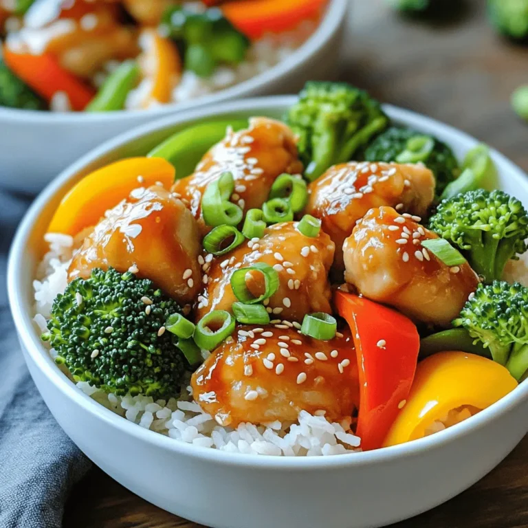 - 1 lb boneless, skinless chicken thighs, cut into bite-sized pieces - 3 tablespoons sesame oil - 2 tablespoons low-sodium soy sauce - 1 tablespoon honey - 2 cloves garlic, minced - 1 tablespoon fresh ginger, finely grated - 1 cup fresh broccoli florets - 1 cup bell peppers, thinly sliced (a vibrant mix of red and yellow) - 1 cup cooked jasmine rice - 2 green onions, thinly sliced - 1 tablespoon sesame seeds - Salt and freshly ground black pepper to taste You can add other veggies like snap peas or carrots. For extra protein, try adding tofu or shrimp. Mix in some cashews for a crunchy bite. You can also serve it with a side of lime for a zesty kick. Each serving of sesame chicken bowls offers a balance of protein, carbs, and fats. The chicken provides lean protein, while the veggies add fiber and vitamins. The sesame oil adds healthy fats. Jasmine rice gives you energy from carbs. Overall, this dish is satisfying and nourishing, making it a great dinner option. Start by mixing the chicken pieces in a bowl. Add 1 tablespoon of sesame oil, soy sauce, honey, minced garlic, and grated ginger. Stir well to coat the chicken. This step adds flavor. Let it sit for at least 15 minutes. The longer it marinates, the better it tastes. Heat 2 tablespoons of sesame oil in a large skillet over medium-high heat. Once hot, add the marinated chicken. Spread it out so it cooks evenly. Cook for about 5-7 minutes. Stir occasionally until the chicken is browned and cooked through. It should have no pink inside. Now, add the broccoli florets and sliced bell peppers. Stir-fry them with the chicken for 3-4 minutes. The veggies should be tender and bright. Take your cooked jasmine rice and divide it among serving bowls. Top each bowl with the chicken and vegetable mix. This creates a colorful dish. For the finishing touch, add sliced green onions and sprinkle sesame seeds on top. This not only looks great but adds flavor, too. To get the best flavor, marinate your chicken right. Use a bowl big enough for the chicken pieces. Combine chicken with sesame oil, soy sauce, honey, garlic, and ginger. Stir well so each piece gets coated. Marinate for at least 15 minutes. If you have more time, let it sit for up to an hour. This extra time helps the chicken soak up all the tastes. When cooking, heat your skillet or wok until it’s very hot. Use the remaining sesame oil for the best taste. Add the marinated chicken in one layer. Don’t crowd the pan; this keeps the chicken from steaming. Cook for about 5-7 minutes, stirring often. When the chicken is browned, add your vegetables. Stir-fry them for another 3-4 minutes. Look for bright colors and a tender-crisp texture. Presentation matters! Serve your sesame chicken bowls in wide, shallow bowls. Start with a base of fluffy jasmine rice. Layer the chicken and veggies on top. This creates a beautiful contrast of colors. Finish with a sprinkle of sesame seeds and sliced green onions. For a fun touch, add a slice of lime or lemon on the side for zest. This not only looks great but adds more flavor when squeezed on top. {{image_4}} If you want a veggie twist, swap the chicken for tofu. Use firm tofu for best results. Press it to remove extra water, then cut it into cubes. Marinate the tofu just like the chicken. You can also use tempeh or seitan for a meaty texture. These options soak up flavors well, giving you a tasty dish. While jasmine rice works great, feel free to explore other grains. Quinoa adds a nutty flavor and boosts nutrition. Brown rice offers a chewy texture and is more filling. You can also use cauliflower rice for a low-carb option. Each grain changes the dish, making it unique. You can easily adjust the flavor to your taste. For spice, add red pepper flakes or sriracha to the marinade. To enhance sweetness, increase the honey or add a splash of orange juice. Try adding fresh herbs like basil or cilantro for a fresh twist. Each variation gives a new spin to your sesame chicken bowls. To keep your sesame chicken bowls fresh, place leftovers in an airtight container. Make sure to separate the chicken and vegetables from the rice. This helps keep everything from getting soggy. Store the container in the fridge for up to three days. If you want to store it longer, freeze the chicken and veggies in a freezer-safe bag for up to three months. When you’re ready to enjoy your leftovers, take them out of the fridge. If frozen, let them thaw overnight in the fridge. To reheat, warm the chicken and veggies in a skillet over medium heat. Stir occasionally until heated through. You can also microwave them in a bowl. Just cover it and heat for one to two minutes, stirring halfway. Meal prep makes busy days easier. Cook a big batch of sesame chicken and rice on the weekend. You can pack them into containers for quick meals. For added flavor, mix in a bit of extra soy sauce or sesame oil before storing. Keep sliced green onions and sesame seeds separate until you're ready to eat. This keeps them fresh and crunchy. You can use peanut oil or olive oil. Both give a nice flavor. Keep in mind that peanut oil has a nutty taste. Olive oil works well but will change the flavor slightly. For a similar taste, try a mix of other oils and a bit of sesame seeds. Yes, you can use chicken breasts. They are leaner than thighs. This change may make the dish less juicy but still tasty. Just be careful not to overcook the chicken breasts. They cook faster than thighs, so check for doneness sooner. Marinate the chicken for at least 15 minutes. This helps the flavors soak in. For even more taste, you can marinate it for up to an hour. Just remember to keep it in the fridge while marinating. This dish is not gluten-free due to soy sauce. To make it gluten-free, use tamari sauce instead. Tamari sauce is a great alternative and tastes similar. Always check labels to be sure there are no hidden gluten ingredients. In this article, we explored making sesame chicken bowls. We covered key ingredients, steps to cook, and ways to customize your dish. You also learned useful tips for marinating and serving. For those seeking alternatives, we offered vegetarian ideas and different flavor profiles. Finally, we discussed storage and reheating options. Enjoy creating your sesame chicken bowls with these guides. They are tasty, fun, and easy to make. Happy cooking!